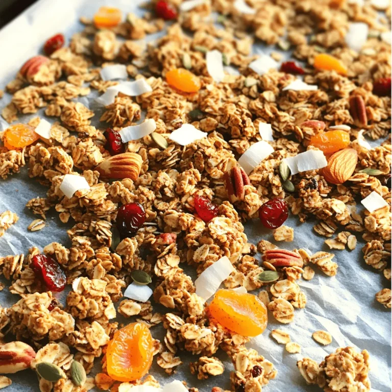 To make this delicious granola, start with these main ingredients: - 3 cups rolled oats - 1 cup nuts (choose from almonds, pecans, or walnuts), coarsely chopped - 1/2 cup mixed seeds (pumpkin seeds and sunflower seeds) These ingredients form the base of your granola. Rolled oats give it the crunch, while nuts and seeds add healthy fats and protein. Next, we need flavoring ingredients to create that chai spice goodness: - 1/2 cup unsweetened coconut flakes - 1/2 cup honey or pure maple syrup - 1/4 cup coconut oil, melted - 2 teaspoons ground cinnamon - 1 teaspoon ground ginger - 1/2 teaspoon ground cardamom - 1/4 teaspoon freshly ground black pepper - 1/4 teaspoon ground cloves - 1/4 teaspoon sea salt These flavorings bring warmth and sweetness. The spices create a cozy chai taste that warms your soul. For extra fun, consider these optional additions: - 1/2 cup dried fruit (options: raisins, cranberries, or chopped apricots), added after baking - 1 teaspoon pure vanilla extract Adding dried fruit gives a sweet burst, while coconut oil helps everything stick together. You can find the full recipe to get started on this tasty treat. First, preheat your oven to 350°F (175°C). This step is key for achieving that perfect crunch. Next, prepare a large baking sheet by lining it with parchment paper. This keeps your granola from sticking and makes cleanup easier. In a spacious mixing bowl, mix the rolled oats, coarsely chopped nuts, mixed seeds, and coconut flakes. Stir gently to blend everything well. This step is crucial to ensure each bite is packed with flavor. In a separate smaller bowl, whisk together the honey (or maple syrup), melted coconut oil, and pure vanilla extract. You want this mixture to be smooth and well combined. This liquid will help bind your granola and add sweetness. Pour this liquid mixture over the dry ingredients. Toss everything together until the dry ingredients are fully coated. This ensures every piece of granola is flavorful and delicious. Now, in another small bowl, mix all the spices: ground cinnamon, ground ginger, ground cardamom, black pepper, ground cloves, and sea salt. Sprinkle this spice blend evenly over the granola mixture. Stir again to coat every piece with those amazing spices. Spread the granola mixture into a single layer on the prepared baking sheet. It should be evenly spread out for consistent baking. Place the baking sheet in your preheated oven. Bake for 20-25 minutes, stirring halfway through. This helps the granola brown evenly. Watch for a nice golden hue to know it's ready. Once done, take the granola out of the oven and let it cool completely on the baking sheet. This cooling step is important to get that delightful crunch. After it cools, gently mix in your choice of dried fruit. Finally, transfer the granola to an airtight container to keep it fresh. Enjoy the crunchy and flavorful delight of your homemade chai spiced granola! For the complete recipe, check out the [Full Recipe]. To get that perfect crunch in your chai spiced granola, let it cool on the baking sheet. Cooling helps it firm up. If you skip this step, your granola may stay soft. Once you take it out of the oven, leave it alone for at least 30 minutes. Don't stir it right away. This is key for that crunchy texture you want. For maximum crunch, spread the mixture in a single layer before baking. If it's too thick, it won't cook evenly. Stir it halfway through baking to brown all sides. Keep an eye on it to avoid burning. You can switch up the nuts and seeds based on what you like. Almonds, pecans, or walnuts are great choices. For seeds, try pumpkin or sunflower seeds. This gives you a chance to mix flavors and textures. If you want to change sweeteners, consider using maple syrup or agave nectar. These options work well for different diets. They can add a unique taste to your granola, too. There are many fun ways to enjoy chai spiced granola. You can eat it plain as a snack. Adding yogurt and fresh fruits makes a lovely breakfast. You can also sprinkle it on smoothies for extra crunch. For a twist, try it over oatmeal or as a topping for desserts. The warm spices will elevate any dish. Enjoy this tasty granola in your own creative ways! For the detailed preparation, check out the Full Recipe. {{image_4}} To make this granola gluten-free, use gluten-free oats. Check the labels to ensure no cross-contamination. You can also use gluten-free sweeteners, like pure maple syrup, instead of honey. This keeps your granola safe for those with gluten allergies. If you need a nut-free granola, simply swap nuts for seeds. Sunflower seeds or pumpkin seeds work well. They add crunch and nutrition, while keeping the flavor intact. You won't miss the nuts, and this version is safe for most schools and events. Want to change the spice level? You can easily tweak the recipe. For more heat, add extra ground ginger or a pinch of cayenne pepper. If you prefer it sweeter, add more honey or maple syrup. Taste as you go to find your perfect blend. To keep your chai spiced granola fresh, store it in an airtight container. This helps keep moisture out. Use glass jars or plastic bins with tight seals. Store in a cool, dark place like a pantry. Avoid exposing your granola to sunlight, as it can affect its flavor. Homemade granola lasts about two to three weeks at room temperature. If you notice any off smells or changes in texture, it may be time to toss it. Signs of spoilage include a stale taste or changes in color. Always check your granola before using it. Freezing is a great way to store granola long-term. To freeze it, let the granola cool completely. Then, place it in a freezer-safe bag or container. Remove as much air as possible to avoid freezer burn. When you want to enjoy it, thaw it in the fridge overnight. You can also use it straight from the freezer in smoothies or yogurt bowls. To make Chai Spiced Granola, follow these steps: 1. Preheat your oven to 350°F (175°C). Line a baking sheet with parchment paper. 2. In a large bowl, mix together rolled oats, chopped nuts, mixed seeds, and coconut flakes. 3. In another bowl, whisk together honey (or maple syrup), melted coconut oil, and vanilla extract. 4. Pour the liquid mixture over the dry ingredients. Toss until everything is well mixed. 5. In a small bowl, combine the spices: cinnamon, ginger, cardamom, black pepper, cloves, and sea salt. 6. Sprinkle the spice blend over the granola mix. Stir again to coat everything evenly. 7. Spread the mixture out on the baking sheet in a single layer. 8. Bake for 20-25 minutes. Stir halfway through for even browning. 9. Once golden, remove from the oven and let it cool completely. 10. Add your choice of dried fruit and store in an airtight container. Yes, you can replace honey with other sweeteners. Here are some great options: - Maple syrup: A good choice for a vegan option. - Agave nectar: Sweet and mild, it works well too. - Brown rice syrup: This is less sweet but can add a nice flavor. - Coconut sugar: Use it for a lower glycemic index. Homemade granola can last for about 2-3 weeks when stored correctly. Here are some tips for storage: - Keep it in an airtight container to keep it fresh. - Store in a cool, dry place to prevent moisture. - Check for any signs of spoilage, like off smells or a change in texture. Chai Spiced Granola is quite healthy! Here are some benefits: - Rolled oats are great for heart health and provide fiber. - Nuts add protein and healthy fats, keeping you full longer. - Seeds give you vitamins and minerals, boosting your nutrition. - The spices like cinnamon and ginger can help with digestion. You can enjoy Chai Spiced Granola in many ways. Here are some ideas: - Serve it with yogurt and fresh fruits for a tasty breakfast. - Add it to smoothies for a crunchy texture. - Use it as a topping on desserts like ice cream or chia pudding. - Pair it with milk or a plant-based drink for a quick snack. For the full recipe, check out the instructions above. Enjoy your flavorful and crunchy granola! You learned how to make delicious Chai Spiced Granola. We covered ingredients, steps, tips, and storage. You can customize it with different nuts, seeds, or spices. Don’t forget to store it properly for freshness. This recipe is a great way to enjoy healthy snacks. Plus, it pairs well with yogurt or smoothies. I hope you try making your own. Enjoy the crunch and flavors of your creation!