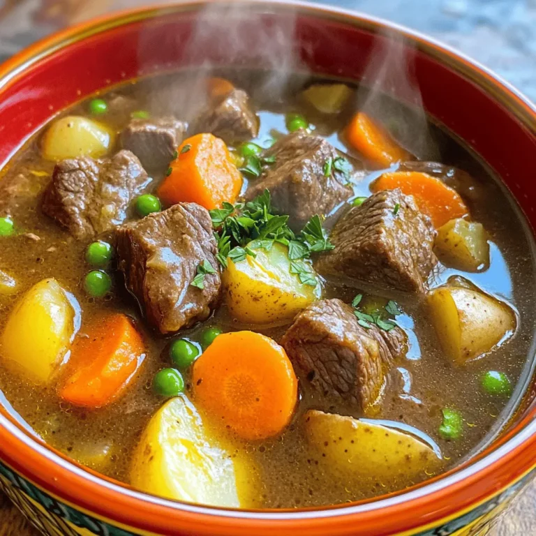 - 2 pounds beef chuck, cut into 1-inch cubes - 2 tablespoons extra virgin olive oil - 1 large onion, finely chopped - 3 cloves garlic, minced - 4 medium-sized carrots, sliced - 3 medium potatoes, diced - 1 cup green peas (frozen) - 4 cups beef broth - 2 tablespoons tomato paste - 2 teaspoons dried thyme - 1 teaspoon smoked paprika - Salt and pepper, to taste - Fresh parsley for garnish I love using fresh ingredients for my Instant Pot beef stew. The beef chuck gives a rich flavor. I find the extra virgin olive oil helps brown the meat well. Chopping the onion and garlic brings out their great taste. The carrots and potatoes add a nice texture. Frozen peas are easy to use and make the stew colorful. Each ingredient plays a role. The beef broth adds depth. Tomato paste makes it hearty. Dried thyme and smoked paprika create warmth. Salt and pepper bring all the flavors together. Fresh parsley at the end adds brightness. This mix makes a comforting family meal that everyone will enjoy. You can check out the Full Recipe for step-by-step directions on how to make this delicious dish! To start, select the Sauté function on your Instant Pot. Add 2 tablespoons of extra virgin olive oil. Once the oil heats, add the 2 pounds of beef chuck, cut into 1-inch cubes. Sprinkle them with salt and black pepper. Sauté the beef for about 5 to 7 minutes until it gets a nice brown crust. This browning adds great flavor. After that, carefully remove the beef from the pot and set it aside on a plate. With the pot still hot, toss in the finely chopped onion and minced garlic. Cook these for about 2 to 3 minutes. You want the onion to turn soft and fragrant. This step builds a solid flavor base for your stew. Next, add the sliced carrots and diced potatoes to the pot. Sprinkle in 2 teaspoons of dried thyme and 1 teaspoon of smoked paprika. Stir everything well, making sure the veggies get coated with the spices. Then, add 2 tablespoons of tomato paste. Pour in 4 cups of rich beef broth. Use a wooden spoon to scrape the bottom of the pot gently. This deglazing step lifts tasty bits that will boost your stew’s flavor. Now, return the browned beef to the pot. Mix it in with the other ingredients. Ensure the beef is fully submerged in the broth for even cooking. Secure the lid of the Instant Pot and switch it to Manual mode. Set the timer for 35 minutes and make sure the pressure valve is set to Sealing. Once the cooking time is done, let the pressure release naturally for about 10 minutes. After that, you can carefully switch the valve to Venting to release any leftover pressure. Open the lid and stir in 1 cup of green peas. If you like a thicker stew, use an immersion blender to blend a small portion of the stew. Then mix that back into the pot for a heartier texture. Ladle generous portions of the beef stew into bowls. Garnish each bowl with a sprinkle of freshly chopped parsley. This adds a pop of color and flavor. For a cozy meal, serve your stew with warm, crusty bread on the side. Enjoy your comforting family meal! To make your beef stew really shine, choose beef chuck for its tenderness. This cut breaks down well under pressure, giving you juicy bites. When it comes to spices, add dried thyme and smoked paprika. They bring warmth and depth to your dish. A pinch of salt and black pepper enhances all the flavors. If you live at a higher altitude, increase your cooking time by a few minutes. This helps the stew cook through evenly. To get the right consistency, consider blending a small portion of the stew after cooking. It thickens the broth without losing the chunky feel. To cut down on salt, use low-sodium beef broth. This keeps the flavor while reducing sodium intake. You can swap in more vegetables like bell peppers or zucchini for extra nutrition. These additions make your stew colorful and healthy. For a heartier meal, consider adding beans or lentils. For the full recipe, check out the details earlier in the article. Enjoy your cooking! {{image_4}} You can switch up the meat in your stew. Chicken or pork works well too. Just cut them into cubes like the beef. For a meat-free option, use hearty veggies like mushrooms and lentils. These add great texture and flavor while keeping it wholesome. To deepen the flavor, consider adding red wine. It gives the stew a rich taste. If you want to get creative, try adding herbs like rosemary or bay leaves. Spices such as cumin or coriander can also add a unique twist to your dish. You can modify ingredients based on the season. In winter, root vegetables like parsnips are nice. Spring brings fresh peas and asparagus. Use local produce for the best flavor. You’ll enjoy a fresher taste while supporting local farmers. For the complete dish, check the Full Recipe to guide your cooking adventure. To keep your beef stew fresh, store it in an airtight container. Place it in the fridge within two hours of cooking. This helps keep the flavors intact. Use the stew within three to four days. For longer storage, freeze the stew. Portion it into freezer-safe bags. Squeeze out as much air as you can before sealing. This prevents freezer burn and keeps your stew tasty. When it's time to enjoy your leftovers, reheat the stew gently. You can use the stove or microwave. If using the stove, heat it over low to medium heat. Stir often to avoid sticking. For the microwave, use a microwave-safe bowl. Heat on medium power for two to three minutes. Check the temperature and stir halfway. The stew should be hot all the way through but not boiling. In the fridge, your beef stew lasts three to four days. After that, it's best to toss it. Look for signs of spoilage like an off smell or mold. If the stew develops a strange color, it’s also time to discard it. Always trust your senses. When in doubt, throw it out. Enjoying beef stew is best when it's safe to eat! Try the Full Recipe for the perfect stew experience. Yes, you can use frozen beef in this stew. The Instant Pot cooks frozen beef well. Just remember, it will take longer to come to pressure. For best results, cut the beef into smaller chunks. This helps it cook evenly. When using frozen beef, add an extra 10 minutes to the cooking time. Make sure to check the beef for tenderness after cooking. If your stew is too thin, don’t worry! You can easily thicken it. One method is to mix a tablespoon of cornstarch with a little cold water. Stir this mixture into the stew. Next, use the sauté function to heat it for a few minutes. Another option is to blend a portion of the stew with an immersion blender. This adds thickness while keeping the chunky texture. Yes, you can prepare this stew in advance. Make it a day ahead and store it in the fridge. The flavors will deepen as it sits. To save time, chop your veggies and beef the night before. You can also cook and freeze the stew. Just let it cool completely before transferring it to a freezer-safe container. When you are ready to serve, thaw it overnight in the fridge and reheat on the stove or in the microwave. For the full recipe, check the earlier sections. This blog post covered everything you need for a delicious Instant Pot beef stew. We explored essential ingredients, preparation steps, tips for flavor, and variations to meet your taste. Remember, the right beef cut and spices make a big difference. You can adjust the vegetables for a healthier version too. Enjoy your stew with crusty bread, and don’t forget to store leftovers properly. Try these methods and make this meal your own. Happy cooking!