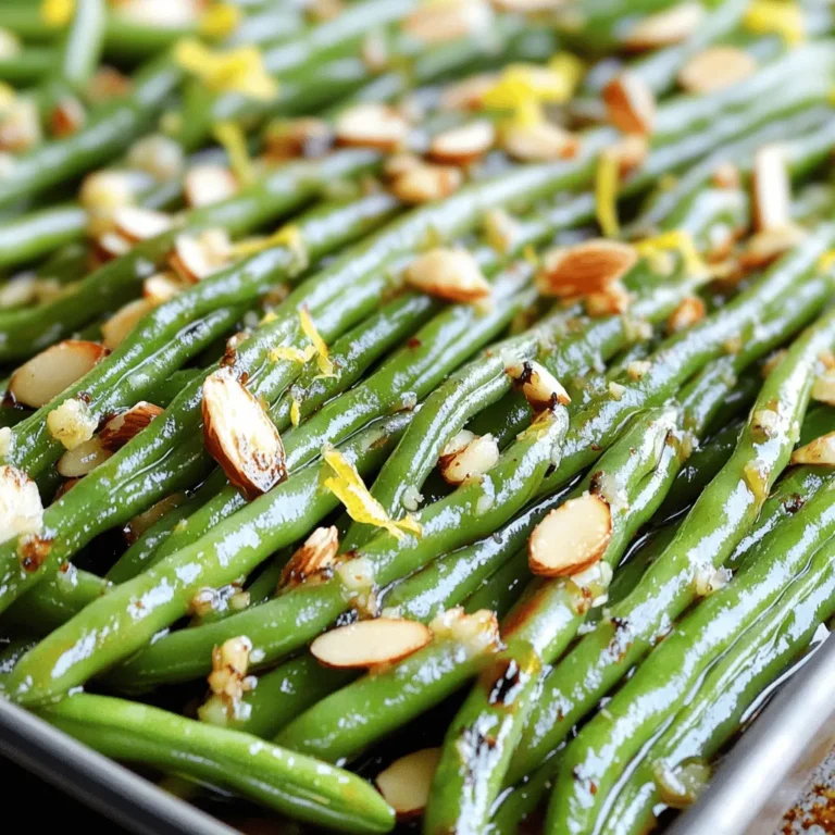 - 1 pound fresh green beans, thoroughly trimmed - 4 cloves garlic, finely minced - 3 tablespoons extra virgin olive oil - Zest of 1 lemon - 1 tablespoon balsamic vinegar - 1/2 teaspoon sea salt - 1/4 teaspoon freshly ground black pepper - 1/4 teaspoon red pepper flakes (optional for a spicy kick) - 2 tablespoons sliced toasted almonds, for elegant garnish You can add a few extras to enhance the flavor. Consider using: - A squeeze of fresh lemon juice for brightness - Grated Parmesan cheese for a rich touch - Fresh herbs like parsley or thyme for freshness This dish is not only tasty but also healthy! Here’s a rough breakdown per serving: - Calories: 150 - Protein: 3g - Carbohydrates: 10g - Fat: 12g - Fiber: 4g Roasted garlic green beans are a great side dish. They add color and nutrients to your meal. Plus, they are simple to make. You can find the full recipe for these delicious beans above. First, you need to set your oven to 425°F (220°C). Preheating the oven helps the beans roast evenly. This step is key for getting that nice caramelization. Next, take 1 pound of fresh green beans and trim the ends. In a large bowl, mix the trimmed beans with 4 cloves of finely minced garlic. Add 3 tablespoons of extra virgin olive oil, the zest of 1 lemon, and 1 tablespoon of balsamic vinegar. Season with 1/2 teaspoon of sea salt, 1/4 teaspoon of black pepper, and a pinch of red pepper flakes if you like spice. Toss everything well. Make sure each bean gets coated in the mixture. Now, line a baking sheet with parchment paper for easy cleanup. Spread the green beans in a single layer on the sheet. This helps them roast well without steaming. Place them in the preheated oven for 20-25 minutes. Halfway through, stir the beans to ensure they roast evenly. They should be tender with some edges caramelized. When done, take them out and sprinkle 2 tablespoons of sliced toasted almonds on top. This adds a nice crunch. Enjoy your beautiful side dish! For the full recipe, check out the instructions above. To get the best roasted green beans, spread them out on the baking sheet. If they are too close, they will steam instead of roast. This means they won’t get that nice, crispy edge you want. Stir them halfway through cooking to help them brown evenly. Fresh garlic makes a big difference in taste. Use whole cloves and mince them yourself for a stronger flavor. You can also roast the garlic before adding it to the green beans. Roasted garlic adds a sweet, rich taste to your dish. These green beans go well with many dishes. Serve them with grilled chicken or fish for a tasty meal. They also make a great side for pasta dishes. For a festive touch, sprinkle some toasted almonds on top. This adds crunch and flavor. You can find the full recipe with easy steps to make this dish right here. {{image_4}} You can add more veggies to your roasted garlic green beans. Try using carrots, bell peppers, or zucchini. Cut them into similar sizes so they cook evenly. This mix creates a colorful dish, adding flavor and texture. Roasting helps all the vegetables caramelize, giving them a sweet taste. This recipe is already vegetarian and vegan-friendly! It uses fresh green beans, garlic, and olive oil. You can keep it plant-based by using vegetable broth instead of balsamic vinegar. This small switch adds depth without changing the dish. Everyone can enjoy this tasty side! To boost the taste, try adding herbs like thyme or rosemary. Toss in some lemon juice for brightness. You can also sprinkle some cheese on top after baking. Parmesan or feta work well for extra creaminess. For a spicy twist, add more red pepper flakes. These small changes can make your dish unique. For the complete recipe, check out the Full Recipe. After enjoying your roasted garlic green beans, let them cool down first. Place any leftovers in a clean, airtight container. Store them in the fridge for up to three days. This way, you keep the flavor fresh and tasty. If you want to save them longer, consider freezing. To reheat, you can use the oven or microwave. For the oven, preheat it to 350°F (175°C). Spread the green beans on a baking sheet and heat for about 10 minutes. This helps them regain their crispness. If you use a microwave, heat them in short bursts, stirring in between. This keeps them from getting soggy. To freeze your roasted garlic green beans, let them cool completely. Place them in freezer-safe bags or containers. Make sure to remove as much air as possible. They can last up to three months in the freezer. When you’re ready to eat, thaw them in the fridge overnight before reheating. Enjoy your delicious meal again! For the full recipe, check out the link above. Roasted green beans last for about 3 to 5 days in the fridge. To keep them fresh, store them in an airtight container. This will help maintain their taste and texture. When you are ready to eat them, simply reheat in the oven or microwave. Yes, you can use frozen green beans. However, they may not get as crispy as fresh ones. If you use frozen beans, be sure to thaw and drain them first. Pat them dry with a paper towel to remove excess moisture. This will help them roast better. Roasted garlic green beans pair well with many dishes. They work great with grilled chicken, steak, or fish. You can also serve them alongside pasta or rice for a hearty meal. Try them with a squeeze of lemon juice for a fresh twist. For the full recipe, visit the [Full Recipe](#). This will guide you through each step for perfect roasted garlic green beans. Enjoy the cooking! Roasted garlic green beans are simple yet delicious. You learned about ingredients, instructions, and tips to make them perfect. We discussed variations and how to store leftovers for later. Remember, even roasting gives the best flavor. Try mixing in other veggies to change things up. Use these ideas to enjoy your meals. Keeping it tasty and nutritious is always key. Now, it's time to put this into action and savor your dish!