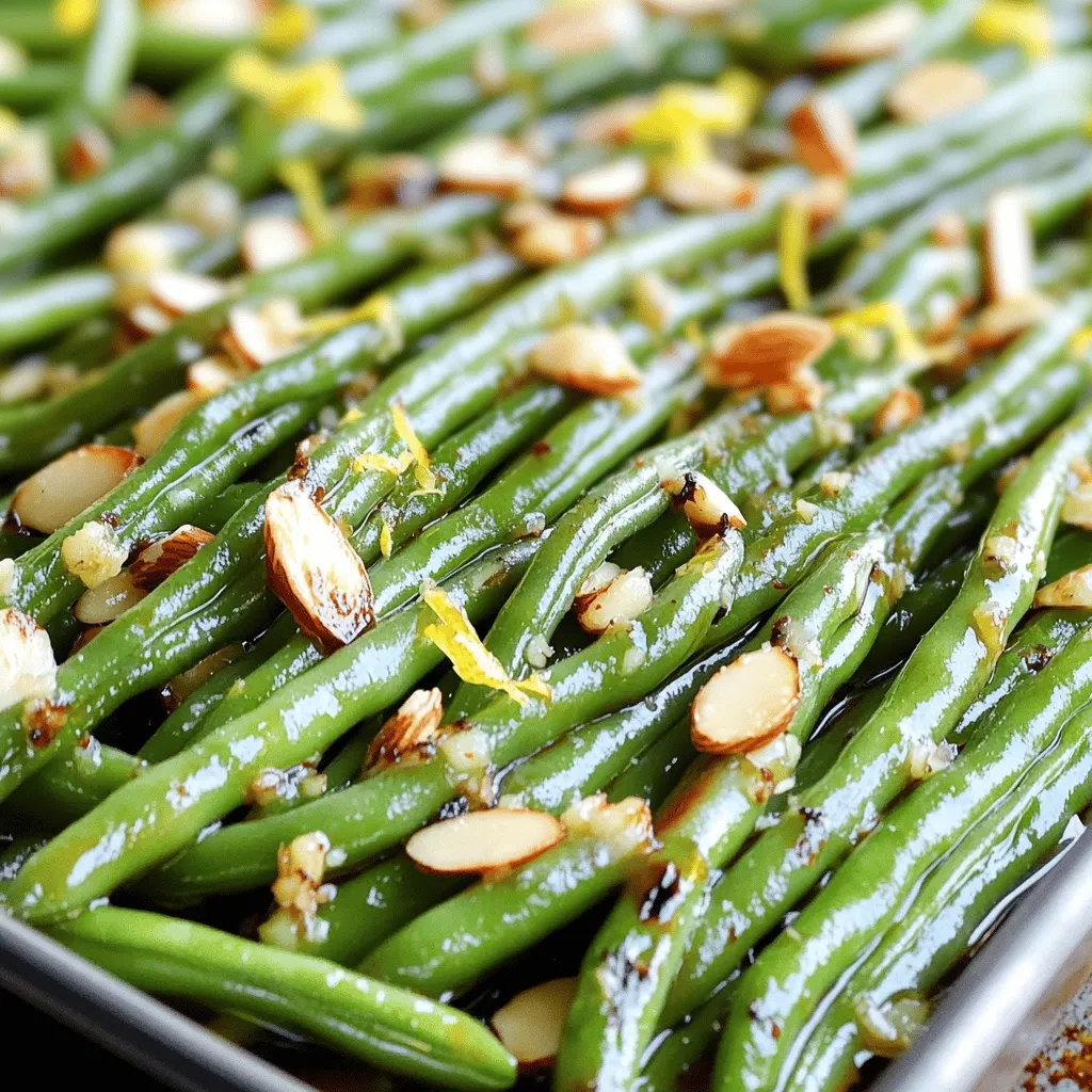 - 1 pound fresh green beans, thoroughly trimmed - 4 cloves garlic, finely minced - 3 tablespoons extra virgin olive oil - Zest of 1 lemon - 1 tablespoon balsamic vinegar - 1/2 teaspoon sea salt - 1/4 teaspoon freshly ground black pepper - 1/4 teaspoon red pepper flakes (optional for a spicy kick) - 2 tablespoons sliced toasted almonds, for elegant garnish You can add a few extras to enhance the flavor. Consider using: - A squeeze of fresh lemon juice for brightness - Grated Parmesan cheese for a rich touch - Fresh herbs like parsley or thyme for freshness This dish is not only tasty but also healthy! Here’s a rough breakdown per serving: - Calories: 150 - Protein: 3g - Carbohydrates: 10g - Fat: 12g - Fiber: 4g Roasted garlic green beans are a great side dish. They add color and nutrients to your meal. Plus, they are simple to make. You can find the full recipe for these delicious beans above. First, you need to set your oven to 425°F (220°C). Preheating the oven helps the beans roast evenly. This step is key for getting that nice caramelization. Next, take 1 pound of fresh green beans and trim the ends. In a large bowl, mix the trimmed beans with 4 cloves of finely minced garlic. Add 3 tablespoons of extra virgin olive oil, the zest of 1 lemon, and 1 tablespoon of balsamic vinegar. Season with 1/2 teaspoon of sea salt, 1/4 teaspoon of black pepper, and a pinch of red pepper flakes if you like spice. Toss everything well. Make sure each bean gets coated in the mixture. Now, line a baking sheet with parchment paper for easy cleanup. Spread the green beans in a single layer on the sheet. This helps them roast well without steaming. Place them in the preheated oven for 20-25 minutes. Halfway through, stir the beans to ensure they roast evenly. They should be tender with some edges caramelized. When done, take them out and sprinkle 2 tablespoons of sliced toasted almonds on top. This adds a nice crunch. Enjoy your beautiful side dish! For the full recipe, check out the instructions above. To get the best roasted green beans, spread them out on the baking sheet. If they are too close, they will steam instead of roast. This means they won’t get that nice, crispy edge you want. Stir them halfway through cooking to help them brown evenly. Fresh garlic makes a big difference in taste. Use whole cloves and mince them yourself for a stronger flavor. You can also roast the garlic before adding it to the green beans. Roasted garlic adds a sweet, rich taste to your dish. These green beans go well with many dishes. Serve them with grilled chicken or fish for a tasty meal. They also make a great side for pasta dishes. For a festive touch, sprinkle some toasted almonds on top. This adds crunch and flavor. You can find the full recipe with easy steps to make this dish right here. {{image_4}} You can add more veggies to your roasted garlic green beans. Try using carrots, bell peppers, or zucchini. Cut them into similar sizes so they cook evenly. This mix creates a colorful dish, adding flavor and texture. Roasting helps all the vegetables caramelize, giving them a sweet taste. This recipe is already vegetarian and vegan-friendly! It uses fresh green beans, garlic, and olive oil. You can keep it plant-based by using vegetable broth instead of balsamic vinegar. This small switch adds depth without changing the dish. Everyone can enjoy this tasty side! To boost the taste, try adding herbs like thyme or rosemary. Toss in some lemon juice for brightness. You can also sprinkle some cheese on top after baking. Parmesan or feta work well for extra creaminess. For a spicy twist, add more red pepper flakes. These small changes can make your dish unique. For the complete recipe, check out the Full Recipe. After enjoying your roasted garlic green beans, let them cool down first. Place any leftovers in a clean, airtight container. Store them in the fridge for up to three days. This way, you keep the flavor fresh and tasty. If you want to save them longer, consider freezing. To reheat, you can use the oven or microwave. For the oven, preheat it to 350°F (175°C). Spread the green beans on a baking sheet and heat for about 10 minutes. This helps them regain their crispness. If you use a microwave, heat them in short bursts, stirring in between. This keeps them from getting soggy. To freeze your roasted garlic green beans, let them cool completely. Place them in freezer-safe bags or containers. Make sure to remove as much air as possible. They can last up to three months in the freezer. When you’re ready to eat, thaw them in the fridge overnight before reheating. Enjoy your delicious meal again! For the full recipe, check out the link above. Roasted green beans last for about 3 to 5 days in the fridge. To keep them fresh, store them in an airtight container. This will help maintain their taste and texture. When you are ready to eat them, simply reheat in the oven or microwave. Yes, you can use frozen green beans. However, they may not get as crispy as fresh ones. If you use frozen beans, be sure to thaw and drain them first. Pat them dry with a paper towel to remove excess moisture. This will help them roast better. Roasted garlic green beans pair well with many dishes. They work great with grilled chicken, steak, or fish. You can also serve them alongside pasta or rice for a hearty meal. Try them with a squeeze of lemon juice for a fresh twist. For the full recipe, visit the [Full Recipe](#). This will guide you through each step for perfect roasted garlic green beans. Enjoy the cooking! Roasted garlic green beans are simple yet delicious. You learned about ingredients, instructions, and tips to make them perfect. We discussed variations and how to store leftovers for later. Remember, even roasting gives the best flavor. Try mixing in other veggies to change things up. Use these ideas to enjoy your meals. Keeping it tasty and nutritious is always key. Now, it's time to put this into action and savor your dish!