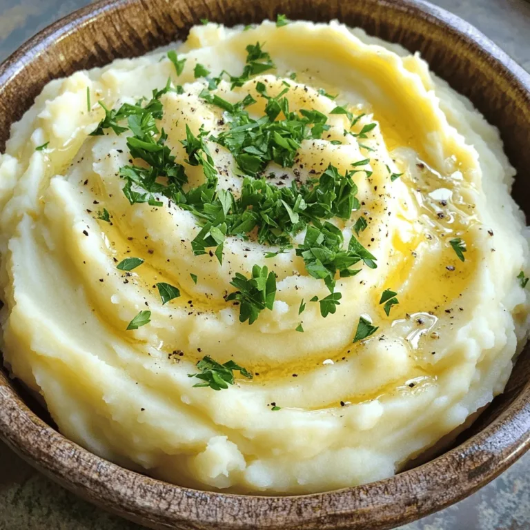 To make garlic Parmesan mashed potatoes, you need a few simple ingredients. Here’s what you will need: - 2 pounds russet potatoes, peeled and cut into 1-inch chunks - 4 cloves garlic, finely minced - ½ cup unsalted butter (1 stick) - 1 cup heavy cream, warmed - 1 cup freshly grated Parmesan cheese - Salt and freshly cracked pepper, to taste - 2 tablespoons fresh parsley, finely chopped (for garnish) - Optional: ½ teaspoon garlic powder for an extra layer of flavor Each ingredient plays a key role in creating that creamy, dreamy texture. Russet potatoes give a fluffy base. The butter brings richness, while the heavy cream adds smoothness. Fresh garlic offers a punch of flavor, and Parmesan gives a salty bite. Don’t forget the salt and pepper; they balance the dish perfectly. For a touch of color and freshness, sprinkle chopped parsley on top. If you want more garlic flavor, add the optional garlic powder. These ingredients come together to create a comfort dish that feels special. For the full recipe, check out the details above! Cooking the Potatoes: Start with two pounds of russet potatoes. Peel them and cut them into one-inch chunks. Place the potatoes in a large pot. Cover them with cold water and add a pinch of salt. Bring the water to a boil over medium-high heat. Once boiling, reduce the heat to medium-low. Let the potatoes simmer for about 15 to 20 minutes, or until they are fork-tender. This is key for creamy mashed potatoes. Creating Garlic Butter: While the potatoes cook, melt half a cup of unsalted butter in a small saucepan over medium heat. After the butter melts, add four cloves of finely minced garlic. Sauté the garlic for one to two minutes. Stir constantly and watch closely to avoid burning. The garlic should be fragrant but not brown. Once ready, remove the saucepan from heat. Mashing Potatoes: After draining the cooked potatoes, return them to the pot. Pour the garlic-infused butter over the potatoes. Add one cup of warmed heavy cream and one cup of freshly grated Parmesan cheese. For texture, you can use a potato masher for a rustic feel or an electric mixer for a smooth finish. Mash until you reach your desired consistency. If you want a chunkier texture, mash for a shorter time. Taste and season with salt and freshly cracked pepper. For extra flavor, consider adding half a teaspoon of garlic powder. Mix it well. Now, you’re ready to enjoy a delightful bowl of garlic Parmesan mashed potatoes. For the full recipe, check out the details above! Tips for Choosing Potatoes: For the best mashed potatoes, I recommend using russet potatoes. They are starchy and fluffy, perfect for mashing. Yukon gold potatoes work too, giving a creamy feel. Avoid waxy potatoes, as they can turn mushy. Warm Liquid Basis: Heating cream and butter is key. Warm liquids blend better, making the potatoes creamy. Cold liquids can cool down the mix, leading to lumpy potatoes. Heat the cream gently, so it’s warm but not boiling. How to Avoid Gluey Mashed Potatoes: To keep your potatoes light, don't over-mash them. Use a potato masher or mixer briefly. Overworking the potatoes releases too much starch, creating a gluey texture. Mix just until smooth, and you'll have fluffy mashed potatoes. For the full recipe, check out the Garlic Bliss Parmesan Mashed Potatoes. {{image_4}} You can easily change the flavor of your garlic Parmesan mashed potatoes. Let’s explore some fun ways to do this. Herb Variations: Adding herbs can make a big difference. You can mix in fresh rosemary or thyme. Just chop a tablespoon of each and stir them into the potatoes. This gives a fresh taste and a nice aroma. Cheese Alternatives: If you want to try something new, swap out the Parmesan cheese. Cheddar works well for a sharper taste. You can also use cream cheese for a richer, creamier texture. Just mix in a cup of your choice until it melts in. Vegan Options: For a vegan version, you can use non-dairy alternatives. Substitute the butter with vegan butter or olive oil. Use almond milk or coconut cream instead of heavy cream. These swaps keep the dish creamy without dairy. Looking for the full recipe? Check out the [Full Recipe] for all the details! To keep your Garlic Parmesan Mashed Potatoes fresh, store them in an airtight container. Place the container in the fridge. They can stay good for about 3 to 5 days. When freezing, ensure the mashed potatoes are cool. Use freezer-safe bags or containers. Squeeze out extra air to prevent freezer burn. They can last up to 2 months in the freezer. To reheat, first, thaw them in the fridge overnight. You can also use the microwave. Add a splash of cream to keep them creamy. Stir well as you heat them to avoid hot spots. For the stove, warm over low heat in a pan. Stir often and add a bit of butter if needed. For more details on making this dish, check the Full Recipe. To make Garlic Parmesan Mashed Potatoes, start with two pounds of russet potatoes. Peel them and cut them into one-inch chunks. Boil the potatoes in salted water until fork-tender, about 15-20 minutes. While cooking, melt half a cup of unsalted butter and sauté four minced garlic cloves until fragrant. Drain the potatoes, then mix in the garlic butter, one cup of warmed heavy cream, and one cup of grated Parmesan cheese. Mash to your desired smoothness, season with salt and pepper, and garnish with chopped parsley. Yes, you can make garlic Parmesan mashed potatoes ahead of time. Prepare them as directed, then cool them down completely. Store in an airtight container in the fridge for up to three days. When you’re ready to serve, reheat them gently on the stove or in the microwave. Add a splash of cream or milk to restore creaminess. Garlic Parmesan mashed potatoes pair perfectly with many dishes. They complement roasted chicken, grilled steak, or baked salmon beautifully. You can also serve them with vegetable dishes, like sautéed green beans or roasted Brussels sprouts. For a comforting meal, add a rich gravy or mushroom sauce on top. Enjoy experimenting with flavors! You can create delicious Garlic Parmesan Mashed Potatoes using simple steps. Start with fresh russet potatoes and add rich garlic and cream. Follow the tips to get the perfect texture and avoid gelatinous mash. Feel free to add herbs or try vegan swaps for fun variations. Don't forget storage tips to ensure your leftovers taste great. Enjoy this creamy dish with your favorite sides and make it your own with unique twists. Embrace the joy of cooking and impress everyone at the table.