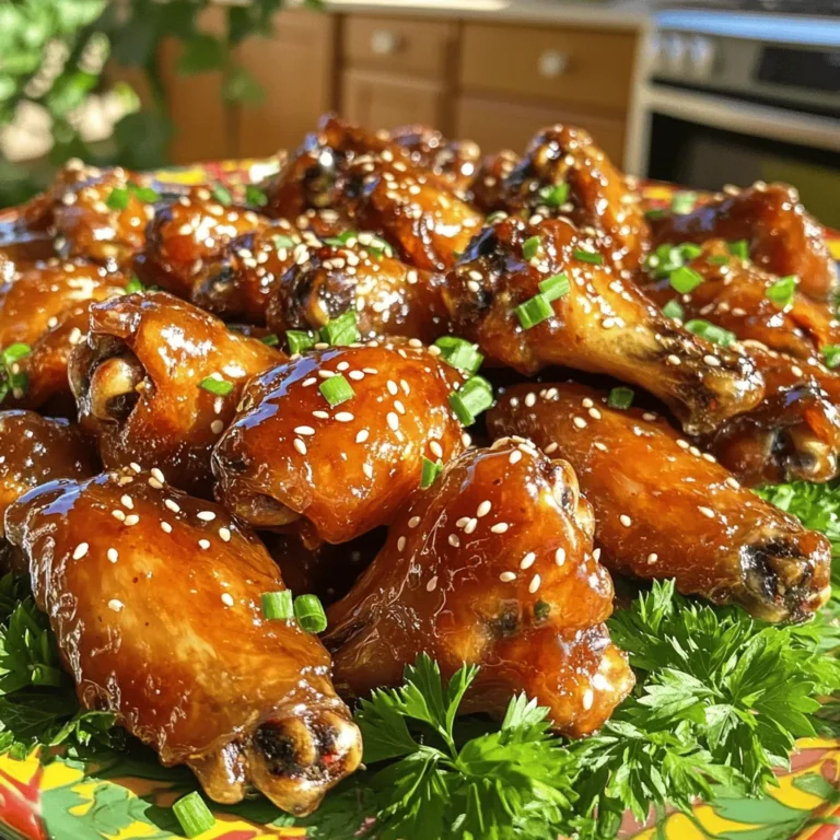 When you make sticky honey garlic wings, you need fresh and simple ingredients. Here’s what you’ll need: - 2 pounds chicken wings - 1/2 cup honey - 1/4 cup soy sauce - 4 cloves garlic, minced - 1 tablespoon fresh ginger, finely grated - 1 tablespoon rice vinegar - 1 teaspoon sesame oil - 1 teaspoon chili flakes (optional, for added heat) - Salt and pepper to taste - 1 tablespoon sesame seeds for garnish - 2 green onions, finely chopped for garnish These ingredients create a sweet and savory flavor. The honey gives a nice stickiness. The soy sauce adds depth. Garlic and ginger bring warmth and aroma. Rice vinegar balances the sweetness. Sesame oil adds a nutty touch. You can adjust the chili flakes for heat. With these items ready, you’ll be set to make a dish that impresses. For the full recipe, check out the link provided. Enjoy the process of cooking this delightful dish! To start, combine the marinade ingredients in a bowl. You will need honey, soy sauce, minced garlic, grated ginger, rice vinegar, sesame oil, and chili flakes if you want some heat. Mix them well. I find that using a whisk works best. It helps blend all the flavors smoothly. Make sure the honey dissolves completely for a tasty marinade. Once your marinade is ready, it's time to marinate the wings. Place the chicken wings into a large resealable bag or a shallow dish. Pour the marinade over the wings. Ensure every wing is well-coated. Seal the bag or cover the dish tightly. For the best taste, let the wings marinate for at least one hour. If you have time, marinating overnight is even better. Store them in the fridge while they soak up all that flavor. Now, let’s get cooking! Preheat your oven to 400°F (200°C). This step is key for crispy wings. Line a baking sheet with aluminum foil for easy cleanup. Place a wire rack on top of the sheet. The wire rack allows air to circulate around the wings. This helps them cook evenly and get crispy. After marinating, remove the wings from the bag. Let any extra marinade drip off. Arrange the wings in a single layer on the wire rack. Make sure there’s space between each wing. Bake them in the preheated oven for about 40 to 45 minutes. Halfway through, turn the wings for even cooking. In the last 10 minutes, brush some of the reserved marinade over the wings. This creates a sticky glaze that makes them irresistible. Once the wings are done, take them out and let them rest for a few minutes. This helps them stay crispy. Transfer the wings to a serving platter. For a special touch, sprinkle sesame seeds and chopped green onions on top. They add a nice flavor and color. You can also serve them with fresh lettuce or parsley for an extra pop. For a dipping sauce, simmer any leftover marinade until it thickens and serve alongside the wings. For the full recipe, check out the [Full Recipe]. Enjoy making these tasty wings! To get crispy wings, start by patting them dry with paper towels. Removing excess moisture helps them crisp up better. Another tip is to bake them on a wire rack. This allows heat to circulate all around the wings. After marinating, you need to drain the excess marinade. This step is key. Too much marinade can lead to soggy wings. Let them sit in a colander for a few minutes to ensure proper drainage. You can easily change the flavor of these wings. If you like them sweeter, add more honey. For a tangy taste, increase the rice vinegar. If you want a kick, add more chili flakes. For spice levels, consider your guests. If you serve kids, keep it mild. You can always add hot sauce on the side for those who want more heat. You can cook these wings in different ways. Baking is the easiest and healthiest method. It requires less oil and gives a nice crisp. However, frying can give you wings that are extra crispy. Grilling is also a great option. It adds a smoky flavor that many love. The downside is that it can be tricky to get the right temperature. Each method has its perks and drawbacks, so choose what fits your taste. {{image_4}} Want to add some heat? You can make spicy honey garlic wings. Start by mixing in a teaspoon of chili powder or cayenne pepper. You can also use fresh jalapeños for a zesty kick. For a unique blend of spices, try combining sriracha with your marinade. This adds depth and flavor that warms your taste buds. If you love barbecue, try honey barbecue wings. Simply add your favorite barbecue sauce to the marinade. Mix it well with the honey and soy sauce. This will give your wings a smoky flavor. Balance the sweetness by adjusting the honey. A little extra vinegar can help cut through the richness, making it perfect for your taste. For a twist, create Asian-inspired wings. Add soy sauce, sesame oil, and a splash of rice vinegar. You can also toss in some five-spice powder for a fragrant touch. Garnish your wings with green onions and sesame seeds. These toppings brighten the dish and enhance the flavors. Each bite will take you on a culinary journey through Asia. For the full recipe, check out my Sticky Honey Garlic Wings recipe to get started on these delicious variations! To keep your sticky honey garlic wings fresh, store them properly. Place the cooled wings in an airtight container. This keeps them from drying out. You can also wrap them tightly in plastic wrap. Store them in the fridge for up to four days. If you need to keep them longer, freeze the wings. They can last in the freezer for up to three months. Just remember to label your container with the date. Reheating wings can be tricky. You want to keep them crispy and tasty. The best way is to use an oven. Preheat your oven to 350°F (175°C). Place the wings on a baking sheet lined with foil. Heat them for about 10 to 15 minutes. This will help restore their crispiness. You can also use an air fryer if you have one. Heat the air fryer to 350°F (175°C) and cook the wings for about 5 to 7 minutes. This method keeps the wings crispy and delicious. Avoid using a microwave, as it can make them soggy and unappetizing. Enjoy your wings just as good as when they were fresh! Yes, you can use frozen wings! First, thaw them in the fridge overnight. If you need them quick, place them in a sealed bag and submerge in cold water for about an hour. Once thawed, pat them dry with paper towels. This step helps achieve extra crispiness. Follow the same marinating and baking steps as fresh wings for great results. To make the wings healthier, consider these tips: - Use skinless wings to cut down on fat. - Swap honey for a sugar-free alternative. - Use low-sodium soy sauce to reduce salt. - Add more garlic and ginger for flavor without calories. - Serve with fresh veggies instead of fries for a nutritious side. These swaps keep the flavor while lowering calories. Sticky Honey Garlic Wings pair well with various sides: - Vegetable sticks: Carrot, celery, and cucumber sticks add crunch. - Coleslaw: A tangy slaw balances the sweetness of the wings. - Rice: Steamed rice soaks up the extra sauce nicely. - Potato wedges: Crispy wedges provide a hearty side. For drinks, consider these options: - Light beer: It complements the sweetness. - Lemonade: Its tartness balances the rich flavors. - Iced tea: A refreshing choice that cleanses the palate. Check out the [Full Recipe](#) for Sticky Honey Garlic Wings. Sticky Honey Garlic Wings are delicious and fun to make. We've covered all the key ingredients, like chicken wings, honey, soy sauce, and fresh garlic. You learned how to prepare the marinade and cook the wings to get them crispy and tasty. Remember, you can adjust flavors and try different cooking methods. Feel free to experiment with spicy or barbecue variations. Follow the storage tips to keep leftovers fresh. Now, it’s time to gather your ingredients and enjoy creating this tasty dish. Happy cooking!