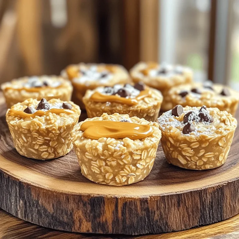 To make these Peanut Butter Oatmeal Cups, gather these key ingredients: - 2 cups rolled oats - 1 cup unsweetened apple sauce - 1/2 cup creamy peanut butter These three ingredients form the base of your oatmeal cups. The rolled oats give them structure. The apple sauce adds moisture and natural sweetness. The peanut butter provides rich flavor and protein. You can personalize your oatmeal cups with these optional ingredients: - 1/4 cup honey or maple syrup - 1/2 cup chocolate chips or dried fruit Adding honey or maple syrup boosts the sweetness. Chocolate chips or dried fruit give extra flavor and texture. Feel free to mix and match based on your taste. You’ll also need these baking essentials: - 1 teaspoon vanilla extract - 1 teaspoon baking powder - 1/4 teaspoon salt Vanilla extract enhances the flavor. Baking powder helps the cups rise. Salt balances the sweetness and enriches the taste. This recipe is easy to follow and makes a great snack. For the full recipe, check out the details above. - Preheat oven to 350°F (175°C). - Grease muffin tin or line with paper liners. First, set your oven to 350°F (175°C). This step is key for even baking. Next, grab your muffin tin. Grease each cup well or use paper liners. This helps the cups come out easily later. - Combine rolled oats, baking powder, and salt in a bowl. - Ensure an even distribution for a uniform texture. In a large bowl, mix the rolled oats, baking powder, and salt. This helps your cups rise and taste great. Stir well so every part blends evenly. - Whisk together apple sauce, peanut butter, honey (or maple syrup), and vanilla. - Mix until smooth and well incorporated. Now, take another bowl. Whisk together apple sauce, creamy peanut butter, honey (or maple syrup), and vanilla. Keep mixing until the blend is smooth. This mixture adds flavor and moisture. - Pour the wet mixture into the dry ingredients. - Stir gently, folding in optional chocolate chips or dried fruit. Pour the wet ingredients into the oats. Stir gently to mix. Be careful not to overmix. If you want chocolate chips or dried fruit, fold them in now. This adds a tasty surprise! - Use a spoon to fill muffin cups about 3/4 full. - Allow space for rising during baking. With a spoon, fill each muffin cup about 3/4 full. This keeps your cups from overflowing. Leave room for them to rise nicely. - Place muffin tin in the oven. - Bake for 15-20 minutes until golden brown. Put your muffin tin in the preheated oven. Bake for 15 to 20 minutes. They will turn golden brown when ready. To check, insert a toothpick. If it comes out clean, they’re done. These Peanut Butter Oatmeal Cups are a delightful treat. Enjoy making them with the [Full Recipe]. How can you tell when the oatmeal cups are done? The best way is to look at the color. The tops should turn a nice golden brown. You can also use a toothpick. Insert it into the center. If it comes out clean, they are ready! This means the oatmeal cups have cooked through. Avoiding overmixing is key for an ideal texture. When you mix the wet and dry ingredients, do it gently. Stir just until you see no dry oats. If you mix too much, the cups will be tough. You want a soft and chewy bite. Want to make your oatmeal cups look great? Arrange them on a colorful platter. This adds a nice touch. You can also dust them with powdered sugar. A sprinkle makes them look fancy. Another fun idea is to drizzle extra peanut butter on top. This adds flavor and looks appealing. How can you make these cups healthier? You can use low-sugar or vegan options. For example, you can swap honey with maple syrup. This keeps it sweet but without extra sugar. Using apple sauce over oil or butter has benefits too. Apple sauce adds moisture without extra fat. It makes the cups soft and tasty. Plus, it is a healthier choice. You can enjoy your snack without the guilt! {{image_4}} You can switch up the nut butter in your oatmeal cups for a new taste. Almond butter or sunflower seed butter works great. Each nut butter brings its own flavor and texture. You can also add spices like cinnamon or nutmeg. These spices add warmth and depth to your cups. Just a pinch goes a long way in boosting flavor. Mix in different fruits or nuts for a fun twist. Try diced apples, bananas, or berries. You can also add nuts like walnuts or pecans for crunch. For toppings, consider a dollop of yogurt or fresh fruit on top. This gives extra flavor and makes your cups look pretty. You can even drizzle honey or maple syrup for added sweetness. If you need gluten-free options, use certified gluten-free oats. They taste just as good and work perfectly in this recipe. For dairy-free toppings, use coconut yogurt or almond yogurt. This way, everyone can enjoy these tasty treats. You can easily customize to fit your dietary needs. To keep your peanut butter oatmeal cups fresh, store them in an airtight container. This helps lock in moisture and flavor. Place the cups at room temperature for up to three days. If you want them to last longer, try refrigerating them. They stay fresh in the fridge for about a week. Freezing is a smart way to save these yummy treats. To freeze oatmeal cups, first, let them cool completely. Then, wrap each cup in plastic wrap or place them in a freezer-safe bag. They can stay in the freezer for up to three months. When you’re ready to eat, remove a cup from the freezer and let it thaw in the fridge overnight. For the best texture, heat them in the microwave for 20-30 seconds before enjoying. Reheating is easy and quick! The best method is to use the microwave. Place a cup on a plate, cover it with a damp paper towel, and heat it for about 15-20 seconds. This keeps the cup moist. Alternatively, you can reheat them in the oven. Preheat the oven to 350°F (175°C) and warm them for about 10 minutes. This method gives you a nice crisp outside without drying them out. Peanut Butter Oatmeal Cups last about one week at room temperature. Store them in an airtight container. If you keep them in the fridge, they can last up to two weeks. The cooler air slows down spoilage and keeps them fresh longer. Yes, you can make these cups without peanut butter. Try using almond butter or sunflower seed butter. Each option gives a different taste. You may need to adjust the amount of sweetener based on the nut butter's flavor. Peanut Butter Oatmeal Cups are quite healthy. They are high in fiber from oats and provide protein from peanut butter. The apple sauce adds natural sweetness without extra sugar. This makes them a great snack or breakfast option. You can use quick oats, but they will change the texture. Quick oats create a softer cup. You may also need to reduce baking time by a few minutes to prevent overcooking. If you want to swap honey or maple syrup, try agave nectar or coconut sugar. Both options will keep the sweetness in the recipe. Adjust the amount based on your taste preference. To make this recipe nut-free, use sunflower seed butter instead of peanut butter. This keeps the flavor rich and creamy. Ensure that all other ingredients are nut-free to avoid any cross-contamination. You can create delicious peanut butter oatmeal cups using simple ingredients. This blog covered essential components, from rolled oats to optional add-ins like chocolate chips. Following these easy steps ensures great texture and taste. Remember, you can customize flavors and adjust for dietary needs. Store them properly to keep your treats fresh. With these tips, baking becomes fun and rewarding. Enjoy your creation and share it with friends and family!