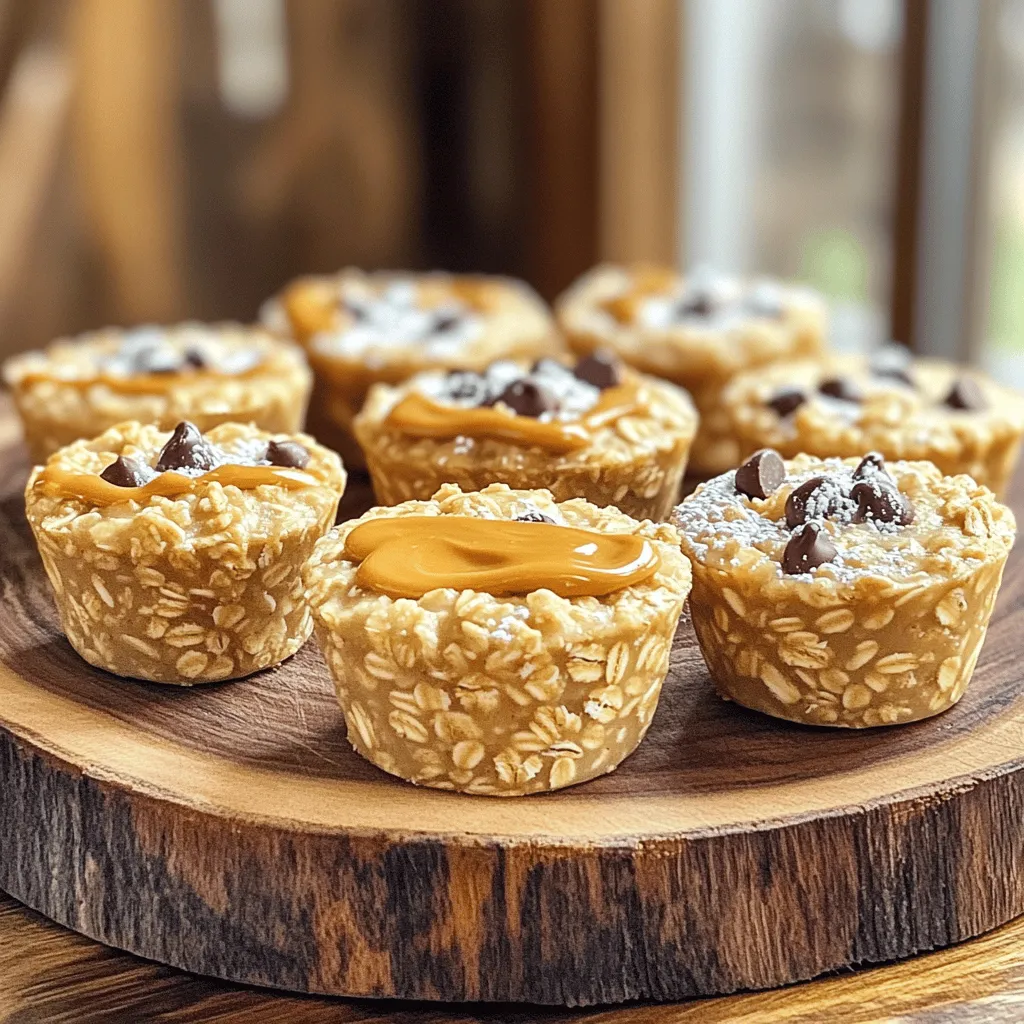 To make these Peanut Butter Oatmeal Cups, gather these key ingredients: - 2 cups rolled oats - 1 cup unsweetened apple sauce - 1/2 cup creamy peanut butter These three ingredients form the base of your oatmeal cups. The rolled oats give them structure. The apple sauce adds moisture and natural sweetness. The peanut butter provides rich flavor and protein. You can personalize your oatmeal cups with these optional ingredients: - 1/4 cup honey or maple syrup - 1/2 cup chocolate chips or dried fruit Adding honey or maple syrup boosts the sweetness. Chocolate chips or dried fruit give extra flavor and texture. Feel free to mix and match based on your taste. You’ll also need these baking essentials: - 1 teaspoon vanilla extract - 1 teaspoon baking powder - 1/4 teaspoon salt Vanilla extract enhances the flavor. Baking powder helps the cups rise. Salt balances the sweetness and enriches the taste. This recipe is easy to follow and makes a great snack. For the full recipe, check out the details above. - Preheat oven to 350°F (175°C). - Grease muffin tin or line with paper liners. First, set your oven to 350°F (175°C). This step is key for even baking. Next, grab your muffin tin. Grease each cup well or use paper liners. This helps the cups come out easily later. - Combine rolled oats, baking powder, and salt in a bowl. - Ensure an even distribution for a uniform texture. In a large bowl, mix the rolled oats, baking powder, and salt. This helps your cups rise and taste great. Stir well so every part blends evenly. - Whisk together apple sauce, peanut butter, honey (or maple syrup), and vanilla. - Mix until smooth and well incorporated. Now, take another bowl. Whisk together apple sauce, creamy peanut butter, honey (or maple syrup), and vanilla. Keep mixing until the blend is smooth. This mixture adds flavor and moisture. - Pour the wet mixture into the dry ingredients. - Stir gently, folding in optional chocolate chips or dried fruit. Pour the wet ingredients into the oats. Stir gently to mix. Be careful not to overmix. If you want chocolate chips or dried fruit, fold them in now. This adds a tasty surprise! - Use a spoon to fill muffin cups about 3/4 full. - Allow space for rising during baking. With a spoon, fill each muffin cup about 3/4 full. This keeps your cups from overflowing. Leave room for them to rise nicely. - Place muffin tin in the oven. - Bake for 15-20 minutes until golden brown. Put your muffin tin in the preheated oven. Bake for 15 to 20 minutes. They will turn golden brown when ready. To check, insert a toothpick. If it comes out clean, they’re done. These Peanut Butter Oatmeal Cups are a delightful treat. Enjoy making them with the [Full Recipe]. How can you tell when the oatmeal cups are done? The best way is to look at the color. The tops should turn a nice golden brown. You can also use a toothpick. Insert it into the center. If it comes out clean, they are ready! This means the oatmeal cups have cooked through. Avoiding overmixing is key for an ideal texture. When you mix the wet and dry ingredients, do it gently. Stir just until you see no dry oats. If you mix too much, the cups will be tough. You want a soft and chewy bite. Want to make your oatmeal cups look great? Arrange them on a colorful platter. This adds a nice touch. You can also dust them with powdered sugar. A sprinkle makes them look fancy. Another fun idea is to drizzle extra peanut butter on top. This adds flavor and looks appealing. How can you make these cups healthier? You can use low-sugar or vegan options. For example, you can swap honey with maple syrup. This keeps it sweet but without extra sugar. Using apple sauce over oil or butter has benefits too. Apple sauce adds moisture without extra fat. It makes the cups soft and tasty. Plus, it is a healthier choice. You can enjoy your snack without the guilt! {{image_4}} You can switch up the nut butter in your oatmeal cups for a new taste. Almond butter or sunflower seed butter works great. Each nut butter brings its own flavor and texture. You can also add spices like cinnamon or nutmeg. These spices add warmth and depth to your cups. Just a pinch goes a long way in boosting flavor. Mix in different fruits or nuts for a fun twist. Try diced apples, bananas, or berries. You can also add nuts like walnuts or pecans for crunch. For toppings, consider a dollop of yogurt or fresh fruit on top. This gives extra flavor and makes your cups look pretty. You can even drizzle honey or maple syrup for added sweetness. If you need gluten-free options, use certified gluten-free oats. They taste just as good and work perfectly in this recipe. For dairy-free toppings, use coconut yogurt or almond yogurt. This way, everyone can enjoy these tasty treats. You can easily customize to fit your dietary needs. To keep your peanut butter oatmeal cups fresh, store them in an airtight container. This helps lock in moisture and flavor. Place the cups at room temperature for up to three days. If you want them to last longer, try refrigerating them. They stay fresh in the fridge for about a week. Freezing is a smart way to save these yummy treats. To freeze oatmeal cups, first, let them cool completely. Then, wrap each cup in plastic wrap or place them in a freezer-safe bag. They can stay in the freezer for up to three months. When you’re ready to eat, remove a cup from the freezer and let it thaw in the fridge overnight. For the best texture, heat them in the microwave for 20-30 seconds before enjoying. Reheating is easy and quick! The best method is to use the microwave. Place a cup on a plate, cover it with a damp paper towel, and heat it for about 15-20 seconds. This keeps the cup moist. Alternatively, you can reheat them in the oven. Preheat the oven to 350°F (175°C) and warm them for about 10 minutes. This method gives you a nice crisp outside without drying them out. Peanut Butter Oatmeal Cups last about one week at room temperature. Store them in an airtight container. If you keep them in the fridge, they can last up to two weeks. The cooler air slows down spoilage and keeps them fresh longer. Yes, you can make these cups without peanut butter. Try using almond butter or sunflower seed butter. Each option gives a different taste. You may need to adjust the amount of sweetener based on the nut butter's flavor. Peanut Butter Oatmeal Cups are quite healthy. They are high in fiber from oats and provide protein from peanut butter. The apple sauce adds natural sweetness without extra sugar. This makes them a great snack or breakfast option. You can use quick oats, but they will change the texture. Quick oats create a softer cup. You may also need to reduce baking time by a few minutes to prevent overcooking. If you want to swap honey or maple syrup, try agave nectar or coconut sugar. Both options will keep the sweetness in the recipe. Adjust the amount based on your taste preference. To make this recipe nut-free, use sunflower seed butter instead of peanut butter. This keeps the flavor rich and creamy. Ensure that all other ingredients are nut-free to avoid any cross-contamination. You can create delicious peanut butter oatmeal cups using simple ingredients. This blog covered essential components, from rolled oats to optional add-ins like chocolate chips. Following these easy steps ensures great texture and taste. Remember, you can customize flavors and adjust for dietary needs. Store them properly to keep your treats fresh. With these tips, baking becomes fun and rewarding. Enjoy your creation and share it with friends and family!