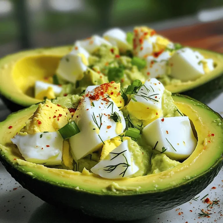 For a tasty avocado egg salad, gather these ingredients: - 4 large eggs, hard-boiled and peeled - 1 ripe avocado, pitted and peeled - 2 tablespoons Greek yogurt, for creaminess - 1 teaspoon Dijon mustard, for tang - 1 tablespoon fresh lemon juice, for brightness - 2 tablespoons green onion, finely chopped - 1 tablespoon fresh dill or cilantro, chopped - Salt and pepper to taste - Optional: Red chili flakes for added spice Using fresh ingredients makes a big difference in flavor. Fresh eggs bring rich taste and texture. Ripe avocados add a creamy base. Fresh herbs like dill or cilantro add brightness. When you use fresh items, your dish shines. It tastes better, looks better, and feels better. This salad is all about those fresh flavors. If you have dietary needs, you can still enjoy this salad. You can swap Greek yogurt for vegan yogurt or silken tofu for a dairy-free option. If you're allergic to eggs, use chickpeas instead. They mash well and give a nice texture. For gluten-free diets, serve on gluten-free bread or lettuce wraps. There are many ways to make this salad fit your needs! To make hard-boiled eggs, start by placing the eggs in a pot. Cover them with water, ensuring the water is at least an inch above the eggs. Turn on the heat and bring the water to a boil. Once boiling, cover the pot and turn off the heat. Let the eggs sit for about 10-12 minutes. Afterward, transfer the eggs to an ice bath for five minutes. This helps them cool and makes peeling easier. Once cooled, gently tap the eggs to crack the shell and peel them under running water. When mashing the avocado and eggs, use a fork for the best results. Place the peeled eggs in a bowl. Break them into small pieces first. This helps create a good mix with the avocado. Next, add the ripe avocado, which should be soft. Mash them together until creamy but keep some chunks for texture. A little bit of chunkiness adds a nice bite to the salad. To mix everything well, use a spatula or spoon. Start by adding Greek yogurt, Dijon mustard, and fresh lemon juice to the bowl. These ingredients boost flavor and creaminess. Mix gently but thoroughly. Make sure the yogurt and mustard blend well with the avocado and eggs. After that, fold in the green onions and fresh herbs. Taste the mixture and adjust the salt and pepper as needed. This step ensures every bite is tasty. Enjoy creating this creamy avocado egg delight with the full recipe! To get the best texture in your avocado egg salad, focus on mashing. Use a fork to mash the eggs and avocado well. Make sure to leave some small chunks of avocado. This adds a nice bite to each spoonful. Mixing the ingredients gently helps keep that creamy feel. If you want a smoother mix, use a potato masher instead of a fork. Seasonings bring your dish to life. Start with salt and pepper to taste. A touch of Dijon mustard adds a tangy kick. Fresh lemon juice brightens the flavors, making it fresh and lively. If you want to spice things up, add red chili flakes. Fresh herbs like dill or cilantro also enhance the taste, giving it a fresh twist. Making this salad ahead saves time on busy days. Prepare the salad and store it in an airtight container. It stays fresh for a couple of days in the fridge. To prevent browning, add a bit more lemon juice. If you want to enjoy it later, skip adding the green onions until you serve. This keeps them crisp and vibrant. For the full recipe, check out the Creamy Avocado Egg Delight. {{image_4}} You can make your avocado egg salad even heartier by adding protein. Chicken is a great choice. Use cooked, shredded chicken for a nice texture. You can also opt for tofu if you prefer plant-based protein. Press the tofu to remove excess water, then cube or crumble it. Mix it in, and enjoy the added protein boost. If you want a vegetarian or vegan twist, simply skip the eggs. You can use chickpeas instead. Mash cooked chickpeas with avocado for a creamy texture. Add the same herbs and spices from the original recipe. This keeps the flavors bright and fresh. You can also play with flavors! For a spicy kick, add red chili flakes or diced jalapeños. If you like sweet, mix in diced apples or grapes. They add a nice crunch and sweetness. For a savory touch, try adding cooked bacon bits or olives. Each of these twists brings a new life to your avocado egg salad. Explore these variations to suit your taste! Don’t forget to check out the Full Recipe for more details. To keep your avocado egg salad fresh, store it in an airtight container. This helps prevent air exposure, which can cause browning. Make sure to press plastic wrap directly onto the surface of the salad before sealing the container. This extra layer slows down oxidation. You can keep it in the fridge for up to 2 days. Check the salad for signs of freshness. It should look bright and creamy. If you see browning on the avocado, it's still okay to eat, but the taste may not be its best. Smell it too; if it has a sour or off odor, it’s time to toss it. Always trust your senses! If you want to warm it up, do it gently. Place the salad in a microwave-safe dish. Heat it for about 20 seconds at a time. Stir between intervals to ensure even warming. Be careful; high heat can change the texture. I recommend enjoying it cold for the best flavors. For more details on the recipe, check the Full Recipe. Yes, you can use mayonnaise. It will make the salad richer. Greek yogurt adds a tangy flavor and is lower in calories. If you want a creamier texture, go for mayo. But if you prefer a healthy twist, stick with Greek yogurt. Avocado egg salad lasts about 1 to 2 days in the fridge. The avocado may brown over time, so keep it covered. Use an airtight container for best results. This dish is best enjoyed fresh, but it can still be tasty for a short while. You can serve avocado egg salad in many ways. Try it on toasted bread for a crunchy bite. Wrap it in a tortilla for a quick lunch. You can also serve it on a bed of greens for a light salad. For a fun twist, use a hollowed avocado shell as a bowl! This blog post covered how to make a tasty avocado egg salad. We looked at key ingredients, tips for great texture, and fun variations. Remember to use fresh items for the best taste. If you have dietary needs, many healthy swaps exist. Proper storage keeps your salad fresh. Enjoy making this dish your own! You have all the tools to create a delicious meal. Happy cooking!