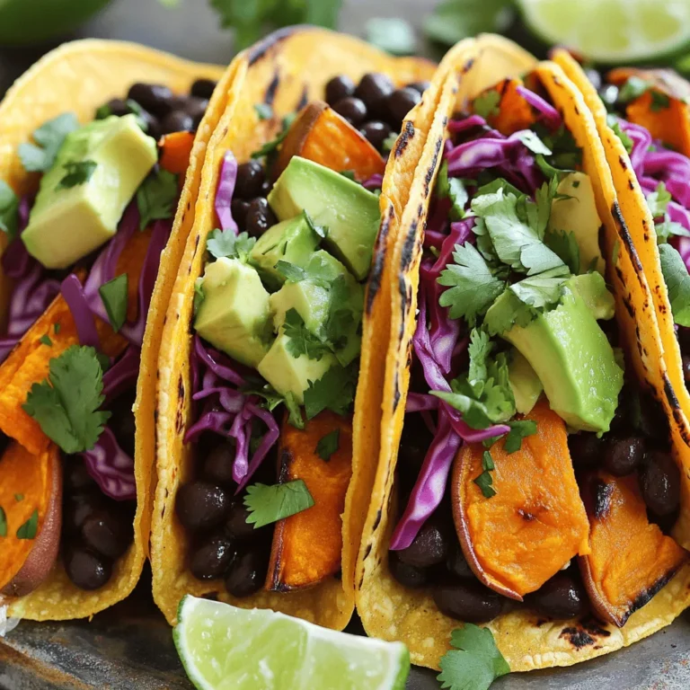 - 2 medium sweet potatoes, peeled and diced into ½-inch cubes - 1 can (15 oz) black beans, drained and rinsed thoroughly - 1 tablespoon olive oil - 1 teaspoon ground cumin - 1 teaspoon smoked paprika - ½ teaspoon garlic powder - ½ teaspoon onion powder - Salt and freshly cracked black pepper, to taste - 8 small corn tortillas - 1 ripe avocado, sliced into thin wedges - 1 cup red cabbage, finely shredded - ¼ cup fresh cilantro, chopped for garnish - Lime wedges, for serving Sweet potatoes pack a punch of nutrients. They are a great source of vitamins A and C. These vitamins help keep your skin healthy and boost your immune system. Sweet potatoes also provide fiber, which aids digestion and keeps you feeling full. Black beans add protein and fiber, making these tacos satisfying. They also have antioxidants that support heart health. Together, sweet potatoes and black beans offer a well-rounded meal. If you're missing any ingredients, I have some great swaps for you. Here are a few ideas: - Sweet Potatoes: Substitute with butternut squash or regular potatoes. - Black Beans: Use pinto beans or chickpeas instead. - Corn Tortillas: Flour tortillas work well too. - Avocado: Try using guacamole for an extra kick. - Red Cabbage: Green cabbage or lettuce can be used for crunch. Feel free to mix and match based on what you have. Cooking should be fun and flexible! For the full recipe, check out the complete guide. Start by preheating your oven to 400°F (200°C). This heat makes the sweet potatoes sweet and soft. Take your sweet potatoes, peel them, and cut them into ½-inch cubes. In a big bowl, mix the sweet potato cubes with olive oil, ground cumin, smoked paprika, garlic powder, onion powder, salt, and pepper. Toss them well until they are fully coated. Spread the sweet potatoes out on a baking sheet in one single layer. Roast them in the oven for 25-30 minutes. Flip them halfway through. They should be golden-brown and fork-tender when done. While the sweet potatoes roast, take your black beans. Drain and rinse them if they come from a can. Put them in a small saucepan over medium heat. Stir them gently as they warm up. This should take about 5-7 minutes. Add salt and pepper to your taste. Heating them gives more depth to their flavor. Once everything is ready, it’s time to build your tacos. Warm up your corn tortillas in a skillet over medium heat. Each tortilla needs about 30 seconds on each side to become soft. Keep them warm by covering them with a kitchen towel. On each tortilla, add a generous spoonful of black beans. Next, pile on the roasted sweet potatoes. Add slices of avocado and a handful of shredded red cabbage for a nice crunch. Finish with fresh cilantro and a squeeze of lime juice. Serve your tacos warm with lime wedges on the side. Enjoy your savory sweet potato black bean tacos! For more details, check the full recipe. Roasting sweet potatoes makes them sweet and crunchy. Start by cutting them into ½-inch cubes. This size helps them cook evenly. I like to toss the cubes in olive oil and spices. Use ground cumin and smoked paprika for a rich flavor. Lay them out on a baking sheet. Keep space between each piece. This way, they roast well and do not steam. Roast them at 400°F for 25-30 minutes. Flip them halfway for even browning. Look for a golden color and a fork-tender texture. Corn tortillas are my favorite for these tacos. They add a nice texture and flavor. When buying, look for fresh tortillas. Soft and pliable ones work best. If you cannot find fresh ones, choose organic. Heat the tortillas in a skillet for 30 seconds on each side. This makes them warm and flexible. Keep them under a kitchen towel to stay warm while you prepare the filling. To boost flavors, use fresh ingredients. A ripe avocado adds creaminess. Shredded red cabbage gives crunch. Fresh cilantro adds brightness. Squeeze lime juice on top. This adds a nice zing. For more heat, consider adding sliced jalapeños. You can also mix in different spices like chili powder. Experiment with flavors to make this dish your own. For the full recipe, check out the detailed instructions above. {{image_4}} You can switch up the filling in your tacos. Try adding protein like chicken, beef, or tofu. You can also use different veggies. Bell peppers, zucchini, or mushrooms all work great. Each choice brings new flavors to the dish. Mixing and matching keeps things fun and tasty! Want more heat? Add jalapeños or a dash of cayenne pepper to the sweet potatoes. You can also use spicy salsa as a topping. If you prefer milder flavors, skip the hot stuff. Adjusting spice levels makes these tacos fit your taste perfectly. Pair these tacos with sides for a full meal. Consider serving with rice or quinoa for extra fiber. A fresh salad or corn on the side adds color and crunch. You can also offer a variety of salsas for guests to choose from. Lime wedges and a dollop of yogurt or sour cream are great toppings too. For a complete experience, check out the Full Recipe for more ideas! To store leftovers, let the tacos cool first. Place the sweet potato and black bean mix in an airtight container. Keep the tortillas separate, as this helps prevent sogginess. Store everything in the fridge for up to three days. The toppings, like avocado and cabbage, should be added fresh. To reheat, warm the sweet potato and black bean mix in a pan over medium heat. Stir it gently until heated through, about 5-7 minutes. For tortillas, you can briefly warm them in a hot skillet for 30 seconds on each side. This keeps them soft and pliable. When meal prepping, consider roasting a larger batch of sweet potatoes and black beans. Store them in the fridge and use them within three days. You can also prep your toppings ahead of time. Slice the avocado just before serving to keep it fresh. This makes assembling quick and easy. For the full recipe, refer to the original document. Sweet potatoes are very healthy. They are high in vitamins A and C. These vitamins help keep your skin healthy and boost your immune system. Sweet potatoes also have fiber, which is good for digestion. Eating them can help you feel full for longer. They have antioxidants that fight free radicals in the body. This can lower your risk of some diseases. Plus, they are naturally sweet, making them a tasty choice. Yes, you can easily make these tacos vegan. The main ingredients, sweet potatoes and black beans, are already plant-based. Just make sure to use corn tortillas, as some may contain animal products. You can also swap the avocado for a vegan sauce or leave it out. Adding more veggies, like bell peppers or onions, can enhance flavor. This way, you keep the dish full of flavor and plant-based goodness. To keep your tacos from getting soggy, use fresh tortillas. Warm them just before serving. It helps keep them soft without breaking apart. Also, drain the black beans well, so they don’t add too much moisture. You can place a layer of cabbage or lettuce in your taco. This acts as a barrier and helps absorb any excess moisture. Finally, serve your tacos right after assembling them for the best texture. For the full recipe, check out the Sweet Potato Black Bean Tacos section above. In this post, we covered tasty ingredients for sweet potato tacos and their benefits. I shared steps for prepping, cooking, and assembling them for a perfect meal. Tips on roasting and choosing tortillas made the process easier. We explored variations, helping you customize your tacos, and discussed storage and reheating methods. These insights will help you make quick, healthy meals. Try out the ideas, and enjoy your cooking!