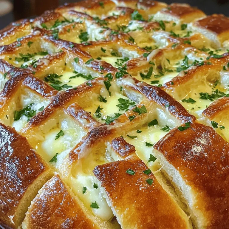 - 1 large round loaf of sourdough bread - 1/2 cup unsalted butter, melted - 4 cloves garlic, finely minced - 1 cup shredded mozzarella cheese - 1/2 cup grated Parmesan cheese - 1 tablespoon fresh parsley, finely chopped - 1 teaspoon garlic powder - Salt and freshly cracked pepper to taste For this cheesy garlic pull apart bread, the main ingredients create a rich and savory flavor. The sourdough bread acts as a perfect base. It has a soft inside and a crusty outside. The melted butter adds moisture and flavor. Garlic brings a strong aroma that blends beautifully with the cheese. You can change up the cheese for fun. Try using cheddar, gouda, or even fontina. Each cheese gives a unique twist to the taste. For those who like a kick, add chopped jalapeños. You can also mix in fresh herbs like thyme or rosemary. These additions make the bread even more exciting. They let you customize your snack delight. When you make this cheesy garlic pull apart bread, you can follow the full recipe for the best results. Enjoy experimenting with flavors! - Preheat your oven to 350°F (175°C). This step is key for a great bake. - Take your sourdough bread and use a serrated knife to cut it. Make a grid pattern with cuts about 1 inch apart. Be careful not to cut all the way through. - In a small bowl, mix melted butter, minced garlic, garlic powder, salt, and pepper. Whisk it well. - Use a pastry brush or a spoon to drizzle the garlic butter into the cuts of the bread. Pack the mixture well so each piece gets flavor. - Sprinkle shredded mozzarella and grated Parmesan cheese into the cuts. Make sure to fill them up for cheesy goodness! - Wrap the bread in aluminum foil. Leave some space for it to expand. Place it on a baking sheet to catch any drips. - Bake the wrapped bread for 15-20 minutes. You want the cheese to melt and bubble. Your kitchen will smell amazing! - For a crispy top, remove the foil during the last 5 minutes. This helps the crust turn a lovely golden brown. By following these steps, you will make a delicious Cheesy Garlic Pull Apart Bread. For the full recipe, check out the instructions above! Using fresh garlic makes a big difference. Fresh garlic gives a strong, bold taste. Garlic powder is easier but lacks depth. For cheese, mozzarella is a must. It melts well and stretches beautifully. Parmesan adds a salty kick, making it even better. Be careful when cutting the bread. Do not cut too deep; this can ruin the loaf. You want the bread to stay together at the bottom. Also, don't overload with butter or cheese. Too much can make the bread soggy and less tasty. A serrated knife is best for cutting sourdough. It makes clean cuts without squashing the bread. Use a sturdy baking sheet to catch drips. Aluminum foil is great for wrapping the bread. It helps keep the bread warm and allows it to rise. {{image_4}} You can spice up your Cheesy Garlic Pull Apart Bread easily. Try adding red pepper flakes for a fun kick. They will give the bread a warm heat that pairs well with the cheese. You can also make an herb-infused garlic butter. Just mix in some fresh rosemary or thyme. This adds a lovely aroma and flavor to the bread. Each bite becomes a burst of tasty goodness. If you need a gluten-free option, use an alternative bread. Many stores offer gluten-free sourdough or other types. This way, everyone can enjoy this treat. For those who follow a vegan diet, you can swap out the butter and cheese. Use plant-based butter and vegan cheese instead. These small changes make this snack suited for all diets. Check out the Full Recipe to explore these variations and more! To keep your cheesy garlic pull-apart bread fresh, wrap it tightly in plastic wrap. You can also use an airtight container. This helps keep the bread soft and tasty. In the fridge, it lasts about three days. If you want to keep it longer, store it in the freezer. Properly wrapped, it can last up to three months. Just remember to label it with the date. Reheating your bread right is key for good taste. The oven works best. Preheat it to 350°F (175°C). Wrap the bread in foil to keep it moist. Heat it for about 10-15 minutes. This keeps the cheese gooey and the bread soft. To avoid sogginess, don’t add water or steam while reheating. You could also microwave it. Just heat in short bursts, about 15 seconds at a time. This method is quick but may make the bread chewy if overdone. Enjoy your cheesy garlic pull-apart bread warm! For the complete recipe, check the Full Recipe section. Making Cheesy Garlic Pull Apart Bread takes about 15 minutes to prep. Once you bake it, the total time is about 35 minutes. So, in less than an hour, you can have this tasty treat ready to enjoy! Yes, you can prepare the bread in advance. Cut the bread and add the garlic butter and cheese mix. Wrap it tightly and store it in the fridge. When you’re ready to bake, just pop it in the oven. Bake it fresh for the best taste! This bread pairs well with many dishes. Serve it with soup for a cozy meal. It also works great as a snack for game day. You can enjoy it alongside a salad or a charcuterie board. It adds a fun touch to any gathering! If you don’t like garlic or have an allergy, you can still enjoy this bread. Try using herbs like rosemary or thyme instead. You can also add spices like paprika for flavor. This way, you keep it tasty without garlic! Cheesy Garlic Pull Apart Bread is a fun and tasty treat. We covered the main ingredients, easy steps to prepare, and how to bake it perfectly. I shared tips for flavor and common mistakes to avoid, plus helpful storage strategies. You can even switch up the flavors to fit your taste. Making this bread is simple and enjoyable for everyone. I hope you try it soon! You’ll love the tasty results.