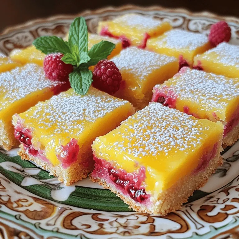 - 1 cup all-purpose flour - 1/2 cup powdered sugar - 1/2 cup unsalted butter - 1/2 cup granulated sugar - 2 large eggs - 1/2 cup fresh lemon juice - Zest of 2 lemons - 1 cup fresh raspberries - 1/4 teaspoon salt - 1 teaspoon baking powder What can I use instead of butter? You can use coconut oil or vegan butter. Both work well in this recipe. Can I use something other than fresh raspberries? Absolutely! You can use frozen raspberries. Just thaw them before adding. What sweeteners can I use? You can swap granulated sugar with coconut sugar or honey. They will add a unique flavor. 1. Preheat the oven: First, set your oven to 350°F (175°C). This step helps bake the crust evenly. 2. Make the dough mixture: In a bowl, mix the softened butter, granulated sugar, and powdered sugar. Use a hand mixer or whisk to blend until smooth. Gradually add the all-purpose flour and salt. Mix until just combined to form a soft dough. 3. Press the crust: Place the dough into your greased or lined baking dish. Use your fingers or the back of a measuring cup to press it evenly. Bake for about 15 minutes until golden. 1. Mix the filling ingredients: In another bowl, whisk together the eggs, granulated sugar, fresh lemon juice, lemon zest, and baking powder. Mix until all ingredients blend well. 2. Importance of egg quality: Use fresh eggs for the best taste. They add richness and help the filling set nicely. 3. Folding in raspberries carefully: Gently fold fresh raspberries into the lemon mixture with a spatula. Be careful not to crush the berries to keep their shape. 1. Combine the filling and crust: After the crust is golden, pour the lemon-raspberry filling over it. Spread it evenly for a consistent bake. 2. Key signs of doneness: Bake for 25-30 minutes. Look for a slight puff and a firm center. It should have a slight jiggle but not be liquid. 3. Cooling and chilling process: Let the bars cool in the pan for about an hour. For best results, refrigerate for at least 2 hours. This helps them set and makes slicing easier. - How to avoid overbaking: Keep an eye on the bars as they bake. Set a timer for 25 minutes. The filling should be set but still jiggle a bit. This ensures a soft texture. - Using an oven thermometer for accuracy: Ovens can be tricky. A thermometer helps you know the true heat. This can save your bars from being too dry or burnt. - Ensuring the crust is perfect: Press the dough evenly in the pan. This helps the crust bake uniformly. A golden crust is a sign that you did it right! - Creative plating ideas: Serve your bars on a colorful plate. Cut them into fun shapes for a twist. You can also stack them for a tall, eye-catching display. - Pairing with beverages: These bars pair well with iced tea or lemonade. Their sweet-tart flavor complements drinks nicely. You can also try them with a light white wine. - Best accompaniments: Fresh whipped cream or vanilla ice cream goes well with the bars. A scoop of ice cream adds a creamy touch that balances the tartness. - Using powdered sugar for presentation: A light dusting of powdered sugar makes your bars look fancy. It adds a nice contrast to the bright colors of the raspberries and lemons. - Adding fresh fruits: Top each bar with a few fresh raspberries. You can also add lemon slices for a pop of color and a burst of flavor. - Incorporating edible flowers: Edible flowers, like pansies or nasturtiums, add beauty. They make your dessert special for parties or gatherings. Plus, they are safe to eat! {{image_4}} You can play with flavors to make these bars even more fun. - Incorporating other fruits with raspberries: Try adding blueberries or strawberries. They mix well and add a new taste. - Adding herbs for extra zest: Fresh basil or mint can make a surprise twist. Just chop a little and mix it in. - Swapping lemon juice for lime or orange: Lime adds a fun tang, while orange gives a sweet flavor. Be creative and switch it up! If you want gluten-free bars, you can use special flour. - Using gluten-free flour blends: Look for a blend that works for baking. This keeps the bars soft and tasty. - Recommended brands for substitutions: Brands like Bob's Red Mill or King Arthur Flour offer great options. They make it easy to bake without gluten. You can make these bars vegan with a few simple swaps. - Egg replacements: chia seeds vs. flaxseeds: Both are good choices. Mix 1 tablespoon of either seed with 2.5 tablespoons of water. Let it sit for a few minutes until it gets thick. - Dairy-free butter alternatives: Use coconut oil or vegan butter. These keep the bars creamy and rich. Feel free to experiment with these variations for your own take on the Full Recipe! To keep your raspberry lemon bars fresh, store them in the fridge. Place them in an airtight container. This helps keep them moist and tasty. If you want to save them for longer, freezing is a great option. Wrap each bar in plastic wrap. Then, place them in a freezer-safe container. This method keeps them safe from freezer burn. Use airtight containers for the best results. Glass or plastic containers work well. Make sure they seal tightly to block air. If you plan to freeze, use freezer bags. Remove as much air as possible. This helps prevent freezer burn and keeps flavors intact. When stored properly, the bars last about a week in the fridge. If frozen, they can stay good for up to three months. Check for signs of spoilage, like an off smell or mold. If the bars look dry or crumbly, it's best to toss them. Enjoy the full recipe for more tasty tips! You can tell when your Raspberry Lemon Bars are done by checking for a slight jiggle in the center. The edges should be puffy and set, while the middle may still move a bit. This jiggle means the filling is perfect. Look for visual cues too. A light golden color on the edges shows that the bars are ready. The top should look shiny, signaling that it has baked well. Yes, you can use frozen raspberries! Just make sure to thaw them first. This helps keep the filling smooth. When using frozen fruit, the texture might change slightly. The bars may be a bit softer, but they will still taste great. The sweet, tangy flavor will shine through. Raspberry Lemon Bars pair well with many side dishes and drinks. Consider serving them with whipped cream or vanilla ice cream. They also go well with a scoop of yogurt for a fresh touch. For drinks, try iced tea or a light lemonade. These drinks enhance the fruity flavors. These bars are ideal for summer picnics, birthday parties, or family gatherings. Enjoy them anytime you want a sweet treat! In summary, we've covered everything you need for perfect Raspberry Lemon Bars. From the key ingredients to step-by-step baking instructions, you now have the tools to create this delicious treat. Remember to explore variations and storage tips to make it your own. Whether you choose fresh or frozen raspberries, your bars will surely impress. Enjoy baking and sharing these sweet-tart delights!