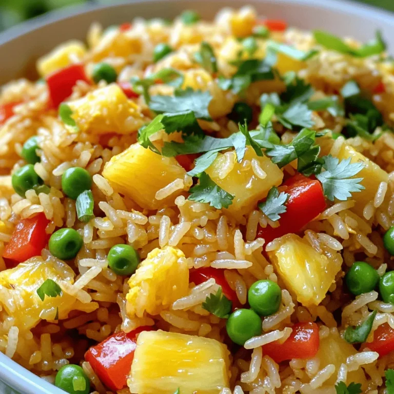 - 2 cups cooked jasmine rice (preferably chilled) - 1 cup fresh pineapple, diced - 1/2 cup red bell pepper, diced - 1/2 cup green peas (fresh or frozen) - 1/2 cup carrots, diced - 3 green onions, chopped - 2 cloves garlic, minced - 2 tablespoons low sodium soy sauce - 1 tablespoon sesame oil - 1 tablespoon olive oil - 1 teaspoon curry powder (optional) - Salt and pepper to taste - Fresh cilantro for garnish Pineapple fried rice uses simple, fresh ingredients. Each one adds flavor and texture. The jasmine rice gives a nice base. I prefer using chilled rice as it keeps the dish from being sticky. Fresh pineapple provides sweetness and a tropical vibe. You can swap it for canned if you need to, but fresh tastes best. The red bell pepper adds color and crunch. Green peas bring a pop of green and sweetness. Carrots add a lovely earthy flavor. Green onions add freshness when mixed in last. Garlic gives a warm, aromatic base. Soy sauce and sesame oil bring depth. They help balance the sweetness of the pineapple. If you want some heat, you can try adding curry powder. Just a teaspoon can make a difference. Finish with salt and pepper to taste. Garnish with cilantro for a fresh touch. This dish looks great on any table and is quick to make. You can find the full recipe above! - Cook jasmine rice according to package instructions and cool it. - Use day-old rice for best texture. Start by cooking the jasmine rice. Follow the instructions on the package closely. After it is done, let it cool completely in the fridge. Day-old rice works best because it is dry. This helps prevent clumping during cooking. - Heat olive oil in a large wok or frying pan. - Sauté minced garlic until aromatic. Next, take a large wok or frying pan. Heat some olive oil over medium heat. Once the oil is hot, add minced garlic. Sauté it for about 30 seconds. You want it aromatic but not browned. This step adds a nice depth of flavor to your dish. - Stir-fry red bell pepper, carrots, and peas. - Fold in diced pineapple and cook for additional sweetness. Now, add diced red bell pepper, carrots, and peas to the pan. Stir-fry the vegetables for about 3-4 minutes. This keeps them bright and slightly crunchy. Then, fold in the diced pineapple. Cook for an extra 2 minutes. This caramelizes the pineapple and brings out its sweetness. - Increase heat and add chilled rice. - Combine with soy sauce, sesame oil, and optional curry powder. - Toss well and season with salt and pepper. Increase the heat to medium-high. Add the chilled rice to your pan. Break apart any clumps as you mix. Then, drizzle in the soy sauce and sesame oil. If you want some spice, sprinkle in the curry powder. Toss everything together well. Season with salt and freshly ground pepper to taste. For the complete recipe, refer to the Full Recipe section. Enjoy the vibrant colors and flavors of your Pineapple Fried Rice! Using day-old jasmine rice makes a real difference. It has a firmer texture, which helps each grain stay separate. This rice absorbs flavors well without becoming mushy. If you don’t have jasmine rice, you can try long-grain rice or basmati rice. Both types offer great flavor and texture. To boost the taste, you can add spices like garlic powder or ginger. A splash of sweet soy sauce can also enhance the flavor. Pairing vegetables like snap peas or corn gives a good balance. These choices add crunch and sweetness, making your dish even better. Garnishing adds a fun touch to your dish. Chopped cilantro or mint leaves look great on top. You can also use chopped nuts for crunch. Serve the rice in a pineapple shell to impress your guests. Adding lime wedges on the side brightens up the plate and adds zest. For the full recipe, check out the Tropical Delight Pineapple Fried Rice. {{image_4}} You can add protein to your pineapple fried rice for a heartier meal. Shrimp, chicken, or tofu work well. - For shrimp, cook until pink. This takes about 3-4 minutes. - For chicken, cut it into small pieces. Cook until no longer pink, around 5-7 minutes. - If using tofu, press it first to remove excess water. Sauté until golden brown, about 5-6 minutes. Adjust your cook time based on the protein you choose. Make sure the protein is fully cooked before mixing it with the rice. If you want a meat-free dish, go for veggie substitutions. Use tofu, chickpeas, or edamame for protein. You can also enhance flavor with fun ingredients like: - Cashews or peanuts for crunch. - A splash of coconut milk for creaminess. - A sprinkle of nutritional yeast for a cheesy taste. These swaps keep the dish tasty and satisfying. Spice up your pineapple fried rice if you like heat. Add diced jalapeños or serrano peppers for a kick. You can also mix in hot sauce to customize the heat. Start with a little and add more to taste. If you want a different flavor, try curry powder or other spice blends. This adds a warm, rich taste to your dish. Just remember to adjust the amount based on your spice preference. To store your leftover pineapple fried rice, use an airtight container. This helps to keep the rice fresh. You can store it in the fridge for up to four days. If you want to keep it longer, freeze it. When frozen, it can last for about three months. The best way to reheat pineapple fried rice is in a pan. Heat it on medium until warm, stirring often. This keeps the rice from getting mushy. If the rice feels dry, add a splash of water or broth. This helps to bring back some moisture. You can also use a microwave, but make sure to cover it. This prevents it from drying out. The best rice for Pineapple Fried Rice is jasmine rice. It has a lovely aroma and fluffy texture. You can also use basmati rice for a slightly different flavor. Both types work well. Day-old rice is ideal because it stays separate. Freshly cooked rice can clump together, making it hard to fry. Yes, you can use canned pineapple, but there are some trade-offs. Canned pineapple is convenient and often sweeter. However, it may have added sugars and syrup. Fresh pineapple tastes brighter and gives better texture. If you choose canned, drain it well to avoid excess liquid in your dish. To make Pineapple Fried Rice in advance, prep your ingredients ahead of time. Chop all the vegetables and pineapple. Store them in the fridge to keep them fresh. You can also cook the rice a day before. Just cool it and keep it in an airtight container. This step saves a lot of time when you’re ready to cook. Pineapple Fried Rice can be gluten-free. Regular soy sauce contains wheat, which is not gluten-free. To make it safe for gluten-free diets, use tamari or a gluten-free soy sauce. Always check labels to ensure the product is truly gluten-free. With this swap, you can enjoy a tasty meal without worry. Pineapple Fried Rice offers a tasty mix of flavors and colors. You learned about choosing the right rice, how to prepare each ingredient, and creative pairings for toppings. This dish is fun to make and customize with your favorite proteins or spices. You can easily adjust flavors to suit your taste. Storing and reheating leftovers is simple, ensuring you enjoy this meal more than once. Follow these steps and tips for a delicious Pineapple Fried Rice experience. Enjoy cooking and sharing your tasty creation!