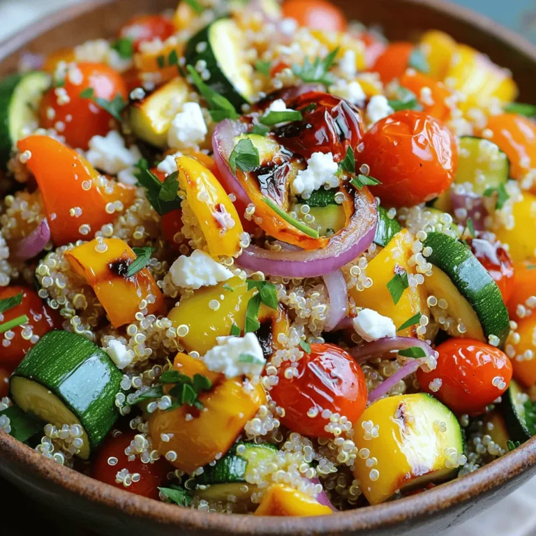 - 1 cup quinoa, thoroughly rinsed - 2 cups vegetable broth, for cooking quinoa - 1 bell pepper (your choice of color), diced into bite-sized pieces - 1 medium zucchini, diced into half-moons - 1 cup cherry tomatoes, halved - 1 red onion, cut into wedges - 2 tablespoons extra-virgin olive oil - 1 teaspoon garlic powder - 1 teaspoon smoked paprika - Salt and freshly ground black pepper, to taste To create a great Roasted Vegetable Quinoa Salad, start with quinoa. Quinoa is a grain that packs lots of protein. It cooks fluffy and has a nice, nutty flavor. Next, gather fresh vegetables like bell pepper, zucchini, cherry tomatoes, and red onion. These veggies add color and taste. You will also need olive oil and some seasonings. Olive oil brings richness and helps vegetables roast nicely. Garlic powder and smoked paprika add depth to the dish. Don’t forget to use salt and pepper to enhance all the flavors. - 1/4 cup fresh parsley, finely chopped - 1/4 cup feta cheese, crumbled (optional, for added creaminess) - 2 tablespoons balsamic vinegar, for drizzling You can add some optional ingredients for more flavor. Feta cheese gives a creamy touch and pairs well with the veggies. Fresh parsley adds brightness and a pop of green. Balsamic vinegar drizzled on top gives a sweet and tangy finish. Feel free to mix and match what you like! - About 200 calories per serving - Quinoa is high in protein and fiber - Vegetables provide vitamins and minerals This salad is healthy and filling. Each serving has around 200 calories. Quinoa is great for your body because it is full of protein and fiber. The vegetables add vitamins that support your health. You can make dietary adjustments too! For a lower-calorie option, skip the cheese. Or, add more veggies for extra nutrients. For the full recipe, check out the [Full Recipe]. To start, rinse 1 cup of quinoa under cool water. This step helps remove the bitter coating called saponin. Next, in a medium pot, combine the rinsed quinoa with 2 cups of vegetable broth. Bring the mixture to a boil over medium-high heat. Once boiling, lower the heat to simmer and cover the pot. Let it cook for about 15 minutes. When the liquid is gone, remove it from heat. Let it rest, covered, for another 5 minutes. After resting, fluff the quinoa gently with a fork and set it aside. While the quinoa cooks, preheat your oven to 425°F (220°C). This high heat helps develop rich flavors in the vegetables. In a large bowl, mix your diced bell pepper, zucchini, halved cherry tomatoes, and red onion wedges. Drizzle 2 tablespoons of extra-virgin olive oil over the veggies. Sprinkle 1 teaspoon of garlic powder, 1 teaspoon of smoked paprika, and salt and pepper to taste. Use your hands or a spatula to coat the vegetables evenly. Line a baking sheet with parchment paper and spread the seasoned vegetables in a single layer. Roast them for 20-25 minutes. Stir them halfway through to ensure even cooking. The veggies should be tender and caramelized. In a large serving bowl, combine the fluffy quinoa and roasted vegetables. Gently fold in 1/4 cup of freshly chopped parsley and, if you like, 1/4 cup of crumbled feta cheese for extra creaminess. Drizzle 2 tablespoons of balsamic vinegar over the salad and toss everything together. This adds a tangy flavor that ties the dish together. Taste the salad and adjust the seasoning with more salt and pepper if needed. Enjoy this vibrant dish warm or chilled. You can find the full recipe for more detailed steps. To achieve the ideal quinoa texture, rinsing is key. Rinse the quinoa well under cold water. This removes bitter saponins. Next, use vegetable broth instead of water. It adds a rich flavor that makes the quinoa shine. Cook on medium heat until it boils. Then, lower the heat and cover it. Let it simmer for about 15 minutes. After it absorbs all the liquid, fluff it gently with a fork. This step makes the quinoa light and airy. Roasting vegetables brings out their natural sweetness. Preheat your oven to 425°F (220°C). Dice your vegetables into even pieces for uniform cooking. Toss them with olive oil and seasonings. This helps them caramelize nicely. Spread them on a baking sheet in a single layer. Roast for 20-25 minutes. Stir halfway through to ensure even roasting. You want them to be tender and slightly golden. Preparing ingredients in advance saves time. You can cook quinoa a day ahead. Store it in an airtight container in the fridge. Chop your vegetables and keep them in a separate bowl. This keeps them fresh until you're ready to roast. You can also mix the olive oil and seasonings in a jar. Shake it up when you are ready to use it. For storing leftover salad, use a container with a tight lid. This keeps it fresh for up to three days. If you added feta cheese, consider storing it separately. It can become soggy if mixed in. Enjoy the salad cold or warm, as it tastes great either way. Pairing this salad with proteins makes it more filling. Grilled chicken, shrimp, or chickpeas work well. You can also add hard-boiled eggs for extra protein. Serving the salad warm gives it a cozy feel, while chilling it brings out refreshing flavors. You can enjoy it straight from the fridge. Drizzle some extra balsamic vinegar on top before serving for a flavorful kick. For the full recipe, click [Full Recipe]. {{image_4}} You can mix up your roasted vegetable quinoa salad by using seasonal veggies. In spring, try asparagus or peas. In summer, add corn or eggplant. In fall, roasted sweet potatoes or Brussels sprouts work well. Winter brings hearty choices like carrots and parsnips. You can also swap quinoa for other grains like farro or barley. Each grain brings a new texture and flavor to your dish. To make your salad even tastier, try adding herbs and spices. Fresh basil or cilantro can brighten the salad. For a spicy kick, add red pepper flakes. You can also mix in nuts or seeds for crunch. Almonds, walnuts, or sunflower seeds add great flavor and nutrition. Toast them lightly for extra taste. This salad is easy to adapt for different diets. It is naturally vegan and gluten-free. If you have allergies, leave out nuts or cheese. You can also use dairy-free cheese if you want a creamy texture. This way, everyone can enjoy a healthy, delicious meal. To keep your roasted vegetable quinoa salad fresh, use an airtight container. Glass or BPA-free plastic containers work well. Make sure to cool the salad to room temperature before sealing it. This helps prevent moisture buildup. You can store the salad in the fridge for up to four days. After that, the flavors may fade. You can enjoy this quinoa salad cold or warm. To reheat, place the salad in a microwave-safe bowl. Heat it in short bursts, about 30 seconds at a time, stirring in between. This helps it warm evenly. If you prefer it cold, simply take it out of the fridge and enjoy it straight away. The flavors get even better after a day in the fridge, making it a great make-ahead meal. For the full recipe, refer back to the section on ingredients. Yes, you can use other grains. Some good options are: - Brown rice - Farro - Barley - Couscous Each grain has its own cooking time. For brown rice, cook it for about 40-45 minutes. Farro takes 25-30 minutes. Barley cooks in about 30-35 minutes, while couscous only needs about 10 minutes. Adjust your cooking method based on the grain you choose. To make your salad more filling, add protein. Here are some great options: - Grilled chicken - Chickpeas - Black beans - Tofu Grilled chicken adds a nice flavor. Chickpeas and black beans provide fiber. Tofu is a great vegan choice. Add about 1 cup of your chosen protein to keep it balanced and tasty. Yes, this salad is great for meal prep. Here are some tips for storing it: - Use airtight containers to keep it fresh. - Store the quinoa and vegetables separately if you can. - Add any dressing right before serving. The salad will stay good for about 3-4 days in the fridge. Enjoy it cold or warm up the quinoa and veggies for a comforting meal. For the full recipe, check out the details above! This blog post showed you how to make a tasty roasted vegetable quinoa salad. You learned about the key ingredients, from quinoa and fresh veggies to optional add-ins. We discussed easy steps for cooking and roasting, plus tips for meal prep and serving. Now it's your turn to enjoy this vibrant dish. Feel free to swap ingredients to match your taste. You can also adjust it for dietary needs. This salad is flexible, healthy, and perfect for any meal. Enjoy creating your own version!