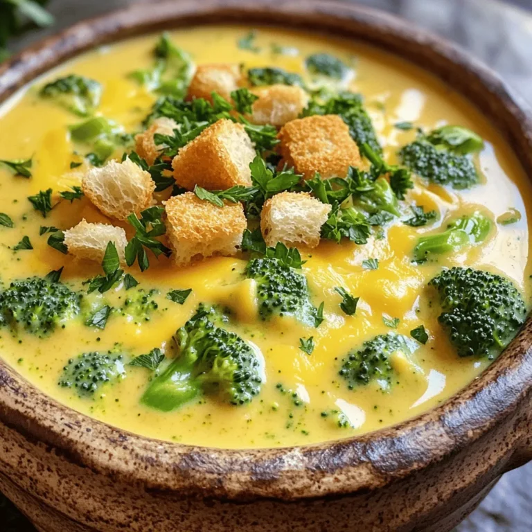 To make a delicious creamy broccoli cheddar soup, you need fresh and simple ingredients. Here’s what you will use: - 4 cups fresh broccoli florets - 1 medium yellow onion, finely chopped - 3 cloves garlic, minced - 3 tablespoons unsalted butter - 3 cups vegetable broth - 1 cup heavy cream - 2 cups sharp cheddar cheese, shredded - 1 teaspoon Dijon mustard - Salt and freshly ground pepper to taste - 1/4 teaspoon ground nutmeg (optional) - Homemade or store-bought croutons (for garnish) - Fresh parsley, chopped (for garnish) These ingredients blend to create a comforting soup. Fresh broccoli gives it color and nutrition. The sharp cheddar adds that rich, cheesy flavor we all love. Garlic and onion bring a depth of taste, while heavy cream keeps it smooth and rich. Use vegetable broth for a light base. You can add nutmeg for warmth and flavor. Feel free to adjust the seasonings to your taste. If you want to elevate the soup, garnish it with crunchy croutons and fresh parsley. This adds a nice touch when serving. For the full recipe, you can find the details in the recipe section. 1. Start by melting unsalted butter in a large pot over medium heat. 2. Add finely chopped onion and minced garlic. Sauté them for about 3-4 minutes until the onion softens. 3. Next, add the fresh broccoli florets to the pot. Sauté for an extra 2 minutes to bring out their flavor. 4. Pour in vegetable broth and raise the heat until it boils. Once boiling, lower the heat and let it simmer for 10-12 minutes. This cooks the broccoli until it's tender and bright green. - For a smooth soup, use an immersion blender. Blend directly in the pot until creamy. - If you don’t have an immersion blender, let the soup cool a bit. Then, transfer it in batches to a countertop blender. Puree until smooth, then return it to the pot. 1. Stir in the heavy cream, shredded sharp cheddar cheese, and Dijon mustard. Mix well and let the cheese melt over low heat for 3-5 minutes. 2. Taste the soup and adjust seasonings with salt, freshly ground pepper, and a pinch of ground nutmeg if you like. Serve the soup hot, topped with crunchy croutons and fresh parsley. For the full recipe, check out the section above! To avoid overcooking the broccoli, keep an eye on the time. Cook it for about 10 to 12 minutes. When it turns bright green and is tender, it’s perfect. If you cook it too long, it will turn mushy and lose its flavor. For a smooth consistency, use an immersion blender. Blend until the soup is creamy and no lumps remain. If you don’t have one, let the soup cool a bit. Then, use a countertop blender in small batches. Always blend carefully to prevent splashes. For a taste boost, try adding some spices. A pinch of garlic powder or onion powder can enhance the soup. You can also use smoked paprika for a smoky flavor. Adding a teaspoon of lemon juice can brighten the taste too. If you want to add protein, shredded chicken or diced tofu works well. These options make the meal more filling. You can also stir in some cooked bacon bits for a savory crunch. For a fun garnish, use homemade croutons on top of the soup. They add a nice crunch and flavor. A sprinkle of fresh parsley makes it look more inviting. You can even drizzle a bit of cream for a fancy touch. Pair this soup with a simple salad or a grilled cheese sandwich. The fresh greens balance the creaminess. The sandwich adds a nice crunch, making it a perfect meal. For the full recipe, check out the complete guide to making creamy broccoli cheddar soup. {{image_4}} You can switch up the ingredients to suit your needs. For those avoiding dairy, use coconut milk or almond milk instead of heavy cream. These options still give you a creamy texture. You can also use nutritional yeast for a cheesy flavor without dairy. For cheeses, sharp cheddar is classic, but you can try gouda or pepper jack for a twist. Each cheese adds a unique flavor and texture to the soup. Adding extra vegetables boosts nutrition and flavor. Carrots, cauliflower, or bell peppers work well. Chop them small so they cook evenly. This adds color and makes the soup heartier. Herbs and spices can elevate your soup. Try thyme or rosemary for a fresh taste. A pinch of cayenne pepper adds a bit of heat. Don’t shy away from experimenting with flavors you love! If you want a hands-off approach, try a slow cooker. Just add all ingredients, set it to low for 6-8 hours, and let it cook. This method lets the flavors meld beautifully. An Instant Pot is another great option. Cook the soup on high for about 10 minutes. The pressure builds flavor quickly, and you’ll have soup ready in no time. For the full recipe, check out the Creamy Broccoli Cheddar Soup. Store your leftovers in an airtight container. This keeps the soup fresh and safe. In the fridge, your Creamy Broccoli Cheddar Soup lasts about 3 to 4 days. Make sure to let it cool before sealing the container. Freezing creamy soups can be tricky, but it works well! First, let the soup cool fully. Then, pour it into freezer-safe bags or containers. Leave some space for expansion. The soup can stay good in the freezer for up to 3 months. When you're ready to eat, thaw it overnight in the fridge. Reheat it gently on the stove over low heat, stirring often. Watch for signs of spoilage like a sour smell or changes in color. If you see mold, toss it out! To keep your soup fresh longer, always use clean utensils when serving. Portioning the soup before storing helps too. This way, you only take out what you need. For more ideas, check the Full Recipe for tips on making this soup last longer. Making this soup takes about 30 minutes total. You spend around 10 minutes prepping the ingredients. Cooking and blending the soup takes about 20 minutes. This quick time makes it easy for a busy night. Yes, you can prepare this soup ahead of time. Make it a day in advance and store it in the fridge. Just reheat it gently on the stove when you're ready to serve. This soup also tastes great the next day! I love serving this soup with crusty bread or a fresh salad. Grilled cheese sandwiches pair well, too. You could even add some crunchy croutons on top for extra texture. These sides make the meal feel more complete. Creamy Broccoli Cheddar Soup has good nutrients. Broccoli is high in vitamins and fiber. You can make it healthier by using less cream or cheese. Try adding more veggies for extra nutrition. This way, you can enjoy a tasty meal that is good for you! You now have a clear pathway to making Creamy Broccoli Cheddar Soup. We've covered all the key ingredients, the easy steps to prepare, and tips for enhancing flavor. You can even explore variations, like dairy-free options or different cooking methods. Store your soup safely to enjoy later. I hope this guide makes your cooking experience fun and rewarding. Dive into this recipe and savor your creation!