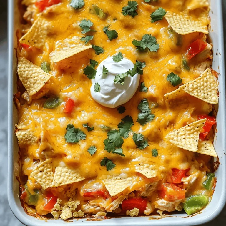 Here’s what you need to make this tasty chicken taco casserole: - 1 lb (450g) cooked chicken, shredded - 1 can (15 oz) black beans, drained and rinsed - 1 can (15 oz) corn, drained - 1 ½ cups salsa (choose your spice level) - 1 packet taco seasoning (about 1 oz) - 2 cups tortilla chips, lightly crushed - 2 cups shredded cheddar cheese (or a cheese blend if desired) - 1 cup diced bell peppers (a colorful mix of red, yellow, and green) - 1 cup sour cream (optional, for serving) - Fresh cilantro, finely chopped, for garnish You can swap some ingredients if you need to. Here are a few ideas: - Use ground turkey or beef instead of chicken. - Swap black beans for pinto beans or kidney beans. - Fresh corn works well if you have it. Just cut it off the cob. - Try different cheeses like Monterey Jack or pepper jack for a kick. - Use Greek yogurt instead of sour cream for a healthier choice. When it comes to fresh versus canned, both can work well. - Fresh Ingredients: They often have better flavor and texture. Fresh bell peppers add crunch, while fresh corn gives sweetness. - Canned Ingredients: They save time and are usually ready to use. Canned beans and corn are handy for quick meals. Just rinse them to reduce sodium. Using a mix of both can give you the best of both worlds. You get the convenience of canned and the taste of fresh! Start by preheating your oven to 350°F (175°C). This step is key. Preheating helps the casserole cook evenly. It also gives you that nice bubbly cheese on top. In a large bowl, mix together the shredded chicken, black beans, corn, salsa, taco seasoning, and diced bell peppers. Make sure everything blends well. You want each bite to taste great. This mixture is the heart of your casserole. Take a greased 9x13 inch baking dish. Spread half of the crushed tortilla chips at the bottom. Then, pour half of your chicken mixture over the chips. Add 1 cup of shredded cheddar cheese on top. Repeat this layering. Finish with the last of the cheese on top. This creates a great texture and flavor. Place your casserole in the preheated oven. Bake for 25 to 30 minutes. You’ll know it’s ready when the cheese bubbles and turns golden brown. After baking, let it cool for about 5-10 minutes. This helps the layers set. For serving, top each portion with sour cream and fresh cilantro. This adds a nice touch to your meal. To make your chicken taco casserole burst with flavor, use fresh ingredients. Fresh bell peppers add crunch and flavor. Try using a mix of red, yellow, and green for color. Choose a salsa with your desired spice level. A medium salsa gives a nice kick without being too hot. You can also add chopped jalapeños for extra heat. If you enjoy garlic, add minced garlic to the chicken mix. This will enhance the taste and aroma. One common mistake is overcooking the casserole. Keep an eye on the cheese. You want it bubbly and golden, not burnt. Another mistake is not mixing the ingredients well. Ensure the chicken, beans, and salsa are fully combined. This helps each bite have a balanced flavor. Using stale tortilla chips can ruin the dish. Always use fresh chips for better texture. Serving your casserole is easy and fun. I like to serve it straight from the baking dish. This keeps it warm and inviting. Add a dollop of sour cream on top for creaminess. Fresh cilantro as a garnish adds a pop of color. You can also serve it with a side of guacamole or fresh salsa. For a complete meal, pair it with a simple salad. This adds freshness and crunch to the table. Want to explore more? Check the Full Recipe for ideas and variations! {{image_4}} You can make a tasty vegetarian version of this casserole. Swap the chicken for 1 cup of cooked quinoa or a can of chickpeas. This change gives you great protein and keeps it filling. Use the same black beans, corn, and salsa. Add extra veggies like zucchini or spinach for more flavor. This option is perfect for meatless meals. If you like heat, you can boost the spice level. Choose a spicy salsa or add diced jalapeños to the mix. You can also sprinkle in some cayenne pepper or chili powder with the taco seasoning. Make sure to taste as you go. Finding the right heat is key. Just a little can make a big difference in flavor. Cheese lovers will enjoy mixing it up with cheese options. Instead of cheddar, try pepper jack for some extra kick. If you want a vegan option, use a plant-based cheese. There are many great brands available now. You can also leave out the cheese entirely if you prefer a lighter dish. Just make sure to keep the flavors bold with your toppings. Check out the Full Recipe for all the tasty details! After enjoying your chicken taco casserole, it's easy to store leftovers. Let the casserole cool completely. Then, cover it tightly with plastic wrap or foil. You can also use an airtight container. This keeps it fresh and tasty. Store it in the fridge for up to three days. For longer storage, you can freeze the casserole. First, let it cool completely. Then, cut it into portions for easy serving. Wrap each portion in plastic wrap and place them in a freezer bag. Be sure to label the bags with the date. This way, you can enjoy your casserole for up to three months. When you're ready to eat your leftovers, reheating is easy. For best results, use the oven. Preheat it to 350°F (175°C). Place the casserole in a baking dish and cover it with foil. Bake for about 20-25 minutes, or until heated through. If you want a crispy top, remove the foil for the last 5 minutes. You can also reheat individual portions in the microwave. Heat in 30-second intervals until warm. Enjoy your Easy Chicken Taco Casserole anytime you crave it! For the full recipe, check out the provided recipe section. No, I do not recommend using raw chicken. Raw chicken needs more cooking time. If you use it, the casserole may not cook evenly. Always start with cooked chicken for the best results. Shredded chicken from a rotisserie works great. It keeps the meal quick and tasty! The casserole lasts about three to four days in the fridge. Make sure to cover it well. You can use plastic wrap or foil for this. If you want to keep it longer, consider freezing it. This helps preserve the flavors and texture. Serve the casserole warm right from the oven. I love adding a dollop of sour cream on top. Fresh cilantro adds a nice touch too. You can also serve it with extra salsa or guacamole on the side. This adds even more flavor to each bite. For a fun twist, pair it with a simple green salad! Let’s dive into making this tasty Easy Chicken Taco Casserole. It’s a fun dish that everyone loves. You can whip it up for dinner or even a party. Here’s how to make it step by step. 1. Preheat the Oven: Set your oven to 350°F (175°C). This step is key for a well-cooked casserole. 2. Combine Ingredients: In a big bowl, mix the following: - 1 lb cooked chicken, shredded - 1 can black beans, drained and rinsed - 1 can corn, drained - 1 ½ cups salsa (choose your spice level) - 1 packet taco seasoning - 1 cup diced bell peppers Stir until everything blends well. The salsa should coat all the ingredients nicely. 3. Layer the Casserole: Grab a 9x13 inch baking dish and grease it. Start with half of the tortilla chips on the bottom. Then, pour half of the chicken mix over them. Top with 1 cup of shredded cheddar cheese. Repeat with the rest of the chips, chicken mix, and cheese. 4. Bake to Perfection: Place your dish in the oven. Bake for 25 to 30 minutes. Watch for the cheese to bubble and turn golden brown. 5. Serve with Flair: After baking, let it cool for 5-10 minutes. Serve warm! Add sour cream and sprinkle fresh cilantro on top. This adds a nice touch. Prep time is just 15 minutes. With baking, the total time is about 45 minutes. You’ll have 6 to 8 servings of this delicious casserole. For a great presentation, serve it straight from the baking dish. The bright colors will wow your guests. Enjoy this Easy Chicken Taco Casserole with friends and family! This blog post covered everything you need for a tasty chicken taco casserole. We discussed ingredients, substitutions, and the choice between fresh and canned items. You learned step-by-step instructions for making it, along with tips to boost flavor. I shared variations for vegetarians and those who like spice. We also went over storage and reheating advice to enjoy leftovers. With these insights, you can create your perfect casserole. Enjoy cooking and sharing this meal with others!
