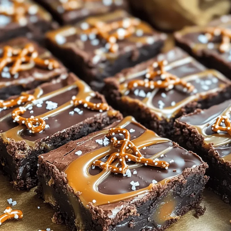 To make salted caramel pretzel brownies, gather these simple ingredients: - 1 cup unsalted butter, melted - 1 cup granulated sugar - 1 cup brown sugar, packed - 4 large eggs, at room temperature - 1 teaspoon vanilla extract - 1 cup all-purpose flour - 1 cup unsweetened cocoa powder - 1/2 teaspoon baking powder - 1/2 teaspoon salt - 2 cups mini pretzels, roughly chopped - 1 cup salted caramel sauce (can be store-bought or homemade) - Sea salt flakes, for garnish If you need to make adjustments, here are some ideas: - Use coconut oil instead of unsalted butter for a dairy-free option. - Substitute the granulated and brown sugar with coconut sugar for a lower glycemic index. - For gluten-free brownies, swap all-purpose flour with a gluten-free blend. Choosing the right brands can make a difference in taste. Here are some I trust: - For butter, I recommend Kerrygold or Plugrá for rich flavor. - Use Ghirardelli or Valrhona cocoa powder for a deep chocolate taste. - For caramel, try Smucker's or make your own for the best result. You can find the complete recipe in the [Full Recipe]. Start by preheating your oven to 350°F (175°C). Take a 9x13-inch baking pan and grease it lightly. You can also line it with parchment paper. This makes it easy to lift out the brownies once they bake. In a large mixing bowl, pour in 1 cup of melted unsalted butter. Add 1 cup of granulated sugar and 1 cup of packed brown sugar. Use a whisk to mix these until smooth and creamy. Next, crack in 4 large eggs, one at a time. Whisk well after each egg. Finally, stir in 1 teaspoon of vanilla extract for added flavor. In another bowl, sift together 1 cup of all-purpose flour, 1 cup of unsweetened cocoa powder, 1/2 teaspoon of baking powder, and 1/2 teaspoon of salt. Sifting removes lumps. This step ensures even mixing later on. Now, gradually fold the dry ingredients into the wet mixture. Use a spatula and mix gently until just combined. Be careful not to over-mix; it could ruin the texture. Next, fold in 2 cups of roughly chopped mini pretzels. Reserve a handful for later. Pour half of the brownie batter into your prepared pan. Spread it evenly with a spatula. Drizzle half of the salted caramel sauce over this layer. Then, add the rest of the brownie batter, smoothing it on top. Drizzle the remaining caramel sauce over it and sprinkle the reserved pretzels on top. Add a few sea salt flakes for a nice touch. Bake the brownies for 25 to 30 minutes. Check if they are done by inserting a toothpick; it should come out mostly clean. Once baked, take them out and let them cool in the pan for at least 30 minutes. This helps them set before you slice them into squares. For the full recipe, you can refer to the earlier section. To make fudgy brownies, use melted butter. This gives them a rich texture. Mix the sugars with the melted butter until smooth. Adding eggs one at a time helps keep the mix creamy. When you combine wet and dry ingredients, mix until just blended. Over-mixing makes brownies cake-like instead of fudgy. To avoid over-mixing, use a spatula when folding in dry ingredients. Move gently and don’t rush. Stop when you no longer see dry flour. This keeps the brownies dense and moist. Remember, small lumps are okay. They will bake out during cooking. Quality ingredients make a big difference. Use real unsweetened cocoa powder for deep flavor. Choose fresh eggs for better texture and taste. If you can, pick a rich salted caramel sauce. It adds a wonderful sweet and salty taste. Always use fresh mini pretzels for the best crunch. For the full recipe, check back to ensure you're set for success! {{image_4}} You can make these salted caramel pretzel brownies gluten-free. Replace all-purpose flour with a 1:1 gluten-free flour blend. Ensure it contains xanthan gum for better texture. This swap works well without changing the taste. To make a vegan version, substitute the eggs with flax eggs. Mix one tablespoon of ground flaxseed with three tablespoons of water for each egg. Use plant-based butter and a dairy-free caramel sauce. These changes keep the brownies rich and tasty. You can get creative with toppings! Try adding chopped nuts for crunch or mini marshmallows for a gooey twist. Swirl in some peanut butter for a rich flavor. Drizzle extra caramel sauce on top for added sweetness. Each option adds a unique touch to your brownies! To keep your salted caramel pretzel brownies fresh, store them in an airtight container. This will help prevent them from drying out. If you have leftovers, place a piece of wax paper between layers. This keeps them from sticking together. Store the container at room temperature for up to four days. You can also refrigerate them for longer freshness, but this may change the texture slightly. If you want to save brownies for later, freezing is a great option. First, let the brownies cool completely. Then, cut them into squares. Wrap each piece tightly in plastic wrap. After that, place the wrapped brownies in a freezer bag. They can stay in the freezer for up to three months. When you're ready to eat them, simply thaw them in the fridge overnight. To enjoy your brownies warm, reheat them in the oven. Preheat the oven to 350°F (175°C). Place a brownie on a baking sheet. Heat for about 5 to 10 minutes. You can also microwave them for about 10 to 15 seconds. Just be careful not to overheat, as this can dry them out. Consider drizzling some extra caramel sauce on top for a fresh touch before serving. Yes, you can use store-bought caramel sauce. It saves time and still tastes great. Look for a high-quality brand. This choice makes your baking easier without losing flavor. These brownies stay fresh for about 3 to 5 days at room temperature. Store them in an airtight container. You can also refrigerate them for up to a week. Just remember to bring them to room temperature before serving. These brownies pair well with vanilla ice cream or whipped cream. A drizzle of extra caramel makes them extra special. You can also serve them with fresh fruit like strawberries or raspberries for a fun twist. Check the brownies after 25 minutes of baking. Insert a toothpick in the center. If it comes out with a few moist crumbs, they are done. If it comes out wet, bake for a few more minutes. The goal is to have fudgy brownies, not dry ones. We explored all you need to make fudgy brownies. We covered ingredients, preparation steps, and tips for success. You learned how to adapt recipes for dietary needs and create tasty variations. Proper storage ensures your brownies stay fresh. Remember, quality ingredients make a big difference. Use what you learned to impress everyone with your baking skills. Enjoy every sweet bite!