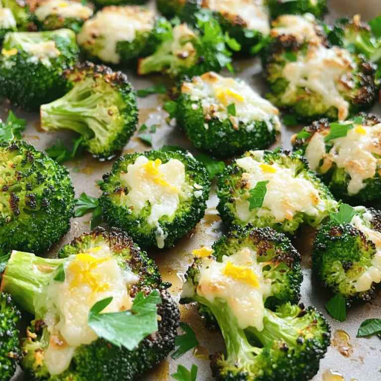 - 1 lb broccoli florets, washed and trimmed - 3 tablespoons extra virgin olive oil - 4 cloves garlic, finely minced - ½ cup freshly grated Parmesan cheese - ½ teaspoon red pepper flakes (optional, for heat) - Salt and freshly ground black pepper to taste - Zest of 1 lemon for brightness - Fresh parsley, chopped, for garnish When choosing your ingredients, fresh is best. For broccoli, look for bright green florets. Avoid yellowing or brown spots. The garlic should be firm with no signs of sprouting. Fresh Parmesan cheese gives the best flavor. Grating it yourself makes a big difference. Use extra virgin olive oil for richness. For measuring, use standard measuring spoons and cups. This ensures your ingredients are just right. Keep your seasonings simple. A pinch of salt and pepper can change the dish. Freshness matters. It enhances taste and nutrition. When you use fresh ingredients, your dish will shine. Don't be shy about experimenting with amounts. Cooking is all about discovering what you love! For the full recipe, check the [Full Recipe]. - Preheating the Oven Start by preheating your oven to 425°F (220°C). This high heat helps the broccoli roast well. A hot oven gives the broccoli nice color and flavor. - Tossing the Broccoli with Ingredients In a big bowl, add 1 lb of washed and trimmed broccoli florets. Drizzle 3 tablespoons of extra virgin olive oil over the florets. Add 4 cloves of finely minced garlic, ½ teaspoon of red pepper flakes (if you want some heat), and salt and freshly ground black pepper to taste. Toss everything together until the broccoli is well coated. - Arranging on a Baking Sheet Take a large baking sheet and transfer the seasoned broccoli onto it. Make sure to spread the florets out in a single layer. This step is key for even roasting. Crowding the pan can make the broccoli steam instead of roast. - Cooking Time and Temperature Place the baking sheet in the preheated oven. Roast the broccoli for about 15 minutes. You want it to be tender and start turning golden brown. Keep an eye on it; you want that perfect roast! - Importance of Single Layer Always roast the broccoli in a single layer. This helps each piece cook evenly and get that nice crispiness. If they are piled up, some pieces will cook too fast, while others may stay soggy. - Adding Parmesan Cheese After 15 minutes, carefully take the baking sheet out. Sprinkle ½ cup of freshly grated Parmesan cheese over the hot broccoli. The cheese will melt and stick nicely to the florets. - Zesting Lemon and Garnishing Put the baking sheet back in the oven for another 5 minutes. Wait until the cheese is melted and bubbly. Once done, take it out and zest a lemon over the dish. This adds a bright, fresh flavor. Finally, sprinkle some fresh parsley on top for color and freshness. You can find the full recipe to make this dish shine! Achieving the Right Texture Roasting broccoli is all about texture. You want it crisp but tender. To get this right, use fresh florets and cut them into similar sizes. This helps them cook evenly. Preheat your oven to 425°F (220°C). This hot temperature gives the broccoli a nice char. Cook for about 15 minutes, then check for doneness. If they are too soft, reduce the time next time. Ensuring Even Cooking Spread the broccoli in a single layer on your baking sheet. Crowding the pan can lead to steaming instead of roasting. Use a large sheet if needed. Toss the broccoli well with olive oil and seasonings. This guarantees that every piece gets coated and cooks evenly. Variations with Herbs and Spices You can mix things up with herbs and spices. Try adding thyme or rosemary for an earthy taste. If you want heat, sprinkle some cayenne or smoked paprika. These flavors can transform your dish. Experiment and see what you like best! Incorporating Other Vegetables Roasted broccoli pairs well with other veggies. Consider adding carrots or bell peppers. Cut them to match the broccoli size. This way, they roast evenly together. You can also add cherry tomatoes for a burst of sweetness. Serving Suggestions Serve your garlic Parmesan roasted broccoli in a shallow bowl. This allows the colors to shine. Add a lemon wedge on the side for a pop of brightness. It looks fresh and inviting. Creative Plating Tips For a fun touch, drizzle a bit of extra olive oil over the top. You can also sprinkle some more Parmesan cheese before serving. This gives a nice finishing touch. Use fresh parsley for a vibrant, green contrast. A well-presented dish makes it even more appealing. For the full recipe, follow the steps and enjoy this delightful side! {{image_4}} You can switch up the cheese to suit your taste. Here are some great options: - Pecorino Romano - Grana Padano - Asiago - Feta Each cheese brings its own flavor. Pecorino Romano adds a sharp bite, while Grana Padano is milder. You can also mix cheeses for extra depth. Try feta for a creamy contrast. Add fun flavors to the dish. Try these combinations: - Lemon zest with capers - Balsamic glaze with honey - Smoked paprika for a smoky touch Experiment with spices and herbs. For a kick, add chili powder or cumin. Use fresh herbs like basil or thyme for a fresh twist. Want to make this dish a full meal? Add protein! Some tasty suggestions include: - Grilled chicken - Shrimp - Tofu Grilled chicken pairs well with the garlic and cheese. Shrimp adds a lovely seafood flavor. For a plant-based option, try marinated tofu. Cook the protein separately and serve it alongside or mixed in. If you're vegan, you can still enjoy this dish! Replace the cheese with: - Nutritional yeast - Vegan cheese Nutritional yeast gives a cheesy flavor without dairy. Vegan cheese can melt just like regular cheese. Look for brands that taste good on their own. For a creamy touch without dairy, use: - Cashew cream - Almond cream These creams add richness. You can make them by blending soaked nuts with water. They add a silky texture to your roasted broccoli. For the full recipe, check the Garlic Parmesan Roasted Broccoli section above. Enjoy these tasty variations! How do you store leftovers? First, let the broccoli cool down. Place it in an airtight container. This keeps it fresh. You can safely store it in the fridge for up to three days. If you want to keep it longer, consider freezing it. What are proper containers? Use glass or plastic containers with tight lids. These help prevent moisture loss. Make sure the container is clean before adding the broccoli. What are the best practices for reheating? The best way to reheat broccoli is in the oven. Preheat your oven to 350°F (175°C). This keeps the broccoli crisp. Spread it out on a baking sheet. Heat it for about 10 minutes. How do you maintain crunchiness? Avoid using the microwave if you want crunch. The oven helps keep that great texture. You can also use a skillet on medium heat. Just stir for a few minutes until warm. How can you freeze for long-term storage? Start by blanching the broccoli. Boil it for two minutes, then cool it in ice water. Drain and pat dry. Place it in a freezer bag. Squeeze out the air and seal it well. This way, it can last up to six months. How do you thaw and prepare from frozen? To thaw, place the bag in the fridge overnight. You can also use the microwave on the defrost setting. After thawing, you can roast or sauté it. This will bring back some crunch. For best results, cook it straight from frozen. Roasting broccoli usually takes about 20 minutes. You first cook it for 15 minutes. Then, you add cheese and let it roast for another 5 minutes. This time gives the broccoli a nice texture and flavor. Yes, you can use frozen broccoli. However, fresh broccoli works best for this recipe. Frozen broccoli may not get as crispy. If using frozen, thaw and drain it well before roasting. Garlic Parmesan roasted broccoli pairs well with many dishes. I like serving it with grilled chicken or fish. It also complements pasta dishes and can be a great side for steak. Yes, this recipe is gluten-free. It contains no bread or grains. Just check your Parmesan cheese to ensure it’s gluten-free. Most brands are safe, but it’s good to confirm. To spice things up, add red pepper flakes. You can also use spicy garlic powder. If you want more heat, try adding sliced jalapeños before roasting. Yes, you can prep the broccoli in advance. Toss it with oil and garlic, then store it in the fridge. Just roast it when you’re ready to serve. If you need to replace olive oil, try using avocado oil. It has a similar flavor and is healthy. You can also use melted butter for a richer taste. You learned how to make tasty Garlic Parmesan Roasted Broccoli. We covered key ingredients, cooking steps, and tips for perfect results. You also discovered tasty variations and how to store leftovers. This dish is easy and fun to make. It’s a great side for any meal, whether you want it vegan or with protein. Use the tips to impress your family and friends. Now, enjoy your delicious broccoli and get creative in the kitchen!