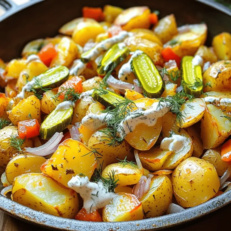 - 4 medium russet potatoes, diced - 1 tablespoon olive oil - 1/2 cup onion, finely diced - 1/2 cup bell pepper, diced - 1/2 cup dill pickles, sliced - 1/4 cup pickling juice - 1 teaspoon garlic powder - 1 teaspoon onion powder - 1 teaspoon smoked paprika - Salt and black pepper - 2 tablespoons ranch dressing (optional) - Fresh dill sprigs for garnish The first step to creating Pickle Ranch Potato Hash is gathering the right ingredients. Using fresh russet potatoes gives the dish a great texture. The onions and bell peppers add a sweet crunch. Dill pickles bring a tangy kick, while the pickling juice adds depth to the flavors. You can customize this dish based on your tastes. If you want more spice, add jalapeños or hot sauce. If you enjoy a creamier texture, sprinkle on more ranch dressing before serving. - Caloric content per serving: About 250 calories - Breakdown of macronutrients: - Carbohydrates: 40g - Protein: 4g - Fat: 8g - Gluten-free and vegetarian considerations: This dish is both gluten-free and vegetarian, making it a great option for many diets. Understanding the nutritional side helps you enjoy this meal in moderation. Each serving is satisfying while fitting into a balanced diet. Enjoy this flavorful dish as a hearty breakfast or a delicious side at lunch or dinner. If you're looking for the full recipe to try this at home, check the Full Recipe. To start, you need to dice the potatoes. Use a sharp knife for safety. Cut the potatoes in half, then slice each half into even strips. Finally, cut the strips into small cubes. This size helps them cook well and become crispy. When slicing vegetables, aim for uniform pieces. This ensures they cook evenly. For onions and bell peppers, slice them thin. The thinner they are, the quicker they will soften in the pan. First, bring a large pot of water to a boil. Carefully add the diced russet potatoes. Parboil them for 5-7 minutes until they are slightly tender. Drain them well and let them cool for a moment. Next, heat olive oil in a heavy skillet over medium heat. Once the oil shimmers, add the diced onion and bell pepper. Sauté for 3-4 minutes until they soften. They should smell great! Now, add the parboiled potatoes to the skillet. Increase the heat to medium-high. Cook for about 10 minutes, stirring occasionally. This step gives the potatoes a nice golden color and crispy texture. Lower the heat to medium. Stir in the sliced dill pickles and pickling juice. Add garlic powder, onion powder, smoked paprika, salt, and pepper. Mix everything well and cook for an extra 3-5 minutes. This allows the flavors to blend beautifully. If you want a flavor boost, drizzle ranch dressing over the hash now. Toss gently to combine. Let it cook for one more minute. This warms the dressing and adds a creamy touch. Remove the skillet from the heat. Fluff the hash lightly with a spatula. For a fresh finish, garnish with sprigs of dill. This adds color and a lovely aroma to your dish. Enjoy your Pickle Ranch Potato Hash! For the full recipe, check out the earlier section. To make your Pickle Ranch Potato Hash shine, focus on spices and herbs. I love using garlic powder, smoked paprika, and fresh dill. These add depth and warmth to the dish. You can also add a pinch of cayenne for a kick. Always choose high-quality ingredients. Fresh potatoes and crisp pickles will boost the taste. For crispy potatoes, start by parboiling them. This helps them cook evenly and makes them soft inside. After boiling, drain and let them dry. In the skillet, heat olive oil well before adding potatoes. This creates a nice golden crust. You know the hash is perfect when the potatoes turn brown and crispy, usually after about 10 minutes in the skillet. Avoid overcooking your potatoes. This makes them mushy, which we don’t want. Keep an eye on the heat levels. Too high, and they burn; too low, and they become soggy. Stir occasionally to help them cook evenly. Remember, the key is a balance between heat and time. {{image_4}} You can switch up the potatoes in this dish. Try using sweet potatoes for a twist. They add a nice sweetness that works well with the pickles. You can also use Yukon gold potatoes. They are creamy and delicious too. If you want to add protein, consider bacon or sausage. They bring a savory crunch that contrasts with the potatoes. Eggs are another great choice. Scramble or fry them and put them on top of your hash. Want some heat? You can add jalapeños or hot sauce to the hash. These spicy options will wake up your taste buds. If you prefer a vegetarian version, use vegan ranch dressing. It keeps the creamy flavor while staying plant-based. You can also add other spices, like cayenne pepper or chili powder, to amp up the flavor. This dish is perfect for breakfast. Pair it with eggs for a hearty meal. You can serve it as a side with lunch or dinner too. It goes well with grilled meats or sandwiches. The crispy texture and bold flavors make it a hit at any meal. Try serving it family-style in the skillet for a fun presentation. For a fresh look, top each serving with extra dill. For the full recipe, check out the Pickle Ranch Potato Hash. To keep your Pickle Ranch Potato Hash fresh, store it in an airtight container. Glass or plastic containers work well. Make sure to let the dish cool before sealing it. This step helps prevent moisture buildup. Keep it in the fridge for up to three days. To reheat your hash, use a skillet over medium heat. This method keeps the texture crispy. Stir occasionally to warm it evenly. You should reheat it for about 5-7 minutes. If you prefer the microwave, heat it in 30-second bursts, stirring in between. Make sure it is hot all the way through. Yes, you can freeze Pickle Ranch Potato Hash! To freeze, let it cool completely. Then, place it in a freezer-safe container. It can last for up to two months in the freezer. When ready to eat, thaw it overnight in the fridge. Reheat it in a skillet to restore its delicious crunch. Yes, you can use different potatoes. I often choose sweet potatoes for a twist. They add a nice sweetness that balances the tangy pickles. You could also use Yukon Gold potatoes. They are creamy and cook well. Just remember, each type has its own unique flavor and texture. Yes, this dish is gluten-free. All the ingredients are safe for those with gluten issues. Just double-check the ranch dressing if you use it. Some brands may have gluten, but many are gluten-free. Always read the labels to be sure. To add heat, try mixing in diced jalapeños or crushed red pepper flakes. You can also swap the ranch dressing for a spicy version. Adjust the spices to fit your taste. A little extra garlic or onion powder can also kick up the flavor. Pickle Ranch Potato Hash pairs well with eggs for breakfast. Scrambled or fried eggs make a great combo. For lunch or dinner, serve it with a fresh salad or grilled chicken. You can also enjoy it alongside a hearty sandwich. This post covered how to make Pickle Ranch Potato Hash. You learned about the key ingredients and the easy steps to prepare and cook this dish. We discussed tips for enhancing flavor and avoiding common mistakes. Variations let you personalize the recipe, while storage info helps you keep leftovers fresh. In conclusion, this dish is fun and flexible. You can make it your own. Enjoy experimenting with flavors and ingredients. Savor every bite!