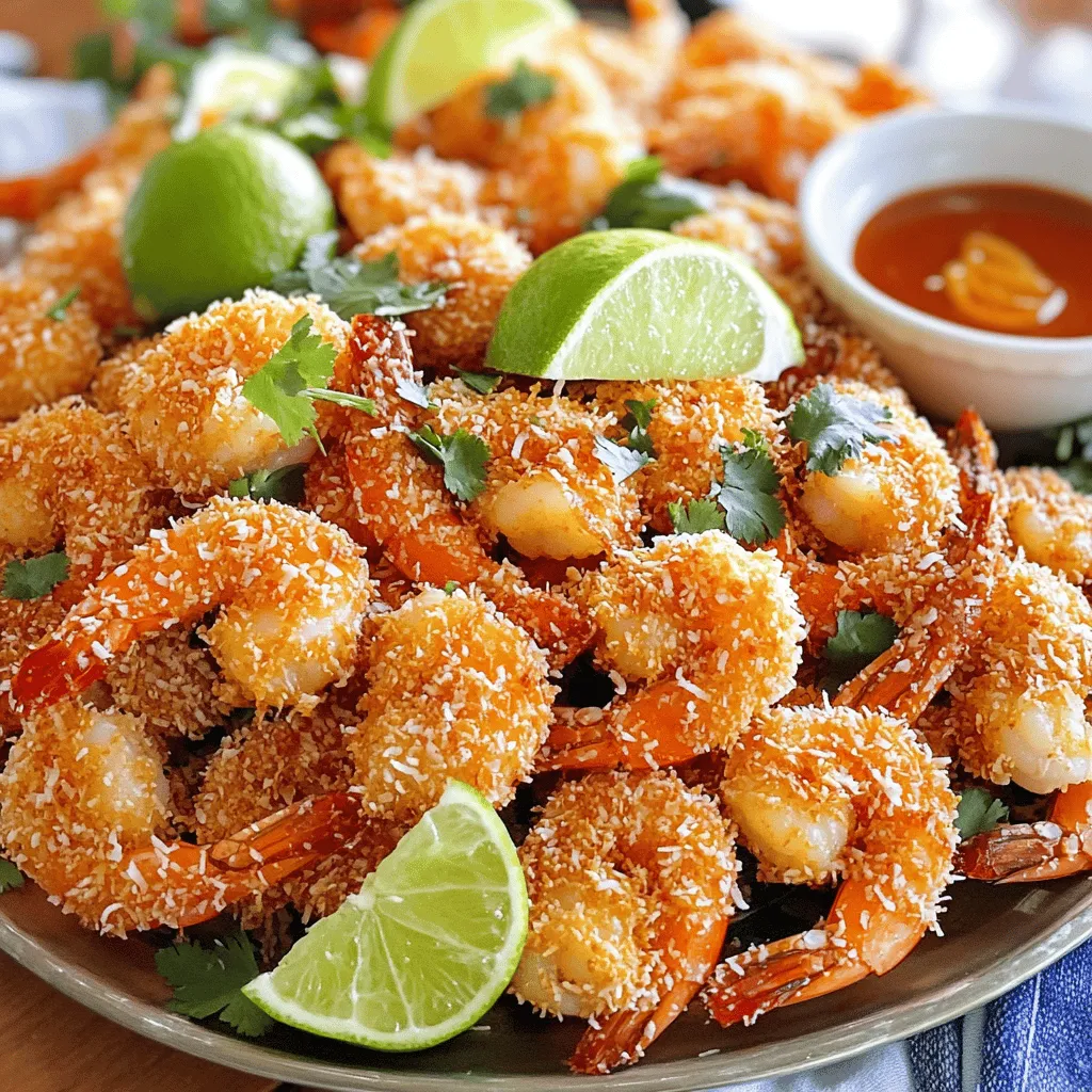- 1 pound large shrimp, peeled and deveined - 1 cup all-purpose flour - 2 large eggs, beaten - 1 cup shredded coconut (preferably sweetened) - 1 cup Panko breadcrumbs - 1 teaspoon garlic powder - 1 teaspoon paprika - Salt and black pepper to taste - Oil for frying (such as vegetable or canola oil) You can swap shrimp for chicken or tofu for a different taste. If you need a gluten-free option, use almond flour instead of all-purpose flour. For breadcrumbs, try gluten-free Panko. You can also choose unsweetened coconut if you want less sweetness. Fresh shrimp makes a big difference in flavor. Look for shrimp that smells clean and ocean-like. When choosing coconut, make sure it is fresh and free from any off smells. High-quality breadcrumbs also add to the crunch. The better the ingredients, the tastier your crispy coconut shrimp will be. To start, you need three shallow dishes. This setup helps you coat the shrimp easily. In the first dish, add the all-purpose flour. This layer gives the shrimp a base. In the second dish, beat the two large eggs well. This mixture will help the breading stick. In the third dish, combine the shredded coconut, Panko breadcrumbs, garlic powder, paprika, salt, and black pepper. Mix it all together so the flavors blend well. Next, you must dry the shrimp. Use paper towels to pat the shrimp dry. This step is key for a crispy coating. Now, let's coat the shrimp. First, take a shrimp and dredge it in the flour. Shake off any extra flour. Then, dip the floured shrimp into the beaten eggs. Let any excess egg drip back into the dish. Finally, press the shrimp into the coconut-Panko mix. Make sure each shrimp is well-coated by pressing gently. Now, it's time to fry! In a large skillet, pour enough oil to cover the bottom by about one inch. Heat the oil over medium-high heat. Look for the oil to shimmer, which means it’s ready. This is around 350°F (175°C). Carefully add the coated shrimp in batches. Do not overcrowd the pan. Fry for about 2-3 minutes on each side. You want them to turn golden brown and crispy. Once done, use a slotted spoon to move the shrimp to a plate lined with paper towels. This drains excess oil. Let them cool slightly before serving. To make it special, serve on a large platter with sweet chili sauce and lime wedges. Enjoy your crispy coconut shrimp! To make your crispy coconut shrimp perfect, pat the shrimp dry with paper towels. This removes extra moisture, helping the coating stick well. If the shrimp are wet, they won’t crisp up right. Next, heat your oil to the right temperature. Aim for about 350°F (175°C). This hot oil cooks the shrimp fast, leading to a great crunch. Use a thermometer to check, or drop in a small piece of batter. If it sizzles, you are ready to fry. Choosing the right oil is key. Use oils like vegetable or canola. These oils have high smoke points. They help your shrimp fry evenly and keep them from sticking. When frying, avoid crowding the pan. Fry in small batches. If you add too many shrimp at once, the oil cools down. This can lead to soggy shrimp instead of crispy ones. Pair your crispy coconut shrimp with tasty dips. Sweet chili sauce is a favorite. It adds a nice flavor contrast. You can also try a tangy mango salsa for a fruity twist. For a beautiful presentation, arrange the shrimp on a large platter. Add fresh lime wedges and sprigs of cilantro around the shrimp. These not only look nice but also add refreshing flavors. For the full recipe, check out the complete guide. {{image_4}} To make spicy coconut shrimp, add heat with spices. You can use cayenne pepper or chili powder. Start with a small amount, then taste as you go. This way, you can control the spice level. For dipping sauces, try sweet chili sauce or a spicy mango salsa. Both pair well with the shrimp's flavor. If you want a healthier option, bake the shrimp instead of frying. To do this, preheat your oven to 400°F (200°C). Instead of oil, use a cooking spray on your baking sheet. Place the shrimp in a single layer. Bake for about 15-20 minutes. Flip them halfway for even cooking. They won’t be as crispy as fried, but still delicious! You can add new flavors to your coconut shrimp. Try mixing in citrus zest, like lime or lemon, into your breading. Fresh herbs, such as cilantro or parsley, also work well. You can also experiment with different breading types. Use crushed tortilla chips or even ground nuts for a fun twist. Each variation offers a unique taste experience! To keep your coconut shrimp fresh, store them right. First, let them cool down to room temperature. Then, place them in an airtight container. This will help keep them crispy. You can also use a zip-top bag. Just make sure to squeeze out all the air. Store them in the fridge if you plan to eat them in the next few days. When reheating coconut shrimp, you want them crispy again. The best method is to use an oven. Preheat it to 350°F (175°C). Place the shrimp on a baking sheet lined with parchment paper. Bake them for about 10-12 minutes. Check them often to avoid overcooking. You can also use an air fryer. Set it to 350°F and cook for about 5-7 minutes. This way, they stay crunchy and delicious. You can freeze both raw and cooked coconut shrimp. For raw shrimp, follow these steps. First, coat the shrimp as you normally would. Then, spread them on a baking sheet. Freeze them for about 1-2 hours. Once they are solid, transfer them to a zip-top bag. For cooked shrimp, let them cool down first. Then, follow the same freezing steps. To thaw, place them in the fridge overnight. You can also use cold water for a quicker method. Just seal them in a bag and submerge in water for about 30 minutes. For the full recipe, check out the Crispy Coconut Shrimp section above. Yes, you can use frozen shrimp. Thaw them safely before cooking. Place frozen shrimp in the fridge overnight. If you're short on time, put them in a bowl of cold water for about 30 minutes. After thawing, pat them dry with paper towels. This helps the coating stick better. Using fresh shrimp is great, but frozen works well too. You can tell shrimp is cooked when it turns pink and opaque. They should also curl slightly. Cooking shrimp takes about 2-3 minutes on each side. If you see them turning golden brown, that's a good sign. Using a meat thermometer, shrimp should reach 120°F. Overcooking makes shrimp tough, so watch carefully. Many sauces pair well with crispy coconut shrimp. Here are some favorites: - Sweet chili sauce - Mango salsa - Spicy aioli - Pineapple dipping sauce - Classic cocktail sauce Feel free to try any of these options. You can even mix and match for fun flavor combos. In this blog post, we covered how to prepare crispy coconut shrimp using simple ingredients and steps. You learned about ingredient choices, frying techniques, and storage tips to keep your shrimp fresh. Always use good, fresh ingredients for the best flavor. Don’t hesitate to get creative with variations and dips. Enjoy making this delicious dish, whether for a meal or a snack. With these tips, you’ll impress everyone with your coconut shrimp. Happy cooking!