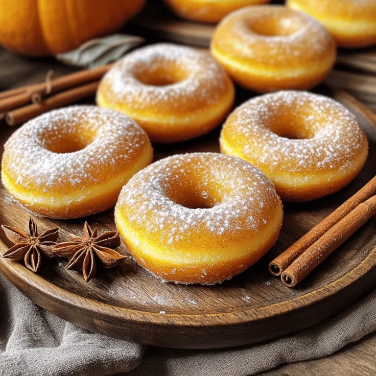 To make these tasty donuts, you need the following main ingredients: - 1 cup fresh pumpkin puree - 1/2 cup granulated sugar - 1/2 cup packed brown sugar - 1/4 cup vegetable oil - 2 large eggs - 1 teaspoon pure vanilla extract - 2 cups all-purpose flour - 2 teaspoons baking powder - 1 teaspoon baking soda - 1 tablespoon pumpkin pie spice - 1/2 teaspoon sea salt - 1/4 teaspoon ground nutmeg - 1/4 cup milk (can substitute with a plant-based alternative) These ingredients come together to create a warm and cozy flavor. You can easily swap out some ingredients if needed: - For pumpkin puree, use canned pumpkin or homemade puree. - Replace eggs with flaxseed meal mixed with water for a vegan option. - Use coconut oil instead of vegetable oil for a different taste. - Swap all-purpose flour with almond or oat flour for gluten-free donuts. These substitutions help you adapt the recipe to your needs. Once your donuts are baked, you can add fun toppings: - Dust with powdered sugar for a simple finish. - Drizzle a glaze made from powdered sugar and milk to add sweetness. - Sprinkle chopped nuts or chocolate chips for extra crunch. - Add a pinch of cinnamon or nutmeg on top for extra warmth. Toppings make your donuts even more delightful and unique. For the full recipe, check the complete instructions. Start by setting your oven to 350°F (175°C). This heat is perfect for baking. While the oven heats, grab your donut pan. Lightly grease it with cooking spray. This step helps the donuts slide out easily later. In a large bowl, add the fresh pumpkin puree, granulated sugar, brown sugar, and vegetable oil. Whisk these ingredients together until they are smooth. This creamy mix brings out the pumpkin flavor. Next, add the eggs one by one, mixing well after each. Finish by stirring in the vanilla extract for that lovely aroma. In a separate bowl, sift together the flour, baking powder, baking soda, pumpkin pie spice, sea salt, and nutmeg. Sifting helps mix the dry ingredients and adds air for a lighter donut. This step is key to achieving a fluffy texture. Now, slowly add the dry mixture to the wet ingredients. Alternate this with the milk, starting and ending with dry ingredients. Mix gently until just combined. Be careful not to over-mix; you want a light and fluffy batter. Using a spoon or a piping bag, fill each donut cavity about three-quarters full. This gives them room to rise. Place the pan in your preheated oven. Bake for 12-15 minutes. Check for doneness by inserting a toothpick in the center. If it comes out clean, your donuts are ready! Let them cool in the pan for 5 minutes. Then, gently transfer them to a wire rack to cool completely. This cooling helps keep their texture perfect. Feel free to check out the Full Recipe for more details and tips to enhance your baking experience! To make sure your donuts are light and fluffy, avoid over-mixing the batter. Mix just until the wet and dry ingredients blend. If you mix too much, the donuts can become dense. Another tip is to use room temperature eggs. This helps the batter mix better, leading to a lighter texture. Measuring ingredients correctly is key. Use dry measuring cups for flour and sugar. Spoon the flour gently into the cup and level it off with a knife. Don’t pack it down, as this can add too much flour. For liquids, use a clear measuring cup and check at eye level to get the right amount. This small step makes a big difference in your donuts. One common mistake is using stale ingredients. Always check the expiration dates on baking powder and soda. Old ingredients can affect how your donuts rise. Another mistake is not greasing the pan well. This can cause the donuts to stick, making them hard to remove. Lastly, don’t skip cooling the donuts on a wire rack. This helps them stay soft and avoids sogginess. For the full recipe, check out the link provided. Enjoy your baking! {{image_4}} You can make these donuts gluten-free by swapping the all-purpose flour. Use a gluten-free flour blend instead. Make sure the blend contains xanthan gum. It helps give the donuts a good texture. Just substitute in equal parts. Enjoy the same taste without gluten! To create a vegan version, replace the eggs and milk. Use flax eggs instead of regular eggs. Mix 1 tablespoon of ground flaxseed with 3 tablespoons of water for each egg. For milk, choose a plant-based alternative like almond or oat milk. This keeps the donuts moist and tasty. You can spice up your donuts with chocolate or nuts. Fold in mini chocolate chips for a sweet surprise. Chopped nuts, like pecans or walnuts, add a nice crunch. Add about 1/2 cup of either to the batter. This makes your donuts even more special and fun! To keep your baked pumpkin spice donuts fresh, store them in an airtight container. This method locks in moisture and flavor. Place a paper towel at the bottom of the container to absorb excess moisture. You can also add another paper towel on top before sealing. For the best taste, enjoy them within three days. Freezing donuts is a great way to save them for later. First, let your donuts cool completely. Then, wrap each donut in plastic wrap or foil. This step prevents freezer burn and keeps them fresh. Place the wrapped donuts in a freezer-safe bag or container. They can last up to three months in the freezer. When you’re ready to enjoy them, thaw at room temperature or pop them in the microwave for a few seconds. If your donuts lose their freshness, don’t worry! You can revive them easily. Try placing them in a preheated oven at 350°F (175°C) for about 5 minutes. This method warms them up and restores some softness. You can also microwave them for about 10 seconds. Just be careful not to overdo it, or they may become tough. You will know the donuts are done when a toothpick comes out clean. Insert it into the center of a donut. If it comes out sticky, bake a few more minutes. Donuts should feel springy to the touch. They will also be lightly golden on the edges. You can use pumpkin pie filling, but it may change the taste. Pumpkin pie filling has added spices and sugars. This can make your donuts sweeter and spicier than you want. I recommend using pure pumpkin puree for the best flavor and control. Baked pumpkin spice donuts pair well with many treats. Here are some ideas: - Hot coffee or chai tea - Whipped cream or cream cheese frosting - A scoop of vanilla ice cream - Fresh fruit, like apples or pears These options add a nice touch to your donuts. Baked pumpkin spice donuts last about 3 days at room temperature. Store them in an airtight container. You can also keep them in the fridge for about a week. Just make sure to let them cool before storing. Yes, baked donuts are generally healthier than fried donuts. Baking uses less fat than frying. This means fewer calories and less grease. You still get all the yummy flavor without the extra oil. You can find the full recipe for these baked pumpkin spice donuts in the earlier sections of this article. Enjoy making them! Baked pumpkin spice donuts are easy and fun to make. We covered the main ingredients, possible substitutions, and tasty toppings. You learned step-by-step how to bake them perfectly. I shared tips to ensure your donuts turn out light and fluffy. You now also know how to store them well and keep them fresh. Try different variations to suit your diet. Whether you want gluten-free or vegan options, there's something for everyone. Enjoy your baking, and share these delightful treats with friends and family!