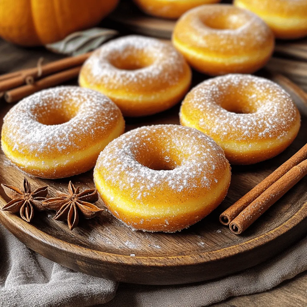 To make these tasty donuts, you need the following main ingredients: - 1 cup fresh pumpkin puree - 1/2 cup granulated sugar - 1/2 cup packed brown sugar - 1/4 cup vegetable oil - 2 large eggs - 1 teaspoon pure vanilla extract - 2 cups all-purpose flour - 2 teaspoons baking powder - 1 teaspoon baking soda - 1 tablespoon pumpkin pie spice - 1/2 teaspoon sea salt - 1/4 teaspoon ground nutmeg - 1/4 cup milk (can substitute with a plant-based alternative) These ingredients come together to create a warm and cozy flavor. You can easily swap out some ingredients if needed: - For pumpkin puree, use canned pumpkin or homemade puree. - Replace eggs with flaxseed meal mixed with water for a vegan option. - Use coconut oil instead of vegetable oil for a different taste. - Swap all-purpose flour with almond or oat flour for gluten-free donuts. These substitutions help you adapt the recipe to your needs. Once your donuts are baked, you can add fun toppings: - Dust with powdered sugar for a simple finish. - Drizzle a glaze made from powdered sugar and milk to add sweetness. - Sprinkle chopped nuts or chocolate chips for extra crunch. - Add a pinch of cinnamon or nutmeg on top for extra warmth. Toppings make your donuts even more delightful and unique. For the full recipe, check the complete instructions. Start by setting your oven to 350°F (175°C). This heat is perfect for baking. While the oven heats, grab your donut pan. Lightly grease it with cooking spray. This step helps the donuts slide out easily later. In a large bowl, add the fresh pumpkin puree, granulated sugar, brown sugar, and vegetable oil. Whisk these ingredients together until they are smooth. This creamy mix brings out the pumpkin flavor. Next, add the eggs one by one, mixing well after each. Finish by stirring in the vanilla extract for that lovely aroma. In a separate bowl, sift together the flour, baking powder, baking soda, pumpkin pie spice, sea salt, and nutmeg. Sifting helps mix the dry ingredients and adds air for a lighter donut. This step is key to achieving a fluffy texture. Now, slowly add the dry mixture to the wet ingredients. Alternate this with the milk, starting and ending with dry ingredients. Mix gently until just combined. Be careful not to over-mix; you want a light and fluffy batter. Using a spoon or a piping bag, fill each donut cavity about three-quarters full. This gives them room to rise. Place the pan in your preheated oven. Bake for 12-15 minutes. Check for doneness by inserting a toothpick in the center. If it comes out clean, your donuts are ready! Let them cool in the pan for 5 minutes. Then, gently transfer them to a wire rack to cool completely. This cooling helps keep their texture perfect. Feel free to check out the Full Recipe for more details and tips to enhance your baking experience! To make sure your donuts are light and fluffy, avoid over-mixing the batter. Mix just until the wet and dry ingredients blend. If you mix too much, the donuts can become dense. Another tip is to use room temperature eggs. This helps the batter mix better, leading to a lighter texture. Measuring ingredients correctly is key. Use dry measuring cups for flour and sugar. Spoon the flour gently into the cup and level it off with a knife. Don’t pack it down, as this can add too much flour. For liquids, use a clear measuring cup and check at eye level to get the right amount. This small step makes a big difference in your donuts. One common mistake is using stale ingredients. Always check the expiration dates on baking powder and soda. Old ingredients can affect how your donuts rise. Another mistake is not greasing the pan well. This can cause the donuts to stick, making them hard to remove. Lastly, don’t skip cooling the donuts on a wire rack. This helps them stay soft and avoids sogginess. For the full recipe, check out the link provided. Enjoy your baking! {{image_4}} You can make these donuts gluten-free by swapping the all-purpose flour. Use a gluten-free flour blend instead. Make sure the blend contains xanthan gum. It helps give the donuts a good texture. Just substitute in equal parts. Enjoy the same taste without gluten! To create a vegan version, replace the eggs and milk. Use flax eggs instead of regular eggs. Mix 1 tablespoon of ground flaxseed with 3 tablespoons of water for each egg. For milk, choose a plant-based alternative like almond or oat milk. This keeps the donuts moist and tasty. You can spice up your donuts with chocolate or nuts. Fold in mini chocolate chips for a sweet surprise. Chopped nuts, like pecans or walnuts, add a nice crunch. Add about 1/2 cup of either to the batter. This makes your donuts even more special and fun! To keep your baked pumpkin spice donuts fresh, store them in an airtight container. This method locks in moisture and flavor. Place a paper towel at the bottom of the container to absorb excess moisture. You can also add another paper towel on top before sealing. For the best taste, enjoy them within three days. Freezing donuts is a great way to save them for later. First, let your donuts cool completely. Then, wrap each donut in plastic wrap or foil. This step prevents freezer burn and keeps them fresh. Place the wrapped donuts in a freezer-safe bag or container. They can last up to three months in the freezer. When you’re ready to enjoy them, thaw at room temperature or pop them in the microwave for a few seconds. If your donuts lose their freshness, don’t worry! You can revive them easily. Try placing them in a preheated oven at 350°F (175°C) for about 5 minutes. This method warms them up and restores some softness. You can also microwave them for about 10 seconds. Just be careful not to overdo it, or they may become tough. You will know the donuts are done when a toothpick comes out clean. Insert it into the center of a donut. If it comes out sticky, bake a few more minutes. Donuts should feel springy to the touch. They will also be lightly golden on the edges. You can use pumpkin pie filling, but it may change the taste. Pumpkin pie filling has added spices and sugars. This can make your donuts sweeter and spicier than you want. I recommend using pure pumpkin puree for the best flavor and control. Baked pumpkin spice donuts pair well with many treats. Here are some ideas: - Hot coffee or chai tea - Whipped cream or cream cheese frosting - A scoop of vanilla ice cream - Fresh fruit, like apples or pears These options add a nice touch to your donuts. Baked pumpkin spice donuts last about 3 days at room temperature. Store them in an airtight container. You can also keep them in the fridge for about a week. Just make sure to let them cool before storing. Yes, baked donuts are generally healthier than fried donuts. Baking uses less fat than frying. This means fewer calories and less grease. You still get all the yummy flavor without the extra oil. You can find the full recipe for these baked pumpkin spice donuts in the earlier sections of this article. Enjoy making them! Baked pumpkin spice donuts are easy and fun to make. We covered the main ingredients, possible substitutions, and tasty toppings. You learned step-by-step how to bake them perfectly. I shared tips to ensure your donuts turn out light and fluffy. You now also know how to store them well and keep them fresh. Try different variations to suit your diet. Whether you want gluten-free or vegan options, there's something for everyone. Enjoy your baking, and share these delightful treats with friends and family!