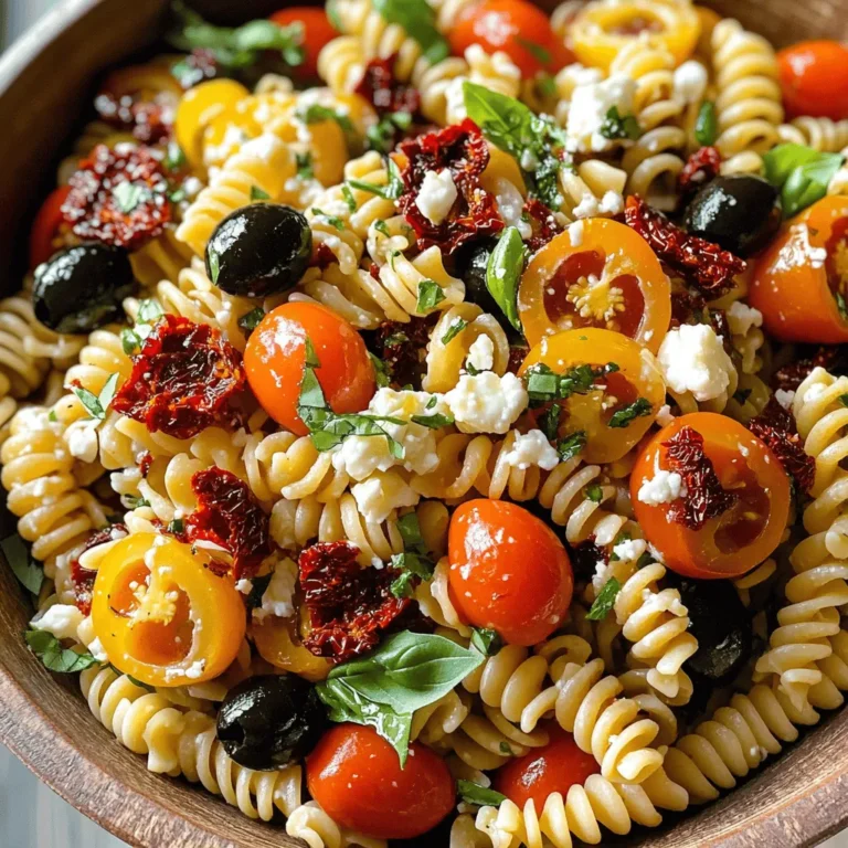 - 2 cups fusilli pasta - 1 cup sun-dried tomatoes, chopped - 1 cup cherry tomatoes, halved - 1/2 cup black olives, sliced - 1/2 cup feta cheese, crumbled - 1/4 cup fresh basil, chopped - 1/4 cup olive oil - 2 tablespoons balsamic vinegar - 1 teaspoon garlic powder - Salt and pepper to taste How to choose quality sun-dried tomatoes: Look for sun-dried tomatoes packed in olive oil. They have the best flavor and texture. Check the label for added preservatives; natural options are always best. If you can find them, sun-dried tomatoes that feel soft and moist are ideal. Alternatives to feta cheese: If you're not a fan of feta, try goat cheese or ricotta. Both add creaminess. You can also use vegan cheese for a plant-based option, which gives a similar texture. Fresh vs. dried herbs: Fresh herbs bring a bright taste to the salad. For this recipe, I recommend using fresh basil. If you use dried herbs, remember they are stronger. Use about one-third the amount of dried herbs as you would fresh. To start, bring a large pot of salted water to a rolling boil. This step is key. The salt adds flavor to the pasta. Once the water boils, add 2 cups of fusilli pasta. Cook it for about 8-10 minutes until it is al dente. You want it firm but not hard. After cooking, drain the pasta in a colander. Let it cool completely. This helps the pasta not stick together. While the pasta cools, grab a large mixing bowl. Add 1 cup of chopped sun-dried tomatoes, 1 cup of halved cherry tomatoes, and 1/2 cup of sliced black olives. Then, toss in 1/2 cup of crumbled feta cheese and 1/4 cup of chopped fresh basil. Mix these ingredients gently. You want to blend their flavors without breaking them apart. Now, let’s make the dressing. In a smaller bowl, whisk together 1/4 cup of olive oil, 2 tablespoons of balsamic vinegar, and 1 teaspoon of garlic powder. Add a pinch of salt and pepper. Blend this mixture until it is smooth and well combined. Once the pasta has cooled, add it to the bowl with the tomato and olive mix. Drizzle the dressing over the pasta. Toss everything together well. Make sure that every piece is coated in the dressing. This step brings all the flavors together. Let the salad rest at room temperature for at least 15 minutes. This time is important. It allows the flavors to meld beautifully. The salad will taste even better after resting. Before serving, give it one last gentle toss. Taste it and adjust the seasoning if needed. Enjoy your Sun-Dried Tomato Pasta Salad! For the full recipe, check out the details above. To make your sun-dried tomato pasta salad shine, focus on seasoning. Start with salt and pepper, then taste as you mix. You want a balance of flavors. If it needs a kick, add more balsamic vinegar. A touch of garlic powder can also enhance the taste. Storage is key for fresh ingredients. Keep the salad in an airtight container. It will stay fresh for up to three days in the fridge. If you have leftovers, add fresh basil before serving. This keeps the salad vibrant and tasty. Pair your salad with grilled chicken or shrimp. These proteins add a nice touch and make the meal heartier. You could also serve it with crusty bread. This adds texture and helps soak up the dressing. For plating, try using a large bowl. It looks great and invites sharing. Sprinkle extra feta and basil on top. This creates an appealing look. You can also drizzle a bit of olive oil around the edge of the bowl for flair. For a fun twist, serve individual portions in small jars. This makes it easy for guests to grab and enjoy. The colorful layers will impress everyone at your gathering. For the full recipe, check out the details above. {{image_4}} You can easily change this pasta salad to suit your taste. Start with the pasta. While fusilli is great, you can use other types too. Try penne, farfalle, or even whole wheat pasta. Each shape brings a different bite and texture. Next, think about the cheese. Feta adds a nice tang, but other options work well too. Goat cheese gives a creamy touch. Parmesan adds a sharp flavor. You can even skip cheese if you want a lighter salad. Want more crunch? Add nuts or seeds. Pine nuts, walnuts, or sunflower seeds offer a nice texture. They also add healthy fats. Toast them lightly for a deeper flavor. If you want more protein, add chicken or shrimp. Grilled chicken adds heartiness. Cooked shrimp gives a light seafood flavor. Both options make the salad more filling and satisfying. Feel free to explore these variations to make the Sun-Dried Tomato Pasta Salad your own! For the complete recipe, check out the Full Recipe. To keep your Sun-Dried Tomato Pasta Salad fresh, use airtight containers. Glass or plastic containers work great. They help keep the salad from drying out. Make sure to seal the container tightly. You can store it in the fridge for about 3 days. After that, the flavors may fade and the texture can change. Pasta salad is often best cold, but you can reheat it if you prefer. The best way is to use the microwave. Heat it in short bursts of 20-30 seconds. Stir after each burst to ensure even heating. If the salad seems dry, add a splash of olive oil or balsamic vinegar. This helps freshen it up. Before serving, toss the salad again. This mixes the flavors and gives it a fresh look. Can I make Sun-Dried Tomato Pasta Salad in advance? Yes, you can make this salad a day ahead. It will taste even better as the flavors blend. Just store it in an airtight container. What variations work well with this recipe? You can add grilled chicken for protein. Try different veggies like bell peppers or spinach. Swap the feta for goat cheese for a tangy twist. Can I substitute balsamic vinegar? If so, what are the options? Absolutely! You can use red wine vinegar or apple cider vinegar. Both will add a nice zing to your salad. How long will the salad last in the refrigerator? The salad stays fresh for up to three days. However, the veggies may lose some crunch over time. What is the best type of pasta for salads? Fusilli is great since it holds dressing well. Other good options include penne or rotini. These shapes add fun texture. Can this recipe be made vegetarian or vegan? Yes, it can! Just omit the feta cheese or use a vegan cheese alternative. The salad will still be delicious. Are there any gluten-free pasta options for this salad? Yes, you can use gluten-free fusilli or any gluten-free pasta. Many brands offer great alternatives that taste good. How do I keep fresh herbs from wilting? Store fresh herbs in a glass of water in the fridge. You can also wrap them in a damp paper towel for added freshness. This blog post covered how to make a tasty sun-dried tomato pasta salad. You learned about all the ingredients, from fusilli to feta cheese. We discussed tips for selecting fresh ingredients and step-by-step cooking instructions. I also shared fun ways to customize your salad and tips for storing leftovers. Use these tips to create your own version. Enjoy experimenting with flavors and textures. Making this pasta salad can be simple and fun. Happy cooking!