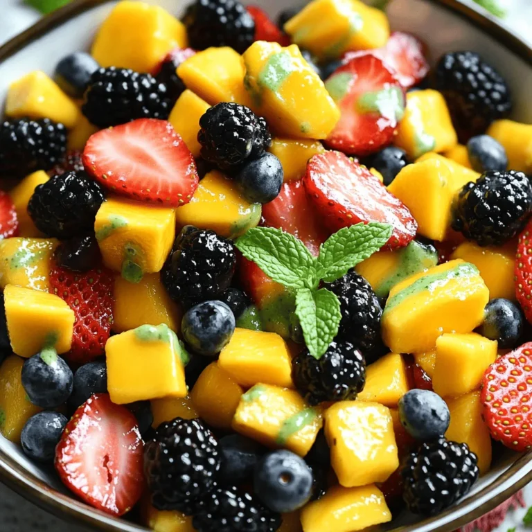 - 2 ripe mangoes, diced - 1 cup fresh blackberries - 1 cup strawberries, hulled and sliced - 1 cup blueberries - 2 tablespoons honey - 2 tablespoons freshly squeezed lime juice - 1 tablespoon fresh mint leaves - A pinch of fine sea salt These ingredients are simple but full of flavor. Ripe mangoes give a sweet and juicy taste, while blackberries add a nice tartness. Strawberries bring a bright color and sweetness, and blueberries offer a burst of juiciness. For the dressing, honey provides natural sweetness. Fresh lime juice balances the flavors with a zesty kick. Mint leaves add a refreshing touch, and sea salt brings everything together. Using fresh and ripe fruit makes a big difference. I always choose the best fruit for my salads. You can find the full recipe [here](#). In a large bowl, I start by combining the diced mangoes, fresh blackberries, sliced strawberries, and blueberries. Use ripe mangoes for the best taste. Gently stir the fruits to mix them well. Be careful not to smash the blackberries; they are soft and delicate. Next, I prepare the dressing in a small bowl. I whisk together honey, freshly squeezed lime juice, finely chopped mint leaves, and a pinch of sea salt. This dressing adds a sweet and tangy flavor to the fruits. Make sure it is smooth and well blended. After preparing the dressing, I drizzle it over the mixed fruits in the large bowl. Using a large spoon, I gently toss the fruits to coat them evenly with the dressing. It’s important to keep the berries intact for the best texture and presentation. Finally, I let the salad sit at room temperature for about 10 minutes. This resting period helps the flavors develop and blend together. Just before serving, I give the salad one last gentle toss to ensure every fruit is coated. Enjoy this refreshing treat! For the complete recipe, you can find the [Full Recipe](#). When picking mangoes, look for ones that feel slightly soft. Their skin should have a nice color, too. The riper the mango, the sweeter it is. For blackberries, choose plump, shiny ones. They should not have any mushy spots. Fresh berries should smell sweet and fruity. This ensures they are at their best for your salad. To balance sweetness and acidity, you might want to adjust the honey and lime juice. If you like it sweeter, add more honey. For a zing, squeeze in extra lime juice. You can also try adding a little orange juice for a unique twist. This adds a nice touch to your dressing and enhances the fruit's flavors. Serve the salad in a bright bowl to show off the colors. You can also use jars for a fun look. Layer the fruits in each jar for a lovely display. Top with fresh mint leaves for a pop of green. This makes the salad not only tasty but also a feast for the eyes. To learn more about this recipe, check out the Full Recipe. {{image_4}} To make this salad vegan, you can swap honey for agave syrup or maple syrup. Both options will add sweetness without any animal products. They blend nicely with the lime juice and mint. This change keeps the salad light and fresh while being friendly for all diets. You can boost flavor by adding other fruits in season. Consider diced peaches, juicy watermelon, or ripe kiwi. Each fruit brings its own taste, which enhances the overall mix. Just remember to keep the ratios similar to maintain balance. Experimenting with seasonal fruits can make each salad a new delight! Want to spice things up? Try adding a sprinkle of chili powder or a dash of ginger. These spices can add warmth and a surprising twist to your salad. Fresh herbs like basil or cilantro can also bring a new dimension. Don't be afraid to play around with flavors; you might discover a new favorite! To keep your Mango Blackberry Fruit Salad fresh, store it in the fridge. Use an airtight container to prevent air and moisture from spoiling it. If you have leftovers, avoid adding the dressing until you are ready to eat. This way, the fruits stay crisp and vibrant. You can freeze the fruit salad, but it's best to freeze only the fruits, not the salad itself. Cut the mangoes and wash the blackberries, strawberries, and blueberries. Place the fruits in a single layer on a baking sheet. Freeze them for about two hours, then transfer them to a freezer bag or container. This method helps prevent them from clumping together. In the fridge, the salad lasts about two to three days. The fruits may start to lose their texture after that. If you freeze the fruits, they can last for up to six months. Just remember, thawed fruits may not be as firm as fresh ones, but they'll still be tasty. Enjoy your salad fresh for the best flavor! For the complete recipe, check out the Full Recipe. Yes, you can make this salad ahead of time. To prep in advance, cut the mangoes and berries a few hours before you serve. Store the fruit in the fridge in an airtight container. Mix the dressing just before serving to keep it fresh. This way, the fruits stay firm and tasty. This fruit salad pairs well with many dishes. Serve it with yogurt for a creamy touch. You can also enjoy it alongside grilled chicken or fish for a light meal. For a sweet treat, serve it with pancakes or waffles. The bright fruits add flavor and color to any plate. Absolutely! Mangoes and blackberries are packed with vitamins. They provide vitamin C, which boosts your immune system. The honey adds natural sweetness without refined sugar. Mint leaves offer a fresh flavor and aid digestion. This salad is a great way to enjoy a healthy snack or dessert. For the full recipe, check out the Mango Blackberry Bliss Salad. This fruit salad combines ripe mangoes, fresh berries, and a zesty dressing. We covered how to select the best fruits, make a flavorful dressing, and combine everything for a delicious dish. You can adjust sweetness, add seasonal fruits, and even tweak storage methods. This salad is easy to prepare and healthy, making it a great choice for any occasion. Enjoy your fresh fruit salad and experiment with flavors to keep it fun!