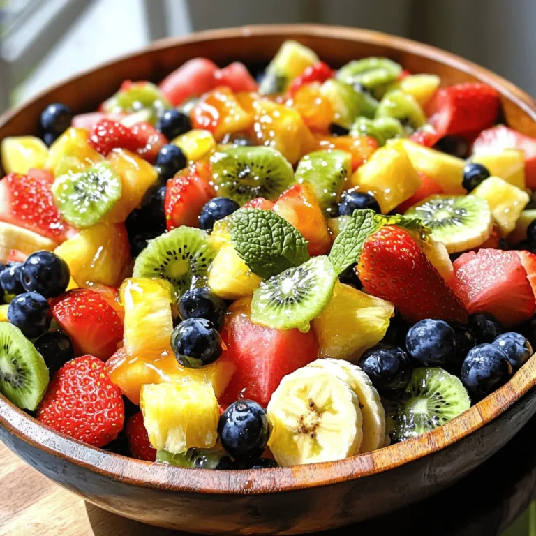 - 1 cup fresh strawberries, hulled and halved - 1 cup juicy blueberries - 1 cup ripe pineapple, diced into bite-sized pieces - 1 cup kiwi, peeled and sliced into rounds - 1 cup sweet watermelon, cubed - 1 ripe banana, sliced into rounds The heart of this Honey Lime Fruit Salad lies in its fresh fruits. Each fruit adds a unique flavor and texture. Strawberries bring sweetness, while blueberries offer a juicy burst. Pineapple adds a tropical touch, and kiwi provides a nice tartness. Watermelon is refreshingly sweet, and banana gives a creamy feel. - 3 tablespoons natural honey - 2 tablespoons freshly squeezed lime juice - Zest of 1 lime for a fragrant touch To bring all these fruits together, we need a simple dressing. Honey adds a rich sweetness, and lime juice brightens up the mix. The lime zest gives an extra kick that makes it special. This dressing ties the flavors together and enhances the overall taste. - Fresh mint leaves For a final touch, we use fresh mint leaves. They add a pop of color and a burst of freshness. Mint not only looks great but also makes the salad taste even better. It’s the perfect garnish for this light, summery dish. This combination of ingredients creates a vibrant and tasty salad. You can find the full recipe for this delicious dish in the section above. Start by preparing your fresh fruit. First, hull the strawberries and slice them in half. Then, take some blueberries and rinse them under cold water. Next, for the pineapple, cut it into bite-sized pieces. Make sure they are sweet and juicy. For the kiwi, peel the skin off and slice it into rounds. After that, cube the watermelon into nice, bite-sized squares. Lastly, slice the banana into rounds. Place all the fruit into a large mixing bowl. This colorful mix is the base of your honey lime fruit salad. Now, let’s make the honey-lime dressing. In a separate small bowl, add three tablespoons of natural honey. Then, squeeze two tablespoons of fresh lime juice into the bowl. Add the zest of one lime for an extra kick. Using a whisk, mix these three ingredients together until smooth. This dressing will bring out the sweet taste of the fruit, making it even more delicious. Next, it's time to combine everything. Drizzle the honey-lime dressing over the mixed fruit in your large bowl. With a large spoon, gently toss the fruit. Make sure every piece gets coated with the dressing. Be careful not to mash the fruit while tossing. Allow the fruit salad to rest at room temperature for about ten minutes. This step helps the flavors meld together beautifully. You can find the full recipe at the beginning of the article. To make a great honey lime fruit salad, use fresh, seasonal fruits. This ensures the best flavor. I love using strawberries, blueberries, pineapple, kiwi, watermelon, and bananas. Choose fruits that are ripe and in season. Here are my top picks for each season: - Spring: Strawberries and blueberries - Summer: Watermelon and kiwi - Fall: Apples and pears (try them in a twist!) - Winter: Citrus fruits like oranges and grapefruits Using seasonal fruits adds sweetness and freshness to the salad. The honey lime dressing makes the fruit shine. You can add more layers of flavor with a few tweaks. Here are some ideas: - Ginger: Add a pinch of fresh grated ginger for a spicy kick. - Coconut: Use coconut cream instead of honey for a tropical feel. - Spices: A dash of cinnamon or nutmeg can add warmth. - Herbs: Try adding chopped basil or cilantro for a fresh twist. These additions can transform the dressing from simple to extraordinary. How you serve the salad can make a big difference. Here are some fun ideas: - Individual Bowls: Serve in small bowls for a personal touch. - Large Platter: Present it on a big platter for gatherings. It looks beautiful! - Parfaits: Layer the fruit salad in cups with yogurt for a tasty treat. - Breakfast: Pair it with pancakes or waffles for a bright morning. These serving ideas can make your honey lime fruit salad even more enjoyable. For the full recipe, check out the details above! {{image_4}} If you want to shake things up, try adding tropical fruits. Mango and papaya work great in this salad. They bring a sweet, juicy flavor that pairs well with the honey-lime dressing. You can also use ripe peaches or a handful of passionfruit. Each choice adds a different twist to your dish. For those with allergies, this salad can easily fit your needs. Skip the nuts or add seeds instead. Sunflower seeds or pumpkin seeds give a nice crunch without dairy or nuts. Use maple syrup if you need a vegan option for the dressing. These simple swaps keep the salad safe and tasty for everyone. To make your fruit salad more exciting, think about adding a crunch. Granola is a fun option that adds texture and flavor. You can sprinkle it on top before serving. If you want more protein, consider chopped nuts like almonds or walnuts. They not only add crunch but also a nutty flavor that complements the fruit well. Enjoy mixing and matching these ideas for your perfect salad! For a complete guide to making this dish, check out the Full Recipe. To keep your Honey Lime Fruit Salad fresh, store it in an airtight container. This helps prevent air from spoiling the fruit. If you notice any excess juice forming, gently drain it. You can also place a paper towel in the container to absorb moisture. This keeps the fruit crisp and tasty. If stored correctly, your fruit salad will stay fresh for about 3 days in the fridge. After that, the fruit may start to lose its texture and taste. Always check for any signs of spoilage before serving leftovers. Freezing fruit salad is not ideal due to the high water content in most fruits. If you must freeze it, only freeze fruits like bananas and pineapple. Cut them into small pieces, then store in a freezer bag. When you're ready to enjoy, thaw them in the fridge. However, expect a change in texture. For the best taste, I recommend enjoying the salad fresh. For the [Full Recipe], check back to make this delightful dish! Yes, you can make this fruit salad ahead of time. I suggest preparing it no more than 2 hours before serving. If you make it too early, the fruit may get mushy. The honey-lime dressing helps preserve freshness, but it’s best to mix it just before serving. This way, the fruit stays crisp and colorful, making it more appealing. If you need a honey substitute, maple syrup works well. Agave nectar is another good choice. Both options add sweetness without changing the flavor too much. You can also use a sugar substitute if you prefer. Just keep in mind that the taste may be slightly different. Absolutely! This recipe is very flexible. You can swap any fruit for your favorites. Try adding mango, oranges, or grapes for a fun twist. Just remember to keep the balance of sweet and tart flavors. Use ripe fruits for the best taste and texture. This fruit salad combines fresh fruits, a tangy honey-lime dressing, and mint for garnish. I shared easy steps for preparing and mixing the ingredients. Tips on choosing fruits and serving ideas add extra value. You can try different variations to suit your taste, like tropical options or adding crunch with granola. Store leftovers properly to keep them fresh. Overall, this recipe is fun, easy, and sure to please. Enjoy making it and experimenting with flavors!