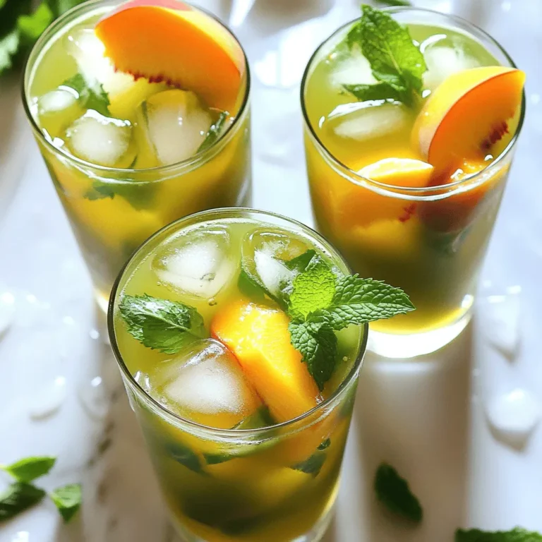 To make a refreshing Peach Iced Green Tea, you need a few simple ingredients. Here's what you'll need: - Green tea bags - Ripe peaches - Honey or sweetener alternatives - Fresh lemon juice - Fresh mint leaves - Ice cubes - Water Using ripe peaches is key. They add natural sweetness and flavor. Honey or your favorite sweetener lets you control how sweet your drink is. Fresh lemon juice gives a nice zing that balances the tea's taste. Mint leaves not only look pretty but also add a fresh aroma. For the best taste, use high-quality green tea bags. They have great flavor and health benefits. The water should be fresh and clean, as it makes a big difference in your drink. With these ingredients ready, you're set to create a delicious summer drink. For the complete recipe, check out the Full Recipe. How to boil water for tea Start by filling a large saucepan with 4 cups of water. Heat it on high until it reaches a rolling boil. This is crucial for making the tea taste great. Correct steeping time for the best flavor Once the water boils, take it off the heat. Add 4 green tea bags. Let them steep for 3-4 minutes. For a stronger flavor, steep for a few extra minutes. Remove the bags carefully when you finish steeping. Blending peaches for a smooth puree While your tea cools, take 2 ripe peaches. Slice them and remove the pits. Place the slices in a blender. Blend on high speed until you have a smooth puree. Check for any chunks to ensure a silky texture. Mixing ingredients perfectly In a large pitcher, combine the cooled green tea, peach puree, 1/4 cup honey, and 1 tablespoon of fresh lemon juice. Use a long spoon or whisk to mix well until the honey dissolves. This creates a deliciously sweet and fruity drink. Best practices for serving Fill each glass with ice cubes before pouring in the tea mixture. Leave space at the top for garnish. This keeps your drink cold and refreshing. Recommended glassware for presentation Use clear glasses to show off the lovely color of the peach iced green tea. Tall glasses work well, making your drink look fancy and inviting. Garnishing ideas for enhanced aesthetics Garnish each glass with fresh mint leaves and a slice of peach on the rim. This adds a nice touch and makes your drink look even more appealing. The mint also gives it a fresh aroma as you sip. For the complete recipe, check out the [Full Recipe]. Using fresh ingredients makes all the difference. Fresh peaches give the best taste. They are juicy and sweet, perfect for your drink. Adjust the sweetness to what you like. Start with 1/4 cup of honey, then taste. Add more if you want it sweeter. For the best tea balance, steep the green tea correctly. A 3-4 minute steep is ideal. This gives a nice flavor without bitterness. One big mistake is over-steeping green tea. If you steep too long, the tea tastes bitter. Keep an eye on the clock! Another mistake is using unripe peaches. They lack sweetness and flavor. Always choose ripe peaches for the best results. Also, blending techniques matter. Blend the peaches until smooth. No chunks should remain. This ensures a silky texture in your drink. For the full recipe, check out the Peach Iced Green Tea section. {{image_4}} You can make your peach iced green tea even more exciting! Here are some fun ideas: - Mango or Berries: Add diced mango or fresh berries to the mix. They give a nice sweet twist. - Herbs: Try tossing in some basil or rosemary. These herbs add a fresh and unique taste. - Additional Flavors: You can infuse the tea with ginger or vanilla for a warm touch. Just a small amount can change the whole drink. If you want to change up the sweetness in your drink, consider these options: - Natural Sweeteners: Use honey, agave, or maple syrup. These give a pure sweetness and are often healthier. - Low-Calorie Options: If you watch your calories, try stevia or monk fruit. They add sweetness without extra calories. - Flavored Syrups: For a fun twist, use flavored syrups, like peach or raspberry. These can add a new layer of flavor to your drink. Don't forget to check out the Full Recipe for detailed steps and tips! Store your peach iced green tea in the fridge. Use a clean glass pitcher with a lid. This keeps the tea fresh and tasty. It lasts about 3-5 days in the fridge. If you have leftover peach puree, save it in a sealed container. Use it in smoothies or yogurt for a quick treat. You can freeze peach iced green tea for later use. Pour the tea into ice cube trays or freezer-safe bags. Freezing makes it easy to enjoy later on hot days. When you want to drink it, take out what you need. Thaw in the fridge overnight or at room temperature. Serve it over ice for a quick and refreshing drink. How do I make peach iced green tea from scratch? To make peach iced green tea from scratch, you need a few simple steps. Start by boiling 4 cups of water. Then, steep 4 green tea bags in the hot water for 3-4 minutes. While the tea cools, blend 2 ripe peaches into a smooth puree. Mix the cooled tea with the peach puree, 1/4 cup of honey, and 1 tablespoon of lemon juice in a pitcher. Finally, serve over ice and garnish with mint leaves. You can find the full recipe for better clarity. Can I use bottled green tea instead? Yes, you can use bottled green tea. However, it may not taste as fresh. If you do, make sure it is unsweetened. This way, you can control the sweetness by adding honey or your favorite sweetener. What are the health benefits of green tea? Green tea is packed with antioxidants. It can help boost your metabolism and support heart health. Drinking green tea also improves brain function and may lower the risk of certain diseases. It’s a great choice for hydration, too. How do I make my peach iced green tea less sweet? To make your tea less sweet, reduce the amount of honey. You can start with 2 tablespoons and taste. If it needs more sweetness, add a little more. Also, fresh peaches add natural sweetness, so choose them wisely. Can I use frozen peaches instead of fresh? Yes, frozen peaches work well too! They can add a nice chill to your drink. Just let them thaw a bit before blending. This way, you still get a smooth texture without losing flavor. In this blog post, we explored how to make delicious peach iced green tea. We discussed key ingredients like ripe peaches and fresh mint leaves. You learned step-by-step how to prepare and serve this refreshing drink. I shared tips to enhance flavor and avoid common mistakes. We also looked at fun variations and how to store your tea for later. Remember, fresh ingredients make all the difference. Try new flavors and sweeteners to find what you love best. Enjoy your thirst-quenching creation!