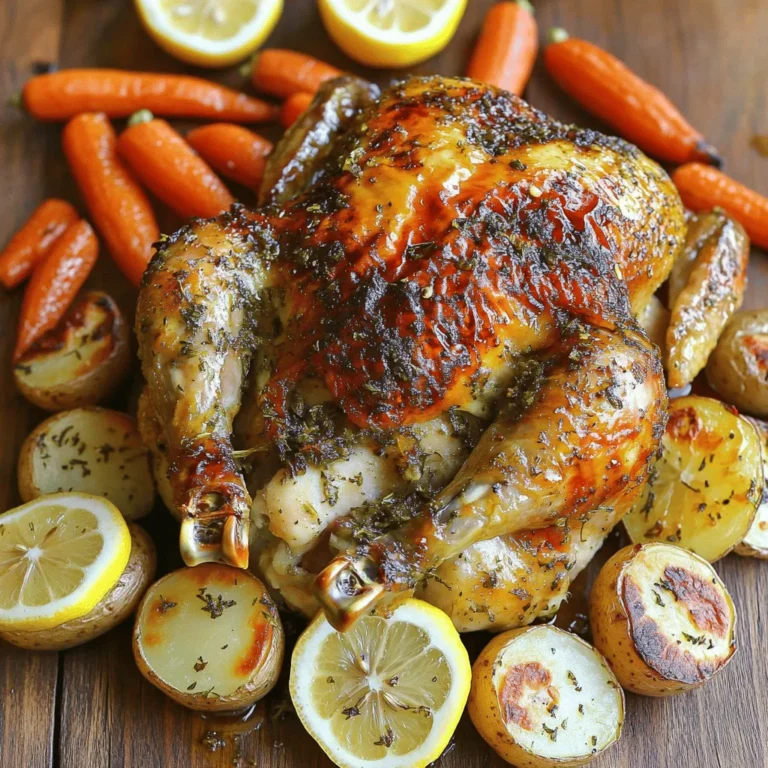 - 1 whole chicken (3-4 pounds) - 3 tablespoons extra virgin olive oil - 4 cloves of garlic, finely minced - 2 lemons (one sliced into rounds, one juiced) - 2 tablespoons fresh rosemary, chopped finely - 2 tablespoons fresh thyme, chopped finely - Sea salt and freshly ground black pepper to taste - 1 medium onion, peeled and quartered - 2 cups baby carrots, trimmed and chopped if necessary - 1 cup baby potatoes, halved When selecting ingredients, I recommend using organic herbs and vegetables. They tend to have better flavor. Fresh herbs also offer more aroma than dried herbs. For the chicken, look for a free-range option. The taste is much richer. If you can’t find fresh herbs, use dried herbs instead. Use one teaspoon of dried herbs for every tablespoon of fresh herbs. For oils, you can swap extra virgin olive oil with avocado oil or melted butter. Each offers a unique flavor profile. You will need a few basic tools to prepare this dish. A sharp knife will help you carve the chicken. A cutting board is essential for chopping herbs and vegetables. For roasting, a sturdy roasting pan works best. Look for one with high sides to hold juices well. To start, you need to prep the chicken and the veggies. First, wash your hands. Grab the whole chicken and pat it dry with paper towels. This helps the skin crisp up. Next, cut your onion into quarters and chop the baby carrots if needed. Halve the baby potatoes. Place the chicken in a large roasting pan, breast-side up. Now, let’s mix the herb and oil blend. In a small bowl, whisk together the olive oil, minced garlic, lemon juice, chopped rosemary, and chopped thyme. Add salt and pepper to taste. This blend will give your chicken great flavor. Preheat your oven to 425°F (220°C). This high temperature cooks the chicken evenly and helps it brown. Roast the chicken for about 1 hour and 15 minutes. The key to perfect doneness is checking the internal temperature. Use a meat thermometer to ensure it reaches 165°F (75°C). The juices should run clear when you pierce the thickest part of the thigh. Carving the chicken correctly makes a big difference. After removing it from the oven, let it rest for 10 minutes. This helps the juices stay in the meat. When carving, start by cutting the legs off at the joint. Then slice the breast meat. For presentation, arrange the roasted vegetables around the chicken on a serving platter. This makes the dish look colorful and inviting. You can also garnish with fresh thyme or rosemary. Serving additional lemon wedges on the side can add a zesty touch. Enjoy your flavorful Lemon Herb Roasted Chicken! For the complete details, check the Full Recipe. To get crispy skin on the chicken, dry it well. Use paper towels to soak up any moisture. This step helps the skin crisp up nicely in the oven. Next, season under the skin. Loosen the skin gently, then rub in your herb and oil mix. This helps the chicken soak up all the flavors. You can mix in other herbs and spices to boost flavor. Try adding parsley, sage, or even a pinch of paprika. If you like heat, a dash of red pepper flakes works great too. Adjust seasoning to your taste. Start with a little salt and pepper, then taste before cooking. Prepare vegetable sides about 30 minutes before the chicken is done. This timing ensures everything is hot and fresh at serving. If your chicken is larger or smaller, adjust roasting time. A good rule is about 20 minutes per pound. Always check the internal temperature to see if it reaches 165°F. {{image_4}} You can change the taste of the Lemon Herb Roasted Chicken with easy swaps. Try adding other citrus fruits like oranges or limes for a fun twist. These fruits can brighten the dish with their unique flavors. You might also want to experiment with spices from different cultures. For example, adding paprika or cumin can bring new depth to the chicken. You have options when it comes to cooking this chicken. Grilling gives you a smoky flavor, while roasting offers that crispy skin we all love. If you want a softer texture, use a slow cooker. This method lets the chicken absorb all those tasty juices. It cooks low and slow, which makes the meat tender and juicy. This recipe can fit many diets. For a gluten-free option, check your spices and oils. Most are naturally gluten-free, so you can enjoy this meal worry-free. If you are going keto, you can skip the potatoes and carrots. Instead, add more low-carb veggies like zucchini or cauliflower. This keeps the dish keto-friendly while still being delicious. For the full recipe, check the earlier sections! To store leftover chicken, let it cool. Place the chicken in an airtight container. You can also wrap it tightly with plastic wrap. This keeps the chicken fresh and tasty. I recommend using containers made of glass or BPA-free plastic. These are great for storing in the fridge. For reheating, the best method is the oven. Set it to 350°F (175°C). Place the chicken in a baking dish. Cover it with foil to keep it moist. Heat for about 20 minutes. You can also use a microwave. Place the chicken on a microwave-safe plate. Cover it with a damp paper towel. This method helps keep moisture in. To freeze cooked chicken, let it cool completely first. Cut the chicken into pieces. Place the chicken in freezer bags or containers. Remove as much air as possible from the bags. This helps prevent freezer burn. Store chicken for up to three months in the freezer. You can also freeze the vegetables. Just make sure they are in a freezer-safe container. Can I use frozen chicken for this recipe? Yes, you can use frozen chicken. But, make sure to thaw it first. Thaw the chicken in the fridge overnight. This will help it cook evenly. A quick thaw in cold water is also okay. Just ensure it stays cold. What if I don't have fresh herbs? If you don’t have fresh herbs, dried herbs work too. Use one-third the amount of dried herbs. For example, if a recipe calls for 2 tablespoons of fresh rosemary, use about 2 teaspoons of dried rosemary. While fresh herbs are best, dried can still add nice flavor. What to do if the chicken isn’t cooking evenly? If the chicken cooks unevenly, check the oven temperature. An oven thermometer can help. Also, make sure the chicken is positioned in the center of the oven. Rotate the pan halfway through cooking for even heat. Solutions for under-seasoned chicken If your chicken tastes bland, try adding more salt or herbs after cooking. You can also squeeze fresh lemon juice over the chicken. This adds brightness and can enhance flavor. Caloric breakdown and nutrient info for the dish A serving of lemon herb roasted chicken has about 350 calories. It contains protein, healthy fats, and vitamins from the herbs and veggies. Each serving provides a good balance of nutrients. Health benefits of the ingredients used Lemon adds vitamin C, while herbs like rosemary and thyme have antioxidants. Garlic may help boost heart health. The vegetables provide fiber and essential vitamins. This dish is not only tasty but also supports a healthy diet. This article covered essential ingredients, cooking techniques, and storage tips for a perfect chicken dish. You learned how to select quality ingredients and make suitable substitutions. I shared steps for preparation, roasting, and even how to carve and present your dish. Remember to explore flavor variations and follow storage guidelines for leftovers. In the end, cooking is an adventure. Don’t shy away from experimenting. Try new flavors and methods. Happy cooking!