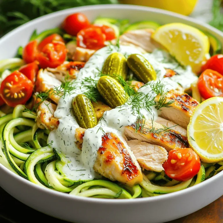 To make Pickle Ranch Chicken Zoodle Bowls, you need these main ingredients: - 2 medium zucchinis, spiralized into zoodles - 2 boneless, skinless chicken breasts - 1/4 cup dill pickle juice - 1/2 cup Greek yogurt - 1 tablespoon ranch seasoning mix - 1 tablespoon olive oil - 1/2 cup dill pickles, finely chopped - 1/4 cup cherry tomatoes, halved - Salt and pepper, to taste - Fresh dill, for garnish These ingredients work together to create a tasty and fresh meal. The zoodles add crunch, while the chicken brings protein. The dill pickle juice gives a fun tang that makes this dish stand out. You can make your bowls even better with these optional garnishes: - Lemon wedges for a zesty kick - Extra chopped dill for more flavor - Sliced radishes for added crunch These garnishes add color and more taste. They help make your meal look and feel special. To prepare the Pickle Ranch Chicken Zoodle Bowls, you will need: - A spiralizer or julienne peeler to make zoodles - A non-stick skillet for cooking chicken - A medium bowl for marinating chicken - A small mixing bowl for the ranch sauce - A meat thermometer to check the chicken's doneness Having the right tools makes cooking easier and more fun. Each piece of equipment helps you create a delicious dish with ease. If you follow the full recipe, you'll enjoy making this flavorful meal. Start by marinating the chicken. In a medium bowl, pour in 1/4 cup of dill pickle juice. Add the two boneless, skinless chicken breasts. Make sure the chicken is well-coated in the juice. Cover the bowl with plastic wrap. Place it in the fridge for at least 30 minutes. This step helps the chicken soak up the tangy flavor. Next, it’s time to cook the chicken. Heat 1 tablespoon of olive oil in a non-stick skillet over medium heat. Remove the chicken from the marinade. Season both sides with salt and pepper. Place the chicken in the skillet. Cook for about 6-7 minutes on each side. You want it nice and golden. To check if it’s done, use a meat thermometer. The chicken should reach 165°F (74°C). Once cooked, take it out of the skillet and let it rest for a few minutes. Then slice it into strips. While the chicken cooks, prepare the zoodles. Use a spiralizer or a julienne peeler to turn two medium zucchinis into zoodles. Set them aside for later. Now, let’s make the ranch sauce. In a small bowl, mix 1/2 cup of Greek yogurt with 1 tablespoon of ranch seasoning mix. Stir until it becomes creamy. Taste it and adjust the salt or seasoning as needed. Now for the fun part—assembling the bowls! Grab two serving bowls. Start by adding a generous layer of zoodles as the base. Next, place the sliced chicken on top of the zoodles. Add chopped dill pickles and halved cherry tomatoes. Finally, drizzle the ranch sauce over everything for extra flavor. For a finishing touch, sprinkle freshly chopped dill on top. This makes the dish look pretty and adds more taste. Enjoy your Pickle Ranch Chicken Zoodle Bowls! For the full recipe, check out the recipe section. To spiralize zucchini, you need a good tool. A spiralizer makes the job easy. Start with firm zucchinis. Wash and trim the ends. Secure the zucchini in the spiralizer. Turn the handle gently to create long, thin strands. If you don’t have a spiralizer, a julienne peeler works too. Just peel the zucchini in long strokes. Aim for even strands for a nice texture in your dish. Cooking chicken breast can be tricky. First, make sure the chicken is at room temperature. This helps it cook evenly. Season both sides with salt and pepper. Heat oil in a skillet over medium heat. Place the chicken in the skillet, and don’t crowd the pan. Cook for 6-7 minutes on each side. Use a meat thermometer to check if it’s done. The chicken should reach 165°F (74°C). Let it rest before slicing to keep juices inside. To adjust spice levels in your dish, taste as you go. Start with a small amount of ranch seasoning. You can always add more later. If you like it spicy, try adding a pinch of cayenne pepper. For a milder flavor, stick to the basic ranch mix. Adding fresh herbs like dill can brighten up the taste. Remember, balancing flavors is key. Use the Full Recipe to get the right base and then adjust to your liking. {{image_4}} You can swap chicken for tofu in this recipe. Start with firm tofu for the best texture. Press the tofu to remove excess water. Cut it into cubes and marinate it in dill pickle juice. Cook the tofu in olive oil until it's golden and crispy. The flavor from the pickle juice will infuse into the tofu, giving it a tasty kick. If you're following a paleo diet, stick to whole foods. Replace Greek yogurt with a mix of avocado and lemon juice. Use fresh herbs for flavor instead of ranch seasoning. This keeps the dish fresh and light while staying true to paleo principles. You can still enjoy the tangy taste by adding more dill pickles. Boost the nutrition in your zoodle bowls by adding more veggies. Consider spinach, bell peppers, or carrots. These veggies add color and crunch. You can also include roasted sweet potatoes for a sweet flavor. Mix in these additions while cooking your chicken or tofu. They will complement the flavors and make the meal more satisfying. To store leftovers of your Pickle Ranch Chicken Zoodle Bowls, let them cool first. Place the chicken and zoodles in an airtight container. Add the ranch sauce in a separate small container. This keeps everything fresh and prevents sogginess. Store in the fridge and enjoy within three days. When you’re ready to eat, gently reheat the chicken in a skillet over low heat. This keeps it juicy. You can warm the zoodles in the microwave for about 30 seconds. Avoid overheating, as zoodles can get mushy quickly. Add the ranch sauce fresh for the best taste. For meal prep, make the chicken and zoodles ahead of time. Store them separately as mentioned. If you want to freeze, cook the chicken and let it cool completely. Wrap it tightly in plastic wrap and then foil. You can freeze zoodles too, but they work best fresh. Thaw everything in the fridge overnight before reheating. This keeps your meal tasty and fresh. For the full recipe, check back to ensure you have all the steps right! The best way to spiralize zucchini is to use a spiralizer. This tool makes zoodles quickly. You can also use a julienne peeler if you don’t have a spiralizer. First, wash the zucchini well. Cut off both ends. Then, hold the zucchini and twist it on the spiralizer. If using a peeler, drag it down the zucchini's length. You will get long, thin strands. Yes, you can use other proteins. Turkey, shrimp, or even tofu work well. If you use shrimp, cook them for just a few minutes until they turn pink. For tofu, cube it and sauté until golden. Each protein will give a unique taste to your zoodle bowls. You can keep the zoodle bowls in the fridge for three days. Store them in an airtight container. The zoodles might get a bit soggy, but the flavors will still be good. To enjoy them, just reheat gently in the microwave. Yes, this recipe is great for a low-carb diet. Zoodles replace traditional pasta, cutting carbs significantly. Chicken is also low in carbs and high in protein. The ranch sauce adds flavor without adding many carbs. Some great side dishes include a fresh salad or roasted veggies. You can also serve garlic bread or a light soup. These sides balance the meal and add more flavors. For a fun twist, try serving pickles on the side to match the zoodle bowls. Check out the Full Recipe for more ideas! In this blog post, we explored the delicious Pickle Ranch Chicken Zoodle Bowls. We covered the key ingredients, from the chicken to the garnishes. I shared step-by-step instructions for cooking the chicken and making the zoodles. You learned tips for perfecting each part of the dish and variations to suit your diet. Remember, meal prep and proper storage keep your bowls fresh. Enjoy this healthy meal that’s easy and fun to make. Dive in and create your own flavor experience!