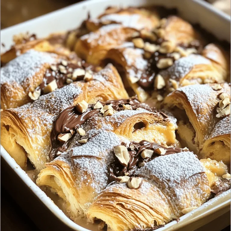 - Chocolate Croissants: You need four large chocolate croissants. These croissants give the bake a rich, chocolatey base. Tear them into bite-sized pieces for easy mixing and even soaking. - Hazelnuts: One cup of roughly chopped hazelnuts adds a nice crunch. Hazelnuts also bring out the chocolate flavor and add depth to each bite. - Dairy Ingredients: You will use four large eggs, one cup of whole milk, and half a cup of heavy cream. These ingredients create a creamy custard that soaks the croissants. The granulated sugar, vanilla extract, and fine salt enhance the overall sweetness and flavor. - Chocolate Hazelnut Spread: You can use half a cup of chocolate hazelnut spread, like Nutella. This spread adds extra chocolatey goodness and a fun texture. Just dollop it in during the baking process. - Powdered Sugar: Dusting the top with powdered sugar gives a touch of sweetness and a lovely presentation. It makes your breakfast treat look even more inviting! For the full list of ingredients and detailed instructions, check out the Full Recipe. - Preheat the Oven Set your oven to 350°F (175°C). This heat ensures even cooking. A well-preheated oven makes a big difference in baking. - Prepare the Baking Dish Take a 9x13 inch baking dish and grease it with butter or cooking spray. This will help the bake come out easily later. - Combine Eggs, Milk, and Cream In a large mixing bowl, whisk together 4 large eggs, 1 cup whole milk, and 1/2 cup heavy cream. Add in 1/2 cup granulated sugar, 1 teaspoon pure vanilla extract, and 1/4 teaspoon fine salt. Mix until smooth. - Soak the Croissants Tear 4 chocolate croissants into bite-sized pieces. Spread them in the greased dish. Pour the egg mixture over the croissants. Let them soak for about 10 minutes. This step helps the croissants absorb all the tasty flavors. - Pouring and Swirling the Mixture After soaking, dollop 1/2 cup chocolate hazelnut spread over the mixture. Use a knife to swirl it gently. Don’t mix too much; you want to see the marbled pattern. - Baking Time and Temperature Place the dish in your preheated oven. Bake it for 30-35 minutes. The top should turn golden brown. Check if it’s done by inserting a toothpick in the center; it should come out clean. This joyful breakfast treat will fill your home with warmth and sweet aromas. For the full recipe, check the details above. Enjoy every bite! - Soaking Time Recommendations: Let the croissants soak for about 10 minutes. This time helps them absorb the egg mixture well. If you leave them too long, they can become mushy. You want them soft but not falling apart. - Preventing Sticking: Grease your baking dish well. Use butter or cooking spray to coat the dish. This step keeps the croissant bake from sticking. It also helps with easy serving later on. - Pairing with Beverages: This dish pairs great with coffee or hot chocolate. A glass of milk also works well. The rich flavors balance nicely with these drinks. - Presentation Ideas: Serve the chocolate hazelnut croissant bake warm. Dust powdered sugar on top for a sweet touch. You can also add some fresh berries for color and taste. This makes your dish look and taste amazing! For the full recipe, check out the details above. {{image_4}} Gluten-Free Options You can make this dish gluten-free by using gluten-free croissants. Many stores offer these. Just make sure they taste good. Your bake will still be delicious with the right brand. Nut-Free Alternatives If you need a nut-free option, swap hazelnuts for seeds. Sunflower seeds or pumpkin seeds work well. You can also skip nuts altogether and still enjoy this treat. Adding Other Chocolates For a twist, add dark or white chocolate chips. They blend well with the hazelnut spread. This mix adds depth and richness to your bake. Incorporating Fruits Try adding fruits like sliced bananas or berries. These fruits add freshness and balance the sweet flavors. Just toss them in before you bake for a tasty surprise. To keep your Chocolate Hazelnut Croissant Bake fresh, follow these tips: - Refrigeration Instructions: Store leftovers in an airtight container. It stays good in the fridge for 3-4 days. Make sure to let it cool completely before sealing it up. This helps keep the texture right. - Freezing Guidelines: You can also freeze this dish. Wrap it tightly in plastic wrap, then place it in a freezer-safe bag. It can last up to 2 months. When ready to eat, thaw it in the fridge overnight before reheating. To enjoy your Chocolate Hazelnut Croissant Bake again, try these reheating methods: - Microwave Method: Place a slice on a microwave-safe plate. Heat for 30 seconds to 1 minute. Check it often to avoid overheating. The bake should be warm but not too hot. - Oven Method: Preheat your oven to 350°F (175°C). Place the bake in an oven-safe dish and cover it with foil. Heat for about 10-15 minutes. This method keeps it crispy on top and warm inside. Can I use regular croissants? Yes, you can use regular croissants. This will work well, but chocolate croissants add a rich flavor. Regular croissants will still soak up the custard and taste great. If you want a slight twist, try almond croissants for a nutty taste. How long can I store leftovers? You can store leftovers for about 3 days in the fridge. Just cover the dish with plastic wrap. For longer storage, place it in an airtight container. This way, you can enjoy it later without losing its flavor. What to do if the custard is not set? If your custard is not set, it might need more time in the oven. Keep baking for 5 to 10 more minutes. Check it with a toothpick. If it comes out clean, it’s done. Let it cool and set for a few minutes before serving. Can I make it ahead of time? Yes, you can prepare it a day ahead. Assemble the dish but avoid baking. Cover it and place it in the fridge overnight. In the morning, just pop it in the oven. This makes breakfast easy and fun! This blog covered how to make a tasty chocolate hazelnut croissant bake. We discussed key ingredients like chocolate croissants, hazelnuts, and dairy. I shared step-by-step instructions, tips for the best texture, and ideas for serving. You can also try variations and learn how to store leftovers. Now, you're ready to bake. Enjoy this delicious dish with friends or family. It’s simple, fun, and sure to impress everyone!