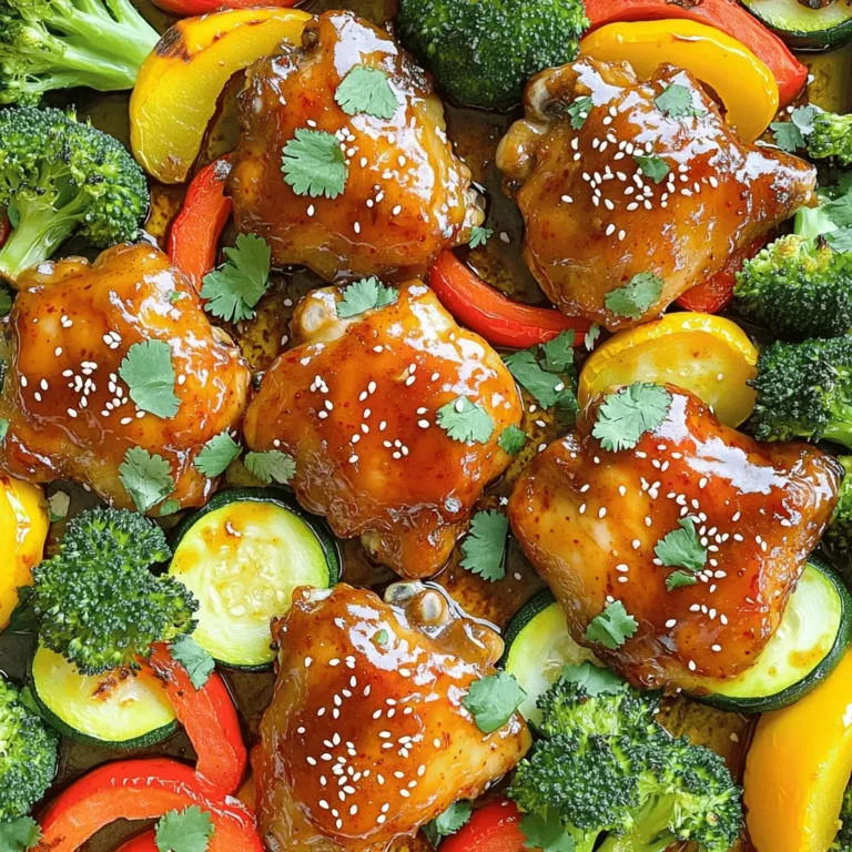 - 4 boneless, skinless chicken thighs - 1 cup sweet chili sauce - 2 tablespoons soy sauce - 1 tablespoon sesame oil - 1 red bell pepper, thinly sliced - 1 yellow bell pepper, thinly sliced - 1 zucchini, sliced into half-moons - 1 cup fresh broccoli florets - 3 cloves garlic, finely minced - 1 teaspoon freshly grated ginger - Salt and freshly cracked pepper to taste - Sesame seeds for garnish - Fresh cilantro leaves for garnish This dish shines because of its balance of flavors. The chicken thighs, coated in sweet chili sauce, become tender and juicy. The sauce offers a sweet kick, perfect for a family dinner. The soy sauce adds a hint of salt, while sesame oil gives a nutty taste. The vegetables add color and crunch. Red and yellow bell peppers make it vibrant. Zucchini and broccoli bring in nutrients and texture. Garlic and ginger add depth, making each bite exciting. Seasoning is simple yet effective. A sprinkle of salt and cracked pepper enhances the natural flavors. Finally, don't skip the garnish! Sesame seeds and cilantro elevate the dish, making it look gorgeous on the table. You can find more details in the Full Recipe. - Preheat your oven to 400°F (200°C). This step is key for perfect cooking. - In a bowl, whisk together sweet chili sauce, soy sauce, sesame oil, garlic, and ginger. This blend will add bold flavor to your chicken. - Coat the chicken thighs in the marinade. Let them soak for at least 15 minutes. The longer they sit, the more flavor they get. - Toss the vegetables with a bit of olive oil, salt, and pepper. This simple mix makes them tasty and bright. - Line a sheet pan with parchment paper for easy cleanup. - Place the chicken on one side. Arrange the seasoned vegetables on the other side. This keeps everything organized. - Drizzle any leftover marinade over the chicken and vegetables. This adds extra flavor while they bake. - Bake for 25-30 minutes. Check that the chicken reaches 165°F (74°C). This means it’s safe to eat. - Broil for 3-5 minutes at the end. This gives a nice caramelization. - Garnish the dish with sesame seeds and fresh cilantro before serving. This adds a pop of color and flavor. For full details, visit the Full Recipe. For the best flavor, marinate your chicken for at least 15 minutes. If you have time, let it soak for up to an hour. This helps the chicken absorb all the tasty sauces. The sweet chili sauce adds a nice kick, while the soy sauce and sesame oil bring out rich, savory notes. To check if your chicken is done, use a meat thermometer. The internal temperature should reach 165°F (74°C). If you don’t have a thermometer, cut into the chicken. It should be white inside, with no pink. When broiling, watch your chicken closely. Broiling adds a nice crisp to the skin, but it can burn quickly. Keep the oven door slightly open to let heat escape. This helps prevent burning while still browning the chicken. For an eye-catching finish, serve the chicken and veggies on a large platter. Drizzle any leftover sauce from the pan over the dish. Top it off with a sprinkle of sesame seeds and fresh cilantro. This adds color and makes your meal look fancy. Consider serving alongside some fluffy rice or quinoa for a complete meal. {{image_4}} You can switch the chicken for other proteins. Tofu is a great option for a vegetarian meal. Use firm tofu and press it to remove extra water. Cut into cubes and marinate just like the chicken. Shrimp is another tasty choice. Use peeled and deveined shrimp. They cook fast, so adjust the baking time to about 10-15 minutes. Both options still soak up that sweet chili flavor. Feel free to mix in different vegetables. Carrots add a nice crunch and sweetness. Snap peas bring a fresh taste and bright color. You can also use asparagus or green beans. Just chop them to a similar size for even cooking. These swaps keep the dish colorful and nutritious. Adjust the sauce to fit your taste. If you like heat, add red pepper flakes or sriracha to the marinade. For a sweeter taste, increase the sweet chili sauce. You can balance it with a bit of lime juice for a zesty kick. Customize the flavor to make it your own! For the complete recipe, check out the Full Recipe section. After cooking, let the sheet pan sweet chili chicken cool down. Place the chicken and veggies in an airtight container. Make sure to store it in the fridge within two hours of cooking. This way, it stays fresh and safe to eat. The dish can last up to three days in the fridge. When you're ready to eat, just take it out and reheat. Reheating the sweet chili chicken is easy. You can use the oven or microwave. For the oven, set it to 350°F (175°C). Place the chicken and veggies on a baking sheet. Heat for about 10-15 minutes or until warm. If you're in a hurry, use the microwave. Heat in 30-second bursts, checking often to avoid overcooking. Both methods keep the flavors intact. If you have leftovers, freezing is a great option. First, let the chicken and veggies cool completely. Then, store them in a freezer-safe container. Make sure to press out any air before sealing. You can freeze it for up to three months. When you're ready to eat, thaw it in the fridge overnight. Reheat it as mentioned above for a tasty meal again. This method helps keep the flavors fresh. Enjoy every bite! Sheet pan chicken recipes are simple and quick. You mix and toss everything in one pan. This saves time on prep. You also have less cleanup. Just line the pan with parchment paper, and you’re set. After cooking, you wipe down the pan, and that’s it! Yes, you can prepare this dish ahead. Marinate the chicken the night before. Store it in the fridge for great flavor. You can also chop the veggies in advance. Just keep them in an airtight container. This makes dinner quick on busy nights. The chicken is done when it reaches 165°F (74°C). Use a meat thermometer to check the thickest part. Look for clear juices when you cut into it. If the juices run pink, it needs more cooking. Always double-check to keep your meal safe. You can make this recipe healthier by swapping some ingredients. Use skinless chicken breast instead of thighs for fewer calories. You can also use low-sodium soy sauce. Add more veggies to increase fiber and nutrients. These changes keep the flavor while lightening the dish. This dish pairs well with many sides. Serve it with brown rice or quinoa for a hearty option. Steamed rice absorbs the sweet chili sauce nicely. You can also add a fresh salad for crunch. Roasted sweet potatoes make a great addition too. Choose sides that you and your family love! This recipe brings together simple ingredients for a tasty sheet pan meal. You learned how to prepare chicken and vegetables with sweet chili sauce for great flavor. Remember to marinate the chicken well and check its doneness. Feel free to swap ingredients to suit your taste. Enjoy this fun and easy meal with family or friends. Cooking should be easy and enjoyable, and this dish is just that.