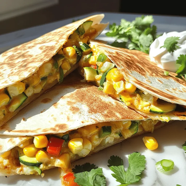 To make tasty zucchini and corn quesadillas, gather the following ingredients: - 2 medium zucchinis, grated - 1 cup fresh corn kernels (or frozen, thawed) - 1 cup shredded cheese (choose cheddar or Monterey Jack) - ½ cup diced red bell pepper - 2 green onions, finely sliced - 1 teaspoon ground cumin - 1 teaspoon paprika - ½ teaspoon garlic powder - Salt and pepper to taste - 4 large flour tortillas - 2 tablespoons olive oil - Fresh cilantro, chopped, for garnish - Sour cream or Greek yogurt, for serving You can swap some ingredients if you need to. Here are some options: - Zucchini: Try yellow squash or eggplant for a different taste. - Cheese: Use mozzarella for a milder flavor or pepper jack for some heat. - Bell pepper: Any color works, or try jalapeño for spice. - Tortillas: Corn tortillas are a great gluten-free option. Using fresh produce makes your quesadillas taste better. Fresh zucchini and corn bring sweetness and crunch. They also pack nutrients. Fresh ingredients help you enjoy a healthy meal. Always look for vibrant colors and firm textures. Fresh herbs, like cilantro, add flavor too. They brighten the dish and make it look appealing. Trust me, fresh is always best! For the full recipe, check above. Start by grating the zucchinis. Use a box grater or food processor. This makes the zucchini soft and easy to mix. Grab a large bowl and add the grated zucchini. Next, add the fresh corn kernels. If you use frozen corn, make sure it is thawed first. Then, add the shredded cheese, diced red bell pepper, and sliced green onions. Now, it’s time to spice things up. Sprinkle in the ground cumin, paprika, and garlic powder. These spices add flavor and warmth. Add a pinch of salt and pepper to taste. Stir all the ingredients well until they are mixed evenly. This filling is the heart of your quesadillas. Heat a large skillet over medium heat. Add one tablespoon of olive oil and let it warm up. Once the oil shimmers, spoon half of the filling into the skillet. Spread it evenly across the pan. Place a tortilla on top of the filling. Press down gently with a spatula. This helps the tortilla stick to the filling. Cook for about 3-4 minutes. You want the bottom tortilla golden brown and the cheese to start melting. Carefully flip the quesadilla using a large spatula. Add another tablespoon of olive oil around the edges of the skillet. Cook the second side for another 3-4 minutes. It should be golden brown and crispy. Repeat this process with the remaining filling and tortillas. Make sure to add more oil to the skillet as needed. Once cooked, transfer the quesadillas to a cutting board. Cut each quesadilla into wedges. Serve them warm for the best taste. For a nice touch, arrange the wedges in a circular pattern on a platter. Sprinkle extra cilantro on top for color. Place a small bowl of sour cream or Greek yogurt in the center. This makes for an easy dipping option and looks great on the table. Enjoy your tasty zucchini and corn quesadillas! For a full recipe, refer to the earlier section. To get that perfect crispiness, use medium heat. Too high heat can burn the tortillas. Use enough olive oil to coat the skillet. This helps the tortillas brown evenly. Press down gently with a spatula while cooking. This ensures the filling sticks well. Flip the quesadilla carefully to avoid spills. Let each side cook for 3-4 minutes until golden brown. For the best flavor, I recommend using cheddar or Monterey Jack. Both melt well and have a nice taste. Cheddar offers a sharp bite, while Monterey Jack is creamy. You can mix cheeses for added depth. Try adding a bit of pepper jack for a spicy kick. Always shred your own cheese. Pre-shredded cheese often has additives that affect melting. One common mistake is overstuffing the quesadilla. This can lead to spills and uneven cooking. Another mistake is not letting the skillet heat enough. A hot skillet helps achieve that crispy texture. Avoid using cold fillings; let them warm up first. Lastly, don’t rush the cooking time. Patience is key to a tasty quesadilla. For more details, check out the Full Recipe. {{image_4}} If you want to keep your quesadillas vegetarian, there are many options. You can add more veggies like spinach, mushrooms, or bell peppers. These add great flavor and color. Try mixing in some black beans for extra fiber and protein. They will make your meal heartier and more filling. Adding proteins can transform your quesadillas. Cooked chicken works well. Shred it and mix it with the filling. You can also use cooked beans like pinto or kidney beans for a tasty twist. Beans add protein and fiber. Both options make this dish more satisfying. Cheese is key to a great quesadilla. While cheddar and Monterey Jack are classic, you can mix it up. Try using pepper jack for some spice. Or add a bit of feta for a tangy kick. Mixing different cheeses can create new flavors. Experiment to find your perfect blend. Feel free to explore these variations in the full recipe! To keep your zucchini and corn quesadillas fresh, store them in an airtight container. Place parchment paper between layers to prevent sticking. They stay good for up to three days in the fridge. Always allow them to cool completely before storing. This helps maintain their texture and flavor. When you're ready to enjoy your leftovers, reheat them in a skillet. Heat the skillet over medium heat. Add a little olive oil for crispness. Place the quesadilla in the pan and cover it with a lid. Heat for about 3-5 minutes on each side. This method keeps the quesadilla crispy and warm. If you want to save quesadillas for later, freezing is a great option. First, let them cool completely. Wrap each quesadilla in plastic wrap, then place them in a freezer bag. They can last up to three months in the freezer. To thaw, move them to the fridge overnight. Reheat as described above. Enjoy the tasty goodness anytime! For the full recipe, check out the Zesty Zucchini & Corn Quesadillas. Yes, you can make these quesadillas ahead of time. Prepare the filling and store it in the fridge. You can assemble and cook them when you are ready to eat. They will stay fresh for about two days. Just make sure to cover the filling well. You can use many other veggies in these quesadillas. Bell peppers, mushrooms, spinach, or onions work well. You can mix and match based on what you have. Just remember to chop them finely. This helps them cook evenly and blend nicely with the cheese. To make zucchini and corn quesadillas gluten-free, use gluten-free tortillas. Many brands offer great options. Always check the label to ensure they are certified gluten-free. The filling is naturally gluten-free, so you can enjoy this dish without worry. To wrap up, we’ve explored the key ingredients and their substitutes for tasty quesadillas. We discussed step-by-step cooking methods to create perfect, crispy dishes and covered fun variations. I offered tips to prevent common mistakes and shared the best ways to store leftovers. Remember, fresh produce adds flavor. With these facts, you can make great quesadillas at home. Enjoy experimenting and sharing these delicious meals with others!