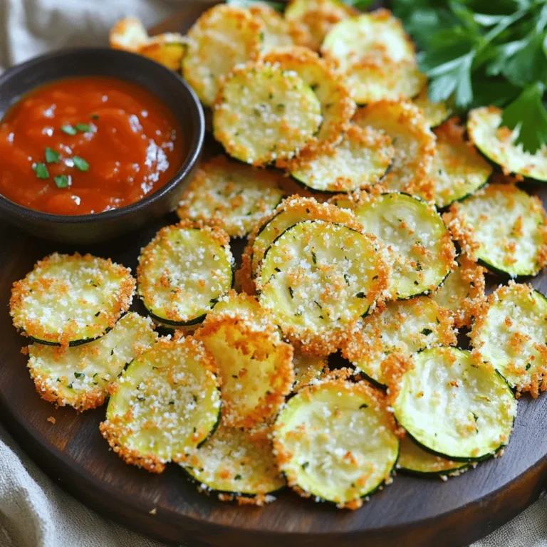 - 2 medium zucchinis, thinly sliced - 1 cup grated Parmesan cheese - 1 cup breadcrumbs (preferably panko) - 2 tablespoons olive oil - Seasonings: Garlic powder, onion powder, dried oregano, salt, and pepper - Optional garnish: Fresh herbs (parsley or basil) To make crispy Parmesan zucchini chips, you need fresh ingredients that give the best flavor. Start with two medium zucchinis. Slice them thinly so they bake evenly. Then, grab a cup of grated Parmesan cheese. This cheese adds a rich, nutty taste. For extra crunch, use panko breadcrumbs, also one cup. Next, you will need two tablespoons of olive oil. Olive oil helps the coating stick and adds some lovely flavor. Don’t forget your seasonings: garlic powder, onion powder, dried oregano, salt, and pepper. These will make your chips pop with taste. If you want to make the dish look even better, consider adding fresh herbs like parsley or basil as a garnish. This not only adds color but also fresh flavor. For a complete guide, check out the Full Recipe. This will help you get the exact steps to follow. Enjoy making your crispy, cheesy snack! - Preheat the oven to 225°F (110°C). - Prepare a baking sheet with parchment paper. This helps the chips not to stick. - In a large bowl, mix the grated Parmesan cheese, breadcrumbs, garlic powder, onion powder, dried oregano, salt, and pepper. - Drizzle olive oil on the thinly sliced zucchini, then toss to coat them well. - Dip each zucchini slice into the Parmesan mixture. Press it gently on both sides. - Arrange the coated slices on the baking sheet in a single layer. This ensures they bake evenly. - Bake the chips for 1.5 hours. Flip them halfway through for even cooking. - When they turn golden brown, take them out and let them cool for a bit. This cooling time boosts their crispiness. For the full recipe, check the earlier section! To make your zucchini chips perfectly crispy, slice them thinly. Aim for slices about 1/4 inch thick. This size helps them cook evenly. Next, coat each slice well with the breadcrumb mixture. Use enough so that it sticks. Avoid overcrowding the baking sheet. If slices overlap, they won't crisp up. You can boost flavor easily. Try adding cayenne pepper for heat or smoked paprika for depth. You can also mix in fresh herbs like thyme or rosemary. For a twist, use different cheeses. Cheddar or mozzarella can provide a fun change. Serve your crispy zucchini chips with tasty dips. Marinara sauce is a classic choice. Ranch dressing also pairs well. For a fun presentation, arrange the chips on a large platter. Add a small bowl of sauce for dipping. This makes it easy for guests to enjoy. The visual appeal will impress everyone. For the full recipe, check the section above. {{image_4}} You can switch up the cheese for fun flavors. Mozzarella gives a gooey texture, while cheddar adds a sharp taste. If you want a dairy-free option, try nutritional yeast or vegan cheese. These can provide a similar savory kick without dairy. If you like heat, add spices to your mix. Cayenne pepper or red pepper flakes can make these chips exciting. Just sprinkle a little in with the cheese and breadcrumbs. Start with a small amount, and adjust to your taste. Baking is a great way to keep these chips healthier. Frying gives a crunchier texture, which some people love. If you choose to fry, use a deep pot and hot oil. Make sure to fry in small batches for even cooking and to keep the oil temperature steady. Both methods can yield tasty chips, so pick what you prefer! To keep your leftover crispy Parmesan zucchini chips fresh, store them in airtight containers. This helps prevent moisture from making them soggy. Make sure to let the chips cool completely before sealing them. For the best quality, eat them within three days. When you're ready to enjoy your chips again, reheating them properly is key. Preheat your oven to 350°F (175°C). Place the chips on a baking sheet in a single layer. Heat for about 10 minutes or until they are crispy again. Avoid using the microwave, as it can make them soft. Enjoy your crunchy snack just like before! For the complete recipe, refer to the Full Recipe section. To make zucchini chips crispier, use these techniques: - Slice thinly: Cut the zucchini into even, thin slices. - Pat dry: After slicing, pat the zucchini with a paper towel to remove moisture. - Use panko: Choose panko breadcrumbs instead of regular ones for extra crunch. - Space them out: Arrange the chips in a single layer on the baking sheet. - Flip halfway: Turn the chips halfway through baking for even crispiness. Yes, you can try other vegetables! Here are some great substitutes: - Eggplant: Slice thin and follow the same steps. - Carrots: Cut into thin rounds or sticks for a sweet twist. - Sweet potatoes: They add a nice flavor and crisp up well. These chips go well with many dips and dishes. Here are some ideas: - Marinara sauce: A classic choice for dipping. - Ranch dressing: Creamy and cool, it complements the chips. - Hummus: Offers a healthy and tasty option. - Serve alongside: Grilled meats or salads for a delightful meal. Crispy zucchini chips last about 3-5 days in an airtight container. They stay best at room temperature. For freezing: - Freeze before baking: Coat the slices and then freeze on a baking sheet. - Store in a bag: Once frozen, transfer them to a zip-top bag. - Bake from frozen: Cook directly from the freezer when you are ready to enjoy! Yes, these zucchini chips are a healthy snack! Here’s why: - Low in calories: Zucchini is a low-calorie vegetable. - Nutrient-rich: Zucchini is high in vitamins A and C. - Whole ingredients: You use simple, whole ingredients like olive oil and cheese. Eating these chips can be a tasty way to enjoy veggies! For the full recipe, check out the earlier section. This blog post showed you how to make Crispy Parmesan Zucchini Chips. You learned about the best ingredients, how to prepare and bake the chips, and tips for achieving maximum crispiness. We explored variations, storage tips, and answered common questions. Enjoying these chips is easy and healthy. You can experiment with flavors and serve them with tasty dips. Try making them as a snack or side dish! Get creative and have fun in the kitchen.