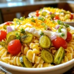 To create your Pickle Ranch Pasta Bowls, gather these essential ingredients: - 8 oz rotini pasta - 1 cup dill pickles, diced - 1/2 cup cherry tomatoes, halved - 1/2 cup red onion, finely chopped - 1 cup cooked chicken breast, shredded (optional) - 1/2 cup ranch dressing - 1/4 cup plain Greek yogurt - 2 tablespoons fresh dill, chopped - Salt and pepper, to taste - 1/2 cup shredded cheddar cheese - 1/4 cup sliced scallions, for garnish These ingredients create a tasty blend of flavors. The rotini pasta serves as a fun base. The pickles add a tangy twist, while the chicken gives it heartiness. You can easily customize your Pickle Ranch Pasta Bowls with these optional ingredients: - 1/2 cup bell peppers, diced - 1/2 cup corn, canned or frozen - 1/2 cup cucumber, diced - Fresh herbs like parsley or chives Feel free to mix and match according to your taste. If you love crunch, add in some bell peppers or cucumber. You can also use leftover veggies to make this dish unique. To enhance the flavor of your dish, consider these seasonings and garnishes: - Extra fresh dill for a herby kick - A squeeze of lemon juice for brightness - Paprika or cayenne pepper for a hint of spice Garnish your pasta bowls with extra shredded cheese and scallions. These simple touches make your meal look great and taste even better. For the full recipe, check out the details provided earlier. Enjoy cooking! To start, take a large pot and fill it with water. Add a good amount of salt. Bring the water to a rolling boil. Once boiling, add the rotini pasta. Cook for about 8-10 minutes until the pasta is al dente. Drain the pasta in a colander. Rinse it under cold water to cool it down and stop the cooking process. Set the pasta aside. Next, grab a medium-sized bowl. Combine the ranch dressing and plain Greek yogurt in this bowl. Whisk them together until smooth. Give it a taste and season with salt and pepper as you like. Fold in the chopped fresh dill for a burst of flavor. Now, take a large mixing bowl. Add the cooled rotini pasta. Toss in the diced dill pickles, halved cherry tomatoes, finely chopped red onion, and shredded cooked chicken if you’re using it. Drizzle the dressing over the pasta mixture. Gently toss everything together with a spatula or tongs. Make sure all ingredients are well-coated. Cover the bowl with plastic wrap or a lid. Place it in the refrigerator for at least 30 minutes. This will help the flavors meld together. After chilling, take the pasta bowl out of the fridge. Before serving, sprinkle shredded cheddar cheese evenly over the top. Garnish the dish with sliced scallions for a fresh crunch. Serve in individual bowls or on a large platter for a fun presentation. You can even add extra dill pickle slices on the side for a nice touch. Enjoy your Pickle Ranch Pasta Bowls! To cook pasta well, choose a big pot. Fill it with water and add salt. The water should taste like the sea. Bring the water to a boil before adding your rotini. Cook it for about 8-10 minutes. Check for al dente, which means it should still have a bite. Once done, drain it and rinse under cold water. This stops the cooking and cools it down. To boost flavor, use fresh herbs like dill. It adds a nice zing! You can also add garlic powder or onion powder. If you like heat, try a pinch of red pepper flakes. Adjust salt and pepper to your taste. Mix these into your dressing for a richer flavor profile. Serve your Pickle Ranch Pasta Bowls in fun bowls. Use colorful dishes to make it pop! Add some extra dill pickle slices on the side. A sprig of fresh dill can also brighten the dish. Sprinkle the shredded cheddar cheese on top for a nice finish. This makes the meal look tasty and inviting. Enjoy your delightful creation! {{image_4}} You can make Pickle Ranch Pasta Bowls meat-free. Use veggies like bell peppers, zucchini, or black beans. These add texture and flavor. You can also swap the chicken for chickpeas. They are a great source of protein. Try adding roasted veggies for a warm touch. Spinach or kale gives a nice green color. If you want more protein, consider adding cooked shrimp or diced tofu. Both blend well with the pasta and dressing. You can also add hard-boiled eggs for extra richness. Each option brings its own flavor. Don't forget to season well to keep it tasty. You can choose between homemade and store-bought dressing. Homemade ranch is simple and fresh. Just mix together buttermilk, mayo, garlic powder, and herbs. This way, you control the flavors. Store-bought ranch saves time. It’s great for busy days. Both options work well in this recipe. Just make sure to taste and adjust to your liking! For the full recipe, check out the complete instructions above. To store leftovers, place the Pickle Ranch Pasta Bowls in an airtight container. Make sure to cool the dish to room temperature first. This helps keep the flavors fresh. You can also use plastic wrap to cover the bowl tightly. Keep the container in the fridge for best results. When you want to eat the leftovers, take out the amount you need. Place it in a microwave-safe bowl. Heat it for about one minute. Stir, then heat for another 30 seconds if needed. This helps warm the pasta evenly. You can also reheat on the stove. Add a splash of water and warm it over low heat. The Pickle Ranch Pasta Bowls will last up to three days in the fridge. Be sure to check for any signs of spoilage before eating. If you see any discolored ingredients or an off smell, it's best to toss it. Enjoy your meal while it’s fresh for the best taste! Yes, you can make Pickle Ranch Pasta Bowls ahead of time. This dish tastes even better after sitting for a while. The flavors blend well when chilled. I recommend preparing it a few hours before serving. Store it in the fridge until you are ready to eat. I suggest using rotini pasta for this recipe. Its spiral shape holds the dressing and other ingredients well. You can also use other pasta types like penne or fusilli. Just make sure it cooks to al dente for the best texture. To make a healthier version of Pickle Ranch Pasta Bowls, swap regular ranch dressing for a lighter option. You can use Greek yogurt instead of ranch. Add more veggies, like bell peppers or spinach, for extra nutrients. Using whole wheat pasta also boosts fiber content without losing flavor. For protein, consider shredded turkey or chickpeas. In this blog post, we covered how to make Pickle Ranch Pasta Bowls. I detailed the key ingredients, step-by-step instructions, and helpful tips. You can customize your dish with optional ingredients and enjoy various flavorful variations. Storing leftovers and reheating them is easy too. Remember, making this dish should be fun and simple. Embrace creativity in your flavors and toppings. Enjoy every bite and share with friends!
