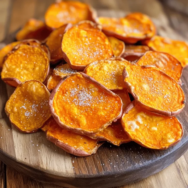 To make air fryer sweet potato chips, you need a few simple items. Each ingredient plays a key role in creating that crunchy and tasty snack. Here’s what you will need: - Sweet potatoes - Olive oil - Seasonings (garlic powder, smoked paprika, sea salt, black pepper) - Optional ingredient (nutritional yeast) Sweet potatoes are the star here. They give your chips a natural sweetness and vibrant color. Olive oil adds richness and helps with crispiness. The seasonings give your chips extra flavor. Garlic powder brings a savory kick, while smoked paprika adds a nice depth. Sea salt and black pepper enhance all the flavors. If you want a cheesy taste, you can use nutritional yeast. It’s a great option for those who like a bit of umami. With these ingredients, you can create a healthy snack that’s full of flavor. Each bite will be crisp and satisfying. For the full recipe, check out the complete instructions above. Start by washing the sweet potatoes well under cold water. Remove any dirt. Once clean, peel off the skin using a vegetable peeler. This step is key for a smooth bite. Next, slice the sweet potatoes into thin rounds, about 1/8 inch thick. A mandoline slicer works best for even slices. This helps them cook evenly and get crispy. In a large bowl, combine the sweet potato slices with the olive oil and spices. Use 2 tablespoons of olive oil, 1 teaspoon of garlic powder, 1 teaspoon of smoked paprika, ½ teaspoon of sea salt, and ¼ teaspoon of black pepper. If you want, add 1 tablespoon of nutritional yeast for a cheesy taste. Toss everything gently to ensure each slice gets coated well. This is the flavor boost your chips need. Preheat your air fryer to 380°F (190°C) for about 5 minutes. This helps the chips cook to the right crispiness. After preheating, place the sweet potato slices in the basket in a single layer. Avoid overcrowding to let the hot air circulate. If you have many slices, cook them in batches. Cook the chips for 10-12 minutes, shaking the basket halfway through. This ensures even cooking. Watch them closely; you want a golden brown color, not burnt. Once done, take them out and let them cool for a few moments. They will crisp up as they cool. Serve them right away for the best taste! To get that perfect crunch, slice your sweet potatoes thinly. Aim for about 1/8 inch thick. The thinner the slices, the crispier the chips. You can use a mandoline slicer for even slices. This tool makes it easy and fast. Keep an eye on the cooking time. I recommend cooking for 10-12 minutes. Check halfway through and shake the basket. This helps the chips cook evenly. Remember, air fryers can vary. So, watch for that golden brown color. Don't stop at just the basic seasonings! You can add more flavor. Try cayenne for heat or cinnamon for sweetness. You could even mix in some dried herbs like rosemary or thyme. Dipping sauces can make your chips even better. Try hummus or a yogurt-based dip. A spicy salsa or guacamole works great too. Find what you enjoy the most! One big mistake is overcrowding the basket. If the chips overlap, they won’t cook well. Work in batches if you have many slices. This ensures they are crispy and delicious. Another mistake is ignoring preheating. Always preheat your air fryer for about 5 minutes. This step is key for getting that nice crunch. Skipping it can lead to soggy chips. {{image_4}} You can change the flavor of your sweet potato chips. Think about sweet versus savory options. For a sweet twist, try adding cinnamon and a touch of brown sugar. It gives chips a nice caramelized taste. On the savory side, consider using chili powder or cumin for a spicy kick. Spice blends like taco seasoning also work great. If you don’t have an air fryer, don't worry! You can bake sweet potato chips in the oven. Spread your seasoned slices on a baking sheet. Bake at 425°F (220°C) for about 20-25 minutes, flipping halfway through. A dehydrator is another option. Set it to 125°F (52°C) and let your chips dry for 6-8 hours. Both methods yield tasty snacks, just with different textures. You can personalize your sweet potato chips before air frying. Try adding toppings like shredded cheese or herbs. For a fun twist, make sweet potato fries instead. Cut the potatoes into sticks instead of rounds. Season them just like the chips and cook them in the air fryer. This gives you two delicious snacks from one recipe! For the full recipe, check out the section above. After making your chips, you might have some left. To keep them fresh, use an airtight container. Glass or plastic containers work well. Make sure they cool completely before sealing. This helps avoid moisture buildup. You can store them at room temperature for a few days. If you want to keep them longer, freeze them. Just put them in a freezer-safe bag. Press out the air to prevent freezer burn. To enjoy your chips again, reheating is key. The best method is to use the air fryer. Preheat it to 350°F (175°C) and place the chips in the basket. Heat them for about 3 to 5 minutes. This will make them crispy again. Avoid using the microwave. It can make your chips soggy. If you do use a microwave, place a paper towel under the chips to absorb extra moisture. Sweet potato chips last for about 3 to 5 days in a container. After this time, they may lose their crunch. Look for signs of spoilage like a soft texture or off smell. If your chips taste stale or have changed color, toss them out. For frozen chips, they can last up to 2 months. Just remember, the sooner you eat them, the better they will taste! Cook sweet potato chips for about 10-12 minutes at 380°F (190°C). This time ensures they turn crispy and golden. I recommend checking them halfway through. Shake the basket to help them cook evenly. Each air fryer works a bit differently, so keep an eye on them. Yes, you can make oil-free chips! Instead of oil, try using a light spray of cooking spray. You could also use vegetable broth to help the seasonings stick. The chips may not be as crispy, but they will still be delicious. You can use many other veggies! Carrots, beets, and zucchini make great chips. Slice them thinly like sweet potatoes. Each vegetable has a different cook time, so check them often. You can mix and match for fun flavors. Sweet potato chips are easy and tasty. We covered ingredients, steps, tips, and variations. Proper slicing and seasoning give you great crispiness. Keep in mind cooking time and don’t overcrowd. You can store leftovers and reheat them easily. Explore different flavors and methods, too. Sweet potatoes are versatile and enjoyable. Enjoy your cooking and experimenting!