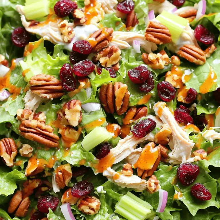 - 2 cups cooked chicken, shredded or diced - 1/2 cup dried cranberries - 1/2 cup pecans, roughly chopped - 1/2 cup celery, finely diced - 1/4 cup red onion, finely diced - 1/2 cup Greek yogurt or mayonnaise - 1 tablespoon honey - 1 tablespoon apple cider vinegar - Salt and freshly ground black pepper The main ingredients create a lovely mix of flavors and textures. I love using cooked chicken as the base. It gives the salad a hearty feel. Shredded or diced, it works great either way. The dried cranberries add a sweet tang that brightens every bite. I prefer unsweetened cranberries for balance. Pecans bring a nice crunch. They also add a rich, nutty flavor. The finely diced celery gives the salad a refreshing crunch. Red onion adds a mild kick, which I really enjoy. For the dressing, I use Greek yogurt for creaminess. You can swap it with mayonnaise if you like a richer taste. Honey adds a touch of natural sweetness. The apple cider vinegar enhances the flavor profile. Don’t forget salt and pepper! They are key for making all the flavors pop. - Extra chopped pecans - Fresh herbs (parsley or cilantro) - Additional dried cranberries Garnishes make the dish look even better. I love adding extra chopped pecans for more crunch. Fresh herbs like parsley or cilantro add a splash of color and freshness. You can also sprinkle more cranberries on top for a sweet touch. For the full recipe, check out the details above. Enjoy making this fresh and flavorful chicken salad! To start, gather your ingredients. In a spacious mixing bowl, combine: - 2 cups cooked chicken, shredded or diced - 1/2 cup dried cranberries - 1/2 cup pecans, roughly chopped - 1/2 cup celery, finely diced - 1/4 cup red onion, finely diced Gently stir the mixture. Make sure all colors blend well. Next, in a separate small bowl, prepare the dressing. Whisk together: - 1/2 cup Greek yogurt (or mayonnaise) - 1 tablespoon honey - 1 tablespoon apple cider vinegar - Salt and freshly ground black pepper Mix until the dressing is smooth and creamy. Pour the dressing over the chicken mixture. Use a spatula to toss the salad carefully. Ensure everything is nicely coated. Taste the chicken salad. Adjust the seasoning as needed. You can serve the chicken salad on a bed of mixed greens or crunchy lettuce. This adds a fresh touch. If you want something different, use it as a filling for sandwiches or wraps. Both options are tasty and satisfying. To make your plate look appealing, garnish the salad. Sprinkle some extra chopped pecans and dried cranberries on top. This adds color and texture. You may also consider fresh herbs like parsley or cilantro to enhance the look. A little goes a long way in making your dish stand out! For the full recipe, check out the Cranberry Pecan Chicken Salad. Using mayonnaise instead of Greek yogurt gives a creamier texture. Both work well, but choose based on your taste. If you want a lighter salad, Greek yogurt is a great choice. For sweetness, you can swap honey with maple syrup. Maple syrup offers a similar taste but changes the flavor slightly. You can also use agave syrup for a vegan option. Instead of apple cider vinegar, try lemon juice for a fresh zing. To create balanced flavors, mix sweet, crunchy, and savory ingredients. This makes each bite exciting. Adjust the seasoning to suit your taste. If you like it sweeter, add more honey. Prefer a bolder flavor? Add more salt or vinegar. You can also add spices like garlic powder or paprika for more depth. Just a pinch can make a big difference. Taste as you go to find the perfect mix for you. Preparing the salad in advance saves time. Cook and shred the chicken a day earlier for easy assembly. You can chop the veggies a day ahead too. Store the chicken and veggies separately from the dressing. This keeps everything fresh and crunchy. Mix them together just before serving to keep the salad bright and tasty. {{image_4}} You can boost the protein in your salad easily. Adding nuts like walnuts or seeds like sunflower seeds gives you more nutrition. You can also mix in cooked quinoa or chickpeas for a hearty touch. These additions not only give protein but also add more flavor and texture. Try mixing in some feta cheese for a creamy twist that pairs well with the cranberries. Change up the fruits and veggies based on what is fresh and in season. In spring, add crisp apples or sweet strawberries. Summer is perfect for ripe peaches or juicy cherries. In fall, think about using pears or even roasted squash. Winter brings citrus fruits like oranges or grapefruits, which can brighten up your salad. These seasonal swaps keep your recipe exciting and full of flavor year-round. For those with dietary needs, you can make this salad gluten-free by using certified gluten-free ingredients. If you're looking for a low-carb option, replace the Greek yogurt with a low-carb alternative, like mashed avocado. This swap not only cuts carbs but also adds creamy texture. You can also use lettuce wraps instead of bread for a fresh, crunchy bite. To keep your Cranberry Pecan Chicken Salad fresh, store it in a sealed container. Place it in the fridge right after serving. This helps prevent spoilage. The salad lasts about 3 to 5 days in the refrigerator. Make sure to check for any changes in smell or texture before eating. You can freeze this salad, but I don’t recommend it. Freezing can change the texture of the ingredients. If you decide to freeze it, use an airtight container. When you’re ready to eat, let it thaw in the fridge overnight. This helps keep the flavors intact. You usually don’t need to reheat this salad. It tastes great cold! However, if you want to warm it up, use a microwave on low power. Heat it in short bursts and stir often. This prevents any ingredients from getting mushy. Always check the temperature before serving. You can prep ingredients in advance for this salad. Start by cooking the chicken and letting it cool. Shred or dice it and store it in an airtight container in the fridge. Chop the celery and red onion ahead of time, too. Keep them in separate containers to maintain freshness. You can also mix the dried cranberries and pecans together. On the day you want to serve, just combine everything in a bowl and add the dressing. This keeps flavors fresh and vibrant. Yes, you can use other nuts! Almonds, walnuts, or pistachios work well. Each nut brings a different flavor and texture. Walnuts add a rich, earthy taste. Almonds offer a nice crunch. Pistachios add a hint of sweetness. Feel free to mix and match to find your favorite combination. This salad pairs great with many sides. Serve it with crusty bread or whole grain crackers for a nice crunch. You can also enjoy it with a fresh fruit salad for a sweet contrast. Another option is to add a light soup, like tomato bisque or butternut squash, for a warm touch. Each pairing enhances the salad's flavor. Yes, this salad is great for meal prep! Portion it into individual containers for easy lunches. Just store the dressing separately to keep the salad fresh. When you’re ready to eat, add the dressing and mix. This way, you get the best taste and texture every time. This blog post shared a simple yet delicious recipe for Cranberry Pecan Chicken Salad. We covered the main ingredients, step-by-step instructions, and tips for flavor and texture. You learned how to serve it, store it, and even adjust it to fit dietary needs. Creating your own version opens the door to many variations. Enjoy making this dish your own!