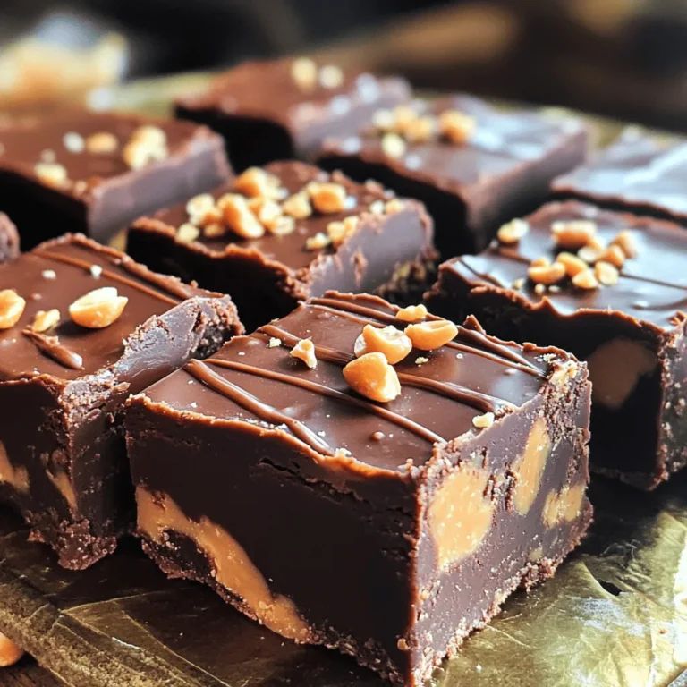 - 2 cups semi-sweet chocolate chips - 1 cup creamy peanut butter - 1 can (14 oz) sweetened condensed milk - 1 teaspoon vanilla extract - ½ cup powdered sugar - A pinch of sea salt - Medium saucepan - Spatula - 8x8 inch square baking dish - Parchment paper - Portion sizes for fudge squares: Aim for 16 squares. Each piece will be rich and satisfying. - Presentation ideas: For a fun display, use a decorative box or platter. Garnish with crushed peanuts. A light drizzle of melted chocolate adds flair. Start by lining an 8x8 inch square baking dish with parchment paper. Leave some paper hanging over the edges. This makes it easy to lift out the fudge later. Set the dish aside while you prepare the fudge. In a medium saucepan, combine 2 cups of semi-sweet chocolate chips and 1 can of sweetened condensed milk. Place the pan over low heat. Stir continuously until the chocolate and milk melt into a smooth mixture. This step is key for a good fudge texture. Once melted, stir in 1 cup of creamy peanut butter and 1 teaspoon of vanilla extract. Mix well to ensure there are no clumps of peanut butter. The warmth will help the peanut butter blend smoothly into the chocolate. Next, sift in ½ cup of powdered sugar directly into the chocolate-peanut butter mix. Folding it in gently with a spatula will keep the texture smooth. This step is vital for that melt-in-your-mouth quality we all love in fudge. Now, add a pinch of sea salt to enhance the flavor. Stir thoroughly to balance the sweetness of the fudge. This small addition makes a big difference in taste, so don’t skip it! Pour the fudge mixture into the prepared baking dish. Use a spatula to smooth the top into an even layer. Cover it with plastic wrap and place it in the refrigerator to chill for at least 2 hours. Once firm, lift the fudge out using the parchment paper. Transfer it to a cutting board and slice it into squares. For a stunning display, arrange the fudge squares in a decorative box or on a beautiful platter. You can garnish with crushed peanuts and a light drizzle of melted chocolate for a fancy touch. Enjoy your homemade treat! To keep your fudge smooth, always sift the powdered sugar. Sifting breaks up clumps. It helps mix the sugar evenly with the other ingredients. This step is key to getting a creamy texture in your fudge. A smooth finish makes each bite more enjoyable. Pay close attention during the melting process. Melt the chocolate and sweetened condensed milk over low heat. Stir constantly to avoid burning. Once it’s fully melted, the mix should be smooth and glossy. If it looks grainy or thick, it may need more stirring or lower heat. Getting this right sets the stage for the rest of the fudge. Adjusting the salt can enhance the sweetness of your fudge. A small pinch of sea salt makes a big difference. It helps balance the rich flavors of chocolate and peanut butter. Too much salt can overpower the sweetness, so start with just a pinch. Taste the mixture before it sets to ensure a perfect blend of flavors. {{image_4}} You can make your fudge even better with nuts. Try adding chopped walnuts or pecans. These nuts add a nice crunch and rich flavor. You can also use different nut butters. Swap creamy peanut butter for almond or cashew butter. Each nut brings its own taste. This way, you can create new flavors with every batch. Want to change things up? Add flavor extracts for fun twists. A teaspoon of almond extract can make it taste like marzipan. If you like mint, use peppermint extract. This adds a refreshing touch. These small changes can elevate your fudge from classic to unique. Get creative and try different flavors. Toppings can add a special touch to your fudge. Sprinkle a bit of sea salt on top. This will enhance the sweet taste. You can also crush some peanuts and scatter them over the fudge. For a chocolatey finish, drizzle melted chocolate on top. These toppings make your fudge look fancy and fun. You can impress your friends with these simple ideas. For the full recipe, check out the detailed instructions. To keep your fudge fresh, store it in the fridge. Place it in an airtight container. This will protect it from moisture and odors. Make sure it has cooled completely before sealing it. It will stay good for up to two weeks in the refrigerator. If you want to save some for later, freezing is a great option. Cut the fudge into squares first. Then, wrap each piece in plastic wrap. Place the wrapped pieces in a freezer-safe bag. This keeps the texture smooth and prevents freezer burn. You can freeze the fudge for up to three months. Homemade fudge can last quite a while when stored right. In the fridge, it keeps for about two weeks. When frozen, it can hold its quality for three months. After thawing, enjoy it within a week for the best flavor. For more details on making this delicious treat, check the Full Recipe. You can tell the fudge is ready when it feels firm to the touch. It should not stick to your fingers. The edges will pull away slightly from the sides of the pan. If you gently press it, it should hold its shape. Yes, you can swap out peanut butter for any nut butter, like almond or cashew. If you want a dairy-free option, use dark chocolate chips. These swaps can change the taste but keep the fudge creamy. If your fudge is soft, it may need more chilling time. Put it back in the fridge for another hour. If it’s still too soft, try adding a bit more powdered sugar. This can help firm it up. To make the fudge vegan, use dairy-free chocolate chips and a plant-based sweetened condensed milk. There are great options available, or you can make your own at home. This way, you can enjoy the fudge without dairy. To cut fudge cleanly, use a sharp knife warmed under hot water. This helps the knife glide through without tearing. Wipe the knife with a paper towel between cuts for neat squares. This will make your fudge look great! This blog post covered how to make delicious peanut butter fudge. We discussed simple ingredients, tools, and step-by-step instructions. You learned tips for texture and flavor, plus creative variations. Storing tips help you keep your fudge fresh, and the FAQs answer common concerns. In conclusion, this fudge is fun to make and share. Customize it to suit your taste. Enjoy the process and savor your sweet creations!
