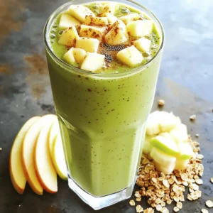 - 1 large sweet apple (Fuji or Honeycrisp) - 1 ripe frozen banana - 1 cup rolled oats - 1 cup unsweetened almond milk - 1 teaspoon ground cinnamon - 1 tablespoon honey or maple syrup - 1 tablespoon chia seeds (optional) - A pinch of freshly grated nutmeg - Ice cubes (optional) When I create this Apple Cinnamon Breakfast Smoothie, I love using sweet apples like Fuji or Honeycrisp. They add a nice flavor. A frozen banana gives the smoothie a creamy texture. It makes each sip feel like a treat. Rolled oats give the drink some good fiber. Plus, they help keep you full. I always use unsweetened almond milk for a light touch. Ground cinnamon brings warmth and spice. You can choose honey or maple syrup to sweeten it. Chia seeds are a fun option for extra nutrients. A pinch of nutmeg adds cozy notes. If you want it cold, toss in some ice cubes. - Extra cinnamon for topping - Crunchy granola - Fresh apple slices For a fun finish, sprinkle extra cinnamon on top. You can add crunchy granola for some texture. Fresh apple slices on the side make it look pretty and fresh. Enjoy every sip of this healthy start! - Step 1: Adding ingredients to the blender Start by placing all your ingredients in the blender. Add the chopped apple, frozen banana, oats, almond milk, ground cinnamon, honey or maple syrup, chia seeds, and nutmeg. This mix gives the smoothie a great flavor and texture. - Step 2: Blending until smooth Blend the mixture on high speed. You want it to be smooth and creamy. If you like your smoothie thicker, toss in a few ice cubes and blend again. This will make it even more refreshing! - Step 3: Adjusting sweetness and thickness After blending, it’s time to taste your smoothie. If it’s not sweet enough for you, add more honey or maple syrup. Blend briefly to mix it in. This step helps you customize the flavor to your liking. - Step 4: Pouring and serving the smoothie Now, pour your smoothie into a glass or a travel cup. For a nice touch, sprinkle a bit of extra cinnamon on top. This makes it look pretty and adds more flavor. - Tips for achieving the perfect consistency To get a smooth and creamy texture, start with the liquid first. This helps the blades move freely. Also, blending longer can help break down any chunks. - Best blenders for smoothies A good blender makes a big difference. Look for one with a strong motor and sharp blades. Brands like Vitamix or Ninja are great choices. They blend well and make your smoothies silky smooth. For the complete recipe, check the section titled Full Recipe. Choosing the right apple is key for flavor. I love using Fuji or Honeycrisp apples. They are sweet and crisp, which adds a nice taste to your smoothie. The texture is also important. A firmer apple gives a better mouthfeel. Avoid mushy apples for the best results. Frozen bananas are a must for creaminess. When you freeze bananas, they become smooth and thick. This makes your smoothie feel rich and satisfying. I suggest peeling and slicing bananas before freezing them. This way, they blend easier. You can use ripe bananas for sweetness, too. Apples and bananas pack a punch of nutrition. Apples are rich in fiber, which helps digestion. They also contain vitamin C, which boosts your immune system. Bananas add potassium, good for heart health. Together, they make a great start to your day. Chia seeds and oats bring even more benefits. Chia seeds are high in omega-3 fatty acids. They help with brain health and keep you full longer. Oats provide slow-burning energy. They are great for keeping your blood sugar stable. Adding these ingredients makes your smoothie power-packed and nutritious. For the Full Recipe, check out the detailed instructions above! {{image_4}} You can change up your apple cinnamon breakfast smoothie by adding greens. Toss in a handful of spinach or kale for extra nutrients. These greens blend well and add a nice color. You can also experiment with different spices. Try adding ginger for a spicy kick or a splash of vanilla for sweetness. Each spice gives a new twist to the smoothie. If you want to switch things up, use agave nectar or stevia instead of honey. These sweeteners can change the flavor and sweetness level. You can adjust the sweetness based on what you like. Start with a small amount and taste it. Blend more if you want it sweeter. This way, you can make the smoothie just right for your taste. To keep your leftover smoothie fresh, use jars or travel cups. Glass jars are great for storing smoothies. They seal tightly and do not stain. Travel cups are perfect if you need to take your smoothie on the go. Just make sure the lid is secure. When refrigerating, put your smoothie in the fridge right away. This helps keep it cool and tasty. Smoothies are best when consumed within 24 hours. If you let it sit longer, the flavors may change, and it may separate. If that happens, just shake or stir it well before drinking. You can also freeze your smoothie if you want to save it for later. Use plastic containers or ice cube trays to freeze. Pour the smoothie into the containers, leaving some space at the top. The smoothie will expand as it freezes. To thaw, move it to the fridge overnight. You can also use the microwave. Just heat it in short bursts until it’s soft. The best time to keep your smoothie in the freezer is up to three months. After that, the taste and texture may not be as good. Yes, you can prepare this smoothie the night before. Simply blend all your ingredients and pour them into a jar. Seal it tightly and store it in the fridge. In the morning, give it a quick shake before you enjoy it. This saves time and helps you start your day right. If you want to swap almond milk, try these options: - Dairy milk - Soy milk - Oat milk Each type brings a different flavor. Pick one that you like best. To keep it vegan, use plant-based options. Choose almond, soy, or oat milk. Replace honey with maple syrup or agave nectar for sweetness. This way, you keep the taste without using animal products. This smoothie can fit well into a weight loss plan. It has good nutrients and keeps you full. The apples and oats provide fiber, which helps you feel satisfied. With a balanced calorie count, this smoothie can be a great part of your healthy diet. This blog post showed how to make a tasty smoothie with simple ingredients. You learned about apples, bananas, oats, and milk. I shared tips to make your blend creamy and sweet. Health benefits from these fruits are great for you. You can even try different flavors and sweeteners. Don’t forget how to store leftover smoothies. With these steps and tips, you can enjoy your drink anytime. Cheers to tasty and healthy smoothies!