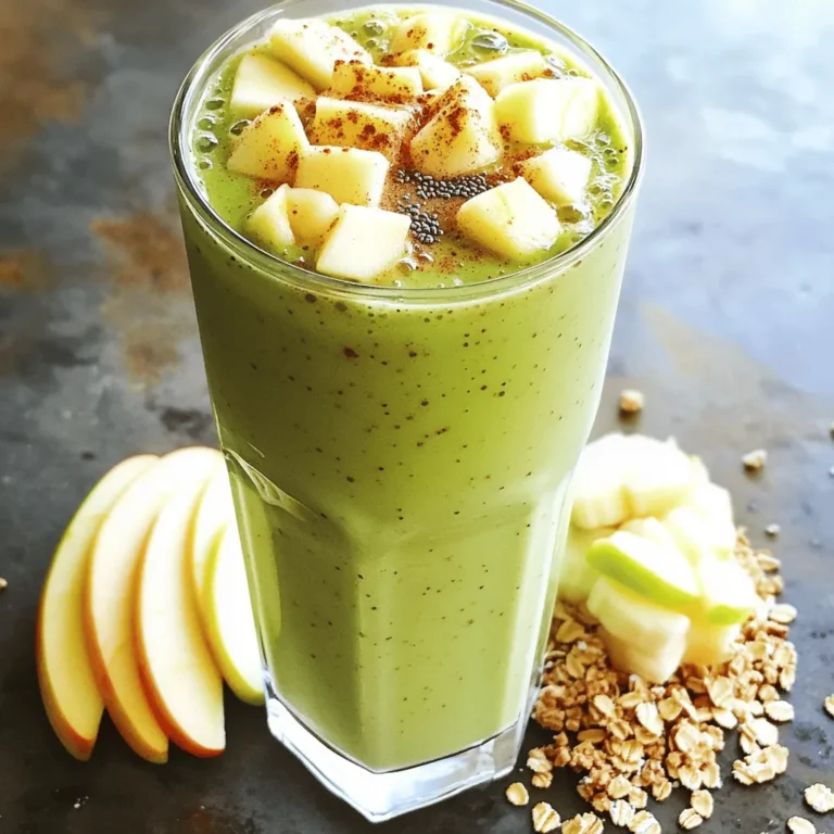 - 1 large sweet apple (Fuji or Honeycrisp) - 1 ripe frozen banana - 1 cup rolled oats - 1 cup unsweetened almond milk - 1 teaspoon ground cinnamon - 1 tablespoon honey or maple syrup - 1 tablespoon chia seeds (optional) - A pinch of freshly grated nutmeg - Ice cubes (optional) When I create this Apple Cinnamon Breakfast Smoothie, I love using sweet apples like Fuji or Honeycrisp. They add a nice flavor. A frozen banana gives the smoothie a creamy texture. It makes each sip feel like a treat. Rolled oats give the drink some good fiber. Plus, they help keep you full. I always use unsweetened almond milk for a light touch. Ground cinnamon brings warmth and spice. You can choose honey or maple syrup to sweeten it. Chia seeds are a fun option for extra nutrients. A pinch of nutmeg adds cozy notes. If you want it cold, toss in some ice cubes. - Extra cinnamon for topping - Crunchy granola - Fresh apple slices For a fun finish, sprinkle extra cinnamon on top. You can add crunchy granola for some texture. Fresh apple slices on the side make it look pretty and fresh. Enjoy every sip of this healthy start! - Step 1: Adding ingredients to the blender Start by placing all your ingredients in the blender. Add the chopped apple, frozen banana, oats, almond milk, ground cinnamon, honey or maple syrup, chia seeds, and nutmeg. This mix gives the smoothie a great flavor and texture. - Step 2: Blending until smooth Blend the mixture on high speed. You want it to be smooth and creamy. If you like your smoothie thicker, toss in a few ice cubes and blend again. This will make it even more refreshing! - Step 3: Adjusting sweetness and thickness After blending, it’s time to taste your smoothie. If it’s not sweet enough for you, add more honey or maple syrup. Blend briefly to mix it in. This step helps you customize the flavor to your liking. - Step 4: Pouring and serving the smoothie Now, pour your smoothie into a glass or a travel cup. For a nice touch, sprinkle a bit of extra cinnamon on top. This makes it look pretty and adds more flavor. - Tips for achieving the perfect consistency To get a smooth and creamy texture, start with the liquid first. This helps the blades move freely. Also, blending longer can help break down any chunks. - Best blenders for smoothies A good blender makes a big difference. Look for one with a strong motor and sharp blades. Brands like Vitamix or Ninja are great choices. They blend well and make your smoothies silky smooth. For the complete recipe, check the section titled Full Recipe. Choosing the right apple is key for flavor. I love using Fuji or Honeycrisp apples. They are sweet and crisp, which adds a nice taste to your smoothie. The texture is also important. A firmer apple gives a better mouthfeel. Avoid mushy apples for the best results. Frozen bananas are a must for creaminess. When you freeze bananas, they become smooth and thick. This makes your smoothie feel rich and satisfying. I suggest peeling and slicing bananas before freezing them. This way, they blend easier. You can use ripe bananas for sweetness, too. Apples and bananas pack a punch of nutrition. Apples are rich in fiber, which helps digestion. They also contain vitamin C, which boosts your immune system. Bananas add potassium, good for heart health. Together, they make a great start to your day. Chia seeds and oats bring even more benefits. Chia seeds are high in omega-3 fatty acids. They help with brain health and keep you full longer. Oats provide slow-burning energy. They are great for keeping your blood sugar stable. Adding these ingredients makes your smoothie power-packed and nutritious. For the Full Recipe, check out the detailed instructions above! {{image_4}} You can change up your apple cinnamon breakfast smoothie by adding greens. Toss in a handful of spinach or kale for extra nutrients. These greens blend well and add a nice color. You can also experiment with different spices. Try adding ginger for a spicy kick or a splash of vanilla for sweetness. Each spice gives a new twist to the smoothie. If you want to switch things up, use agave nectar or stevia instead of honey. These sweeteners can change the flavor and sweetness level. You can adjust the sweetness based on what you like. Start with a small amount and taste it. Blend more if you want it sweeter. This way, you can make the smoothie just right for your taste. To keep your leftover smoothie fresh, use jars or travel cups. Glass jars are great for storing smoothies. They seal tightly and do not stain. Travel cups are perfect if you need to take your smoothie on the go. Just make sure the lid is secure. When refrigerating, put your smoothie in the fridge right away. This helps keep it cool and tasty. Smoothies are best when consumed within 24 hours. If you let it sit longer, the flavors may change, and it may separate. If that happens, just shake or stir it well before drinking. You can also freeze your smoothie if you want to save it for later. Use plastic containers or ice cube trays to freeze. Pour the smoothie into the containers, leaving some space at the top. The smoothie will expand as it freezes. To thaw, move it to the fridge overnight. You can also use the microwave. Just heat it in short bursts until it’s soft. The best time to keep your smoothie in the freezer is up to three months. After that, the taste and texture may not be as good. Yes, you can prepare this smoothie the night before. Simply blend all your ingredients and pour them into a jar. Seal it tightly and store it in the fridge. In the morning, give it a quick shake before you enjoy it. This saves time and helps you start your day right. If you want to swap almond milk, try these options: - Dairy milk - Soy milk - Oat milk Each type brings a different flavor. Pick one that you like best. To keep it vegan, use plant-based options. Choose almond, soy, or oat milk. Replace honey with maple syrup or agave nectar for sweetness. This way, you keep the taste without using animal products. This smoothie can fit well into a weight loss plan. It has good nutrients and keeps you full. The apples and oats provide fiber, which helps you feel satisfied. With a balanced calorie count, this smoothie can be a great part of your healthy diet. This blog post showed how to make a tasty smoothie with simple ingredients. You learned about apples, bananas, oats, and milk. I shared tips to make your blend creamy and sweet. Health benefits from these fruits are great for you. You can even try different flavors and sweeteners. Don’t forget how to store leftover smoothies. With these steps and tips, you can enjoy your drink anytime. Cheers to tasty and healthy smoothies!