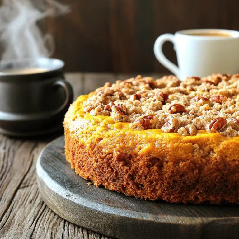 To make this Pumpkin Pecan Streusel Coffee Cake, you need a mix of dry and wet ingredients. The cake has a rich pumpkin flavor, with a crunchy pecan streusel on top. This recipe is perfect for a cozy brunch or a sweet treat with coffee. Here’s what you will need for this delightful cake: - For the Cake: - 2 cups all-purpose flour - 1 teaspoon baking powder - 1 teaspoon baking soda - 1 teaspoon ground cinnamon - 1/2 teaspoon ground nutmeg - 1/2 teaspoon salt - 3/4 cup granulated sugar - 1/2 cup packed brown sugar - 1/2 cup unsalted butter, softened - 2 large eggs - 1 cup canned pumpkin puree - 1/4 cup milk (whole or 2%) - 1 teaspoon pure vanilla extract - For the Pecan Streusel Topping: - 1/2 cup all-purpose flour - 1/2 cup chopped pecans - 1/2 cup packed brown sugar - 1/2 teaspoon ground cinnamon - 1/4 cup unsalted butter, melted You can swap some ingredients if needed: - Flour: Use gluten-free flour for a gluten-free option. - Butter: Try coconut oil or vegan butter for dairy-free. - Sugar: Replace granulated sugar with coconut sugar for a healthier choice. - Eggs: Use applesauce or flaxseed meal for egg-free baking. - Nuts: If you can't use pecans, walnuts or almonds work well too. These swaps help make the cake fit different diets and preferences. Enjoy baking! Start by preheating your oven to 350°F (175°C). This step is key for even baking. Next, lightly grease a 9x13 inch baking pan with butter. Dust it with flour to keep the cake from sticking. In a medium bowl, combine all your dry ingredients. You will need 2 cups of all-purpose flour, 1 teaspoon baking powder, and 1 teaspoon baking soda. Add 1 teaspoon of ground cinnamon, 1/2 teaspoon of ground nutmeg, and 1/2 teaspoon of salt. Whisk these together well. This helps mix the flavors and ensures a smooth cake. In a large mixing bowl, beat together 1/2 cup of softened unsalted butter and 3/4 cup of granulated sugar. Use an electric mixer on medium speed until the mixture is light and fluffy. Add 1/2 cup of packed brown sugar and mix again. Then, add 2 large eggs one at a time. Mix well after each addition. Finally, pour in 1 cup of canned pumpkin puree, 1/4 cup of milk, and 1 teaspoon of pure vanilla extract. Stir until the mixture is well combined. Now, gradually add the dry mixture to the wet mixture. Stir just until combined; it’s okay if there are small lumps. Do not overmix. In a separate bowl, prepare the streusel topping. Mix together 1/2 cup of all-purpose flour, 1/2 cup of chopped pecans, 1/2 cup of packed brown sugar, and 1/2 teaspoon of ground cinnamon. Pour in 1/4 cup of melted butter and mix until crumbly. Pour half of the cake batter into the prepared pan. Evenly sprinkle half of the streusel topping over it. Pour the rest of the batter on top, then add the remaining streusel. Bake in your preheated oven for 35-40 minutes. Check if it’s done by inserting a toothpick into the center; it should come out clean. Let the cake cool for 10-15 minutes before slicing. Enjoy warm or at room temperature with coffee. For the complete instructions, refer to the Full Recipe. To get the best texture in your coffee cake, mix the batter gently. Overmixing can make it dense. Use a spatula to fold in the dry ingredients. This keeps the cake light and fluffy. Make sure your butter is soft but not melted. This helps create a creamy batter that traps air. Room-temperature eggs also work wonders for texture. They blend better and help the cake rise nicely. Baking time can change based on your oven and pan size. Start checking for doneness at 35 minutes. Insert a toothpick in the center. If it comes out clean, your cake is ready. If not, bake for another 5 minutes. Remember, every oven is different. Keep an eye on your cake to avoid overbaking. This can dry out your delicious treat. Serve your Pumpkin Pecan Streusel Coffee Cake warm for the best taste. Pair it with a hot cup of coffee or tea. This adds to the cozy vibe. For a fun twist, add a dollop of whipped cream on top. You can also sprinkle a bit of extra cinnamon for added flavor. Make it a special dessert by serving it at brunch or holiday gatherings. Everyone will love this delightful treat! For the full recipe, check out the details above. {{image_4}} If you want a gluten-free version, swap the all-purpose flour. Use a 1-to-1 gluten-free baking mix. This mix often has xanthan gum, which helps with texture. The cake stays moist and tasty. Trust me; it works well! Pecans add a great crunch, but you can switch it up. Try walnuts or almonds instead. Chopped hazelnuts also work nicely. Each nut brings unique flavors, so feel free to experiment. Just remember to adjust the amounts to keep your cake balanced. You can add fun flavors to fit the season. For a warm touch, mix in some ginger or cloves. For a holiday vibe, try adding dried cranberries or chocolate chips. These additions make your cake special and exciting. You can find more ideas in the Full Recipe section. To keep your pumpkin pecan streusel coffee cake fresh, store it in an airtight container. This helps keep moisture in and prevents it from drying out. You can also wrap it tightly in plastic wrap. Place it in a cool, dry place for up to three days. If you want to enjoy it longer, freezing is a great option. Freezing your cake is easy and effective. First, let the cake cool completely. Then, cut it into slices for easy serving later. Wrap each slice in plastic wrap, making sure no air gets in. After wrapping, place the slices in a freezer-safe bag or container. Label it with the date. You can store it in the freezer for up to three months. When you’re ready to enjoy your cake, take it out of the freezer. Let it thaw in the fridge overnight or at room temperature for a few hours. To reheat, place it in a preheated oven at 350°F for about 10-15 minutes. This warms it up and restores its delicious texture. Enjoy every bite of this delightful treat! For the complete recipe, check out the Full Recipe section. To make this coffee cake dairy-free, replace the butter with a dairy-free alternative like coconut oil or vegan butter. Use almond milk or oat milk instead of regular milk. These swaps keep your cake moist and delicious without dairy. Yes, you can use fresh pumpkin. Just cook the pumpkin until soft and blend it into a smooth puree. This adds a fresh taste and a nice texture to your coffee cake. Aim for about one cup of fresh puree to match the canned version. If your cake turns out dry, you can add a splash of milk or a bit more pumpkin puree to the batter next time. You can also brush the top of the cake with simple syrup after baking. This keeps it moist and adds flavor. You can store the cake at room temperature for about three days. Keep it in an airtight container to keep it fresh. If you want to keep it longer, consider refrigerating it. Just remember to let it come back to room temperature before serving. Yes, you can easily double this recipe. Just make sure to use a larger baking dish. Keep an eye on the baking time, as it may need a few extra minutes. A toothpick test will help you know when it’s ready. Enjoy sharing this delightful treat! This blog post shared a full overview of making pumpkin pecan streusel coffee cake. You learned the essential ingredients, and substitutions, and got step-by-step instructions for baking. We provided tips for great texture and serving ideas. Remember, you can modify this recipe easily for your needs. Enjoy creating a delicious treat that everyone will love. Keep exploring and experimenting in your kitchen!