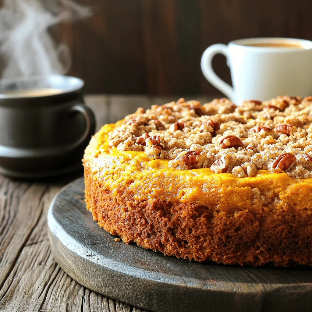 To make this Pumpkin Pecan Streusel Coffee Cake, you need a mix of dry and wet ingredients. The cake has a rich pumpkin flavor, with a crunchy pecan streusel on top. This recipe is perfect for a cozy brunch or a sweet treat with coffee. Here’s what you will need for this delightful cake: - For the Cake: - 2 cups all-purpose flour - 1 teaspoon baking powder - 1 teaspoon baking soda - 1 teaspoon ground cinnamon - 1/2 teaspoon ground nutmeg - 1/2 teaspoon salt - 3/4 cup granulated sugar - 1/2 cup packed brown sugar - 1/2 cup unsalted butter, softened - 2 large eggs - 1 cup canned pumpkin puree - 1/4 cup milk (whole or 2%) - 1 teaspoon pure vanilla extract - For the Pecan Streusel Topping: - 1/2 cup all-purpose flour - 1/2 cup chopped pecans - 1/2 cup packed brown sugar - 1/2 teaspoon ground cinnamon - 1/4 cup unsalted butter, melted You can swap some ingredients if needed: - Flour: Use gluten-free flour for a gluten-free option. - Butter: Try coconut oil or vegan butter for dairy-free. - Sugar: Replace granulated sugar with coconut sugar for a healthier choice. - Eggs: Use applesauce or flaxseed meal for egg-free baking. - Nuts: If you can't use pecans, walnuts or almonds work well too. These swaps help make the cake fit different diets and preferences. Enjoy baking! Start by preheating your oven to 350°F (175°C). This step is key for even baking. Next, lightly grease a 9x13 inch baking pan with butter. Dust it with flour to keep the cake from sticking. In a medium bowl, combine all your dry ingredients. You will need 2 cups of all-purpose flour, 1 teaspoon baking powder, and 1 teaspoon baking soda. Add 1 teaspoon of ground cinnamon, 1/2 teaspoon of ground nutmeg, and 1/2 teaspoon of salt. Whisk these together well. This helps mix the flavors and ensures a smooth cake. In a large mixing bowl, beat together 1/2 cup of softened unsalted butter and 3/4 cup of granulated sugar. Use an electric mixer on medium speed until the mixture is light and fluffy. Add 1/2 cup of packed brown sugar and mix again. Then, add 2 large eggs one at a time. Mix well after each addition. Finally, pour in 1 cup of canned pumpkin puree, 1/4 cup of milk, and 1 teaspoon of pure vanilla extract. Stir until the mixture is well combined. Now, gradually add the dry mixture to the wet mixture. Stir just until combined; it’s okay if there are small lumps. Do not overmix. In a separate bowl, prepare the streusel topping. Mix together 1/2 cup of all-purpose flour, 1/2 cup of chopped pecans, 1/2 cup of packed brown sugar, and 1/2 teaspoon of ground cinnamon. Pour in 1/4 cup of melted butter and mix until crumbly. Pour half of the cake batter into the prepared pan. Evenly sprinkle half of the streusel topping over it. Pour the rest of the batter on top, then add the remaining streusel. Bake in your preheated oven for 35-40 minutes. Check if it’s done by inserting a toothpick into the center; it should come out clean. Let the cake cool for 10-15 minutes before slicing. Enjoy warm or at room temperature with coffee. For the complete instructions, refer to the Full Recipe. To get the best texture in your coffee cake, mix the batter gently. Overmixing can make it dense. Use a spatula to fold in the dry ingredients. This keeps the cake light and fluffy. Make sure your butter is soft but not melted. This helps create a creamy batter that traps air. Room-temperature eggs also work wonders for texture. They blend better and help the cake rise nicely. Baking time can change based on your oven and pan size. Start checking for doneness at 35 minutes. Insert a toothpick in the center. If it comes out clean, your cake is ready. If not, bake for another 5 minutes. Remember, every oven is different. Keep an eye on your cake to avoid overbaking. This can dry out your delicious treat. Serve your Pumpkin Pecan Streusel Coffee Cake warm for the best taste. Pair it with a hot cup of coffee or tea. This adds to the cozy vibe. For a fun twist, add a dollop of whipped cream on top. You can also sprinkle a bit of extra cinnamon for added flavor. Make it a special dessert by serving it at brunch or holiday gatherings. Everyone will love this delightful treat! For the full recipe, check out the details above. {{image_4}} If you want a gluten-free version, swap the all-purpose flour. Use a 1-to-1 gluten-free baking mix. This mix often has xanthan gum, which helps with texture. The cake stays moist and tasty. Trust me; it works well! Pecans add a great crunch, but you can switch it up. Try walnuts or almonds instead. Chopped hazelnuts also work nicely. Each nut brings unique flavors, so feel free to experiment. Just remember to adjust the amounts to keep your cake balanced. You can add fun flavors to fit the season. For a warm touch, mix in some ginger or cloves. For a holiday vibe, try adding dried cranberries or chocolate chips. These additions make your cake special and exciting. You can find more ideas in the Full Recipe section. To keep your pumpkin pecan streusel coffee cake fresh, store it in an airtight container. This helps keep moisture in and prevents it from drying out. You can also wrap it tightly in plastic wrap. Place it in a cool, dry place for up to three days. If you want to enjoy it longer, freezing is a great option. Freezing your cake is easy and effective. First, let the cake cool completely. Then, cut it into slices for easy serving later. Wrap each slice in plastic wrap, making sure no air gets in. After wrapping, place the slices in a freezer-safe bag or container. Label it with the date. You can store it in the freezer for up to three months. When you’re ready to enjoy your cake, take it out of the freezer. Let it thaw in the fridge overnight or at room temperature for a few hours. To reheat, place it in a preheated oven at 350°F for about 10-15 minutes. This warms it up and restores its delicious texture. Enjoy every bite of this delightful treat! For the complete recipe, check out the Full Recipe section. To make this coffee cake dairy-free, replace the butter with a dairy-free alternative like coconut oil or vegan butter. Use almond milk or oat milk instead of regular milk. These swaps keep your cake moist and delicious without dairy. Yes, you can use fresh pumpkin. Just cook the pumpkin until soft and blend it into a smooth puree. This adds a fresh taste and a nice texture to your coffee cake. Aim for about one cup of fresh puree to match the canned version. If your cake turns out dry, you can add a splash of milk or a bit more pumpkin puree to the batter next time. You can also brush the top of the cake with simple syrup after baking. This keeps it moist and adds flavor. You can store the cake at room temperature for about three days. Keep it in an airtight container to keep it fresh. If you want to keep it longer, consider refrigerating it. Just remember to let it come back to room temperature before serving. Yes, you can easily double this recipe. Just make sure to use a larger baking dish. Keep an eye on the baking time, as it may need a few extra minutes. A toothpick test will help you know when it’s ready. Enjoy sharing this delightful treat! This blog post shared a full overview of making pumpkin pecan streusel coffee cake. You learned the essential ingredients, and substitutions, and got step-by-step instructions for baking. We provided tips for great texture and serving ideas. Remember, you can modify this recipe easily for your needs. Enjoy creating a delicious treat that everyone will love. Keep exploring and experimenting in your kitchen!