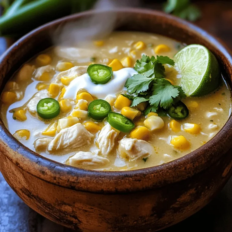 - 1 lb boneless, skinless chicken breasts, cut into bite-sized pieces - 1 tablespoon olive oil - 1 medium onion, finely diced - 3 cloves garlic, minced - 2 jalapeños, seeded and diced - 1 cup frozen corn kernels - 2 cans (15 oz each) white beans, thoroughly drained and rinsed - 1 teaspoon ground cumin - 1 teaspoon chili powder - 1 teaspoon dried oregano - Salt and black pepper to taste - 1 cup heavy cream - ½ cup fresh cilantro, chopped (for garnish) - Lime wedges (for serving) Creamy white chicken chili is easy to make with these simple ingredients. You start with fresh chicken, which gives the dish a hearty base. The olive oil adds a nice richness, while the onion and garlic build a strong flavor. Jalapeños give it a kick, but you can adjust based on your taste. Frozen corn adds sweetness, and white beans offer creaminess. Spices like cumin and chili powder enhance the taste. Oregano adds a nice herbal note, and salt and black pepper help balance everything. The heavy cream at the end makes the chili rich and smooth. Fresh cilantro and lime wedges give the dish brightness. You can serve it with tortilla chips for crunch. If you want the full experience, check out the Full Recipe for all the steps. 1. Start by heating olive oil in a large pot over medium heat. 2. Once the oil is hot, add the finely diced onion. Sauté the onion for 5 minutes. It should look soft and clear. 3. Stir in minced garlic and diced jalapeños. Cook this mix for 2 more minutes. You want the kitchen to smell great! 4. Now, add bite-sized chicken pieces to the pot. Season with salt, black pepper, cumin, chili powder, and oregano. 5. Sauté the chicken for 5 to 7 minutes. Cook it until it is brown on all sides. 1. Gradually pour in the chicken broth and stir well. 2. Bring the mix to a gentle simmer. 3. Add the drained white beans and frozen corn. Mix everything together. 4. Let the chili simmer on low heat for 20 to 25 minutes. Stir every now and then. This helps the flavors blend. 1. After simmering, stir in the heavy cream. This makes the chili creamy and rich. 2. Simmer for another 5 minutes. Taste it and adjust the seasoning. Add more salt or pepper if needed. 3. Once ready, remove the pot from heat. Serve hot, topped with chopped cilantro and lime wedges. This hearty dish is sure to warm your soul. For the complete process, check out the Full Recipe. To make your creamy white chicken chili shine, focus on seasoning balance. Start with salt and pepper to enhance flavors. Cumin adds warmth, while chili powder brings a hint of spice. Adjust these to your taste. Simmering time is key for flavor. Let your chili cook on low heat for 20 to 25 minutes. This helps all the flavors meld together nicely. Sautéing is vital for building flavor. Heat your olive oil until hot, then add onion. Cook it until soft and see-through. Next, add garlic and jalapeños. This combination creates a fragrant base. To thicken the chili, stir in heavy cream near the end. This makes it rich and creamy. If you want a thicker chili, let it simmer a bit longer. Garnishing is not just for looks. Top your chili with fresh cilantro and a squeeze of lime. This adds brightness to each bowl. You can also serve with sides like tortilla chips or cornbread. These add texture and flavor to the meal. For a twist, try adding cheese on top or avocado slices. Enjoy your creation! {{image_4}} You can easily change this recipe to fit your taste. Use turkey instead of chicken if you like. Ground turkey works great and keeps the dish light. For a vegetarian twist, try using hearty mushrooms or chickpeas. They add great flavor and texture. Switch up the beans too! Instead of white beans, use black beans or pinto beans. Each type brings its own taste. You can also add more veggies like bell peppers or zucchini for extra nutrition. To make your chili even richer, think about adding cheese. Shredded Monterey Jack melts well and gives a creamy texture. You can also add spices like smoked paprika or cayenne for a kick. If you want a different mouthfeel, swap out heavy cream for coconut milk. It adds a unique taste and keeps things creamy without dairy. You can also use sour cream as a garnish for a tangy touch. Give your chili a Southwest flair by adding fresh corn or diced green chiles. These ingredients bring warmth and depth to your dish. For a Mexican twist, use cilantro, lime, and fresh avocado. Cilantro adds brightness, while lime juice enhances the flavors. Different herbs like oregano or epazote can also change the taste. Each variation makes your creamy white chicken chili special. Choose the ones you love best! For the complete recipe, check the [Full Recipe]. To store leftovers, let the chili cool first. Then, place it in an airtight container. This keeps the flavors fresh. I like using glass or BPA-free plastic containers. They help prevent spills and are easy to clean. Your creamy white chicken chili can stay in the fridge for up to 3 days. Want to freeze your chili? It’s simple! First, cool the chili to room temperature. Next, pour it into freezer-safe bags or containers. Remove as much air as possible. This step helps avoid freezer burn. Label the bags with the date. When you are ready to eat, thaw the chili overnight in the fridge. To reheat, warm it on the stove over low heat. Stir often, and add a splash of broth if it seems too thick. In the fridge, your creamy white chicken chili lasts about 3 to 4 days. If it’s been longer, check for spoilage. Signs include an off smell, changes in color, or mold. Always trust your senses. If it seems off, it’s better to throw it away. Enjoy your delicious chili safely! For the full recipe, check out the earlier section. How to make creamy white chicken chili from scratch? To make creamy white chicken chili from scratch, start with fresh ingredients. Sauté onion, garlic, and jalapeños in olive oil. Add bite-sized chicken pieces and season. Pour in chicken broth and add white beans and corn. Simmer until cooked, then stir in heavy cream. For the full recipe, check the Full Recipe section. Can I use canned chicken instead of fresh? Yes, you can use canned chicken in this recipe. Just drain and rinse it well. Add it to the pot after the broth, beans, and corn. This can save time and still give you a tasty chili. What can I substitute for heavy cream? You can use half-and-half or coconut milk as a substitute for heavy cream. Both options will still give your chili a creamy texture. If you want a light version, yogurt can work too, but stir it in at the end to avoid curdling. How to make it less spicy? To make your chili less spicy, you can omit the jalapeños. You can also use fewer spices. Remove the seeds from the jalapeños if you want to keep some heat but lessen it. Adding more cream can also help to cool it down. What’s the serving size for this recipe? This recipe serves about six people. A good serving is about one and a half cups of chili. Nutritional breakdown per serving? Each serving has around 350 calories. It contains about 20 grams of protein, 25 grams of carbs, and 15 grams of fat. These numbers can change based on your ingredients and serving sizes, so check your specific items for exact values. In this blog post, we covered how to make creamy white chicken chili from scratch. We explored the main ingredients, spices, and additional items you need. I provided step-by-step instructions for preparation and cooking. You learned tips for perfecting flavor and variations you can try. We also covered storage tips for leftovers and answered common questions. Enjoy making this dish with your own twist! Experiment and find the flavors you love most. Cooking is all about having fun and sharing great meals with others.