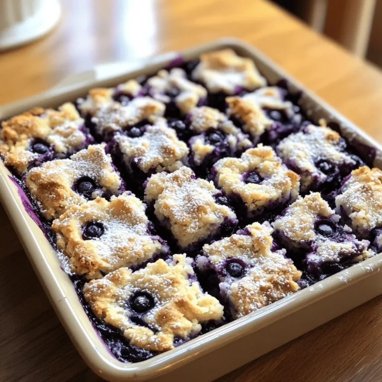To make these delicious Blueberry Crumble Bars, gather these ingredients: - 2 cups fresh blueberries - 1 tablespoon fresh lemon juice - 1 tablespoon cornstarch - 1 teaspoon pure vanilla extract - 1 cup all-purpose flour - 1 cup rolled oats - 1 cup packed brown sugar - ½ teaspoon baking powder - ½ teaspoon baking soda - ½ teaspoon salt - ½ cup unsalted butter, melted and slightly cooled - 1 teaspoon ground cinnamon You can change the flavor and texture by adding these items: - Chopped nuts for crunch - Coconut flakes for a tropical twist - Other fruits like raspberries or peaches - A pinch of nutmeg for warmth If you need to swap ingredients, here are some good options: - Use frozen blueberries instead of fresh ones. - Replace all-purpose flour with almond flour for a nutty taste. - Use maple syrup instead of brown sugar for a different sweetness. - Opt for coconut oil instead of butter for a dairy-free version. This recipe is easy to adjust, so feel free to make it your own! For the full recipe, check out the details above. To start, gather all your ingredients. You will need fresh blueberries, lemon juice, cornstarch, and vanilla extract. For the crumble, get all-purpose flour, rolled oats, brown sugar, baking powder, baking soda, salt, and ground cinnamon. Don't forget the unsalted butter! Preheat your oven to 350°F (175°C). Prepare your 9x9 inch baking pan by greasing it or lining it with parchment paper. First, mix the blueberries with lemon juice, cornstarch, and vanilla extract in a medium bowl. Gently fold until the blueberries are coated. Set this aside. In a larger bowl, whisk the flour, oats, brown sugar, baking powder, baking soda, salt, and cinnamon. Drizzle in the melted butter and mix until it looks crumbly. Save about 1 cup of this for the topping. Press the rest into the bottom of your pan. Spoon the blueberry mixture over this base, spreading it out evenly. Now, sprinkle the reserved crumble on top. Bake for 30-35 minutes or until golden brown. To get a great texture, ensure your butter is slightly cooled before mixing. This helps the crumble stay crumbly. Press the base firmly into the pan, but don’t overdo it. When you bake, look for bubbling blueberries around the edges. This tells you they are cooked well. Let the bars cool for 15 minutes before slicing. Enjoy your Blueberry Crumble Bars! For the full recipe, check the details above. When making blueberry crumble bars, some common mistakes can ruin your treat. First, don't skip the cornstarch. It helps thicken the blueberry filling. If you use too much butter, the bars may turn out too greasy. Press the crumb mixture firmly into the pan. This step keeps the base from crumbling apart. Lastly, avoid overbaking. Keep an eye on the bars. They should be golden brown but not burned. To boost the flavor of your blueberry crumble bars, try adding a pinch of salt to the blueberry mix. This small touch will enhance the natural sweetness of the fruit. You can also mix in some lemon zest for a bright kick. For extra crunch, add nuts like walnuts or almonds to the crumble topping. A sprinkle of nutmeg with the cinnamon can add warmth and depth to the bars. To keep your blueberry crumble bars fresh, store them in an airtight container. This method locks in moisture and flavor. If you want to keep them longer, consider freezing them. Wrap each bar in plastic wrap and place them in a freezer-safe bag. When you’re ready to enjoy, let them thaw at room temperature. This way, you can have a treat on hand whenever you want! {{image_4}} You can mix it up with different fruits. Try raspberries or strawberries for a twist. Apples add a nice crunch, while peaches bring sweetness. Each fruit adds its own flavor and texture. Use fruits that are in season for the best taste. You can also combine fruits for a berry medley! The topping can change the game for your bars. Add nuts like walnuts or pecans for crunch. You can sprinkle some shredded coconut for a tropical feel. A drizzle of honey or maple syrup gives extra sweetness. For a fun twist, add chocolate chips or a sprinkle of sea salt. These ideas elevate the bars to new heights! You can make these bars gluten-free easily. Substitute the all-purpose flour with almond or oat flour. For a vegan option, swap the butter for coconut oil or vegan butter. Use maple syrup instead of brown sugar for sweetness. These changes keep the taste great while meeting dietary needs. Enjoy your delicious, inclusive dessert! For the full recipe, check out the Blueberry Crumble Bars 🫐 recipe above. To keep your blueberry crumble bars fresh, store them in an airtight container. Place a piece of parchment paper between layers to prevent sticking. Keep them in the fridge for up to five days. If you notice any moisture, place a paper towel inside to absorb it. This helps keep the bars from getting soggy. You can freeze blueberry crumble bars for longer storage. First, let them cool completely. Then, cut them into individual bars. Wrap each bar in plastic wrap, then place them in a freezer bag. Squeeze out as much air as possible before sealing. They will stay fresh for up to three months. When you want one, just thaw it in the fridge overnight. To enjoy your blueberry crumble bars warm, reheat them in the oven. Preheat the oven to 350°F (175°C). Place the bars on a baking sheet. Heat for about 10-15 minutes. This will make the crumble crispy again. You can also use the microwave for a quick reheat. Just warm each bar for about 15-20 seconds. Enjoy them warm for the best flavor! For the full recipe, check out the ingredients and step-by-step guide. You can tell the bars are done when the top is golden brown. The blueberries should bubble around the edges. If you insert a toothpick, it should come out clean, with a few crumbs. This means the base is cooked through. Yes, you can make these bars ahead of time. They keep well in the fridge for up to a week. Just let them cool completely before cutting. Store them in an airtight container. You can even freeze them for up to three months. Just thaw them before serving. Blueberry crumble bars are tasty on their own. But you can add a scoop of vanilla ice cream or a dollop of whipped cream for extra flavor. Fresh berries or a drizzle of honey also go well. For a fun twist, serve them with yogurt for breakfast! For the full recipe, check out the earlier section. In this post, we explored how to make delicious blueberry crumble bars. We covered the key ingredients, offered customization ideas, and shared ingredient swaps. I detailed step-by-step instructions for perfect baking and texture, plus tips to avoid common mistakes. You learned about flavorful variations and storage methods for leftovers. Remember, baking is an art. Experiment and make these bars your own. Enjoy every bite!