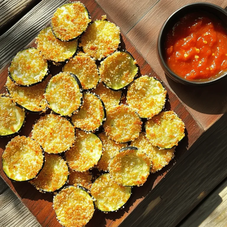 - 2 medium zucchinis, thinly sliced into rounds - 1 cup freshly grated Parmesan cheese - 1 cup panko breadcrumbs - 1 teaspoon garlic powder - 1 teaspoon onion powder - 1 teaspoon dried oregano - 1 teaspoon dried basil - Salt and freshly cracked black pepper to taste - 2 tablespoons extra virgin olive oil - Cooking spray for optimal crispiness - If you want to change the cheese, use nutritional yeast or cheddar. Both give great flavor. - For gluten-free options, use almond flour or gluten-free breadcrumbs. They work well too! - Fresh herbs can be better than dried, but dried herbs last longer. Use what you have on hand. When you gather your ingredients, make sure they are fresh. This makes a big difference in taste. You can find the full recipe at the end of this article. Enjoy making these crispy snacks! 1. Preheat your oven to 425°F (220°C). 2. Line a baking sheet with parchment paper to prevent sticking. 3. In a bowl, mix together: - 1 cup freshly grated Parmesan cheese - 1 cup panko breadcrumbs - 1 teaspoon garlic powder - 1 teaspoon onion powder - 1 teaspoon dried oregano - 1 teaspoon dried basil - Salt and freshly cracked black pepper to taste 1. Pat your zucchini slices dry with a clean towel to get rid of extra moisture. 2. Drizzle 2 tablespoons of extra virgin olive oil over the zucchini slices. Toss them to coat well. 3. Dip each zucchini slice into the breadcrumb mixture. Press lightly to make sure the coating sticks. 1. Arrange the coated zucchini slices in a single layer on your baking sheet. 2. Lightly spritz the tops with cooking spray for extra crispiness. 3. Bake for 20-25 minutes. Flip the chips halfway through to ensure even cooking. 4. Check for doneness by looking for a golden brown color. For the Full Recipe, you can refer back to the ingredient list and instructions above. Enjoy your crispy Parmesan zucchini chips! To get crispy zucchini chips, start by drying the zucchini well. Moisture is the enemy of crunch. I use a clean kitchen towel to pat each slice. This step is key. Next, set your oven to 425°F (220°C). This high heat helps the chips crisp up nicely. The warm air cooks the zucchini evenly, ensuring a perfect crunch. For dips, I love serving these chips with marinara sauce or creamy yogurt dip. Both add great flavor and balance the crunch. For a fun presentation, use a rustic wooden board. It makes the chips look fancy and inviting. You can even add fresh herbs or lemon wedges to enhance the appeal. If your chips turn out soggy, it’s likely due to moisture. Make sure to dry them well before baking. You can also try baking them a bit longer. Adjust the seasonings to fit your taste. If you want more flavor, add more garlic powder or herbs. Don’t hesitate to experiment until you find your perfect mix. For the full recipe, check the recipe section above. {{image_4}} To spice things up, try adding different cheeses. You can use mozzarella for a milder taste or even cheddar for a sharper kick. You might also think about mixing in spices like paprika or cayenne. These spices bring heat and depth to your crispy treats. Experimenting with flavors can make each batch unique. Zucchini is great, but you can switch it up with other veggies. Eggplant works well for a meaty texture. Sweet potatoes add a hint of sweetness and a vibrant color. You can even explore using seasonal vegetables like carrots or beets. Each option will give a different taste and texture. If you're looking for a healthier way to enjoy this snack, consider baking instead of frying. Baking gives you that crispy finish without the extra oil. If you have an air fryer, use it! It circulates hot air, making the chips crispy with less oil. Both methods keep your delicious zucchini chips light and crunchy. To keep your crispy zucchini chips fresh, follow these tips: - Refrigeration: Place leftover chips in an airtight container. This helps to keep them from getting soggy. - Crispy Storage: Add a paper towel to the container. This absorbs moisture and helps maintain crispness. When reheating, you have two main options: oven or microwave. - Oven: Preheat to 350°F (175°C). Place chips on a baking sheet and heat for about 10 minutes. This method restores crispness better than others. - Microwave: If you’re in a rush, use the microwave. But know this may make chips less crispy. Heat in short bursts, about 30 seconds at a time. To get your chips crispy again, try these tricks: - Oven reheating: Always choose the oven for the best results. - Avoid stacking: Spread the chips in a single layer. This allows heat to circulate better. By following these storage and reheating tips, you can enjoy your crispy Parmesan zucchini chips longer! For the full recipe, check out the earlier sections. To make zucchini chips crispy, start by removing moisture. Use a clean kitchen towel to pat the zucchini slices dry. This step is key. The less moisture, the crispier the chips will be. Next, coat the zucchini evenly with olive oil. This helps the breadcrumbs stick well. Then, roll the slices in a mix of panko and Parmesan cheese. Press gently to ensure the coating sticks. For an extra crunch, give the tops a light spritz of cooking spray before baking. Yes, you can freeze crispy zucchini chips. To do this, let them cool completely after baking. Once cool, place them in an airtight container or a freezer bag. Be sure to remove as much air as possible to prevent freezer burn. When you’re ready to enjoy them, thaw the chips in the fridge overnight. Then, reheat them in the oven to restore their crispiness. Aim for about 10 minutes at 350°F (175°C). Zucchini chips are a healthy snack choice. They are low in calories and high in vitamins. Zucchini contains vitamins A and C, plus potassium. The fiber in zucchini aids digestion and keeps you full. However, watch the amount of cheese and breadcrumbs you use. While delicious, they add calories and fat. You can adjust these amounts for a healthier version. Crispy zucchini chips last about 3 to 5 days when stored properly. Keep them in an airtight container at room temperature. Avoid the fridge, as moisture can make them soggy. For the best texture, eat them fresh. If you need to store them longer, consider freezing as mentioned before. In this post, we covered the basics of making delicious zucchini chips. You learned about the ingredients, preparation steps, baking tricks, and ways to store leftovers. We also explored variations and potential issues you might face. Remember, slicing zucchini thinly and removing moisture are key to crispy chips. Try out different spices and veggies for fun twists. With a little practice, you can perfect this tasty snack. Enjoy your cooking journey!