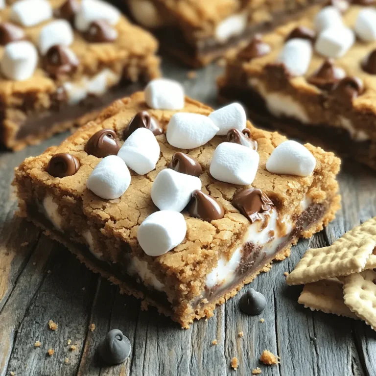 To make S'mores Cookie Bars, gather these ingredients: - 1 cup unsalted butter, softened to room temperature - 1 cup brown sugar, packed firmly - 1/2 cup granulated sugar - 2 large eggs, at room temperature - 2 teaspoons pure vanilla extract - 2 1/2 cups all-purpose flour - 1 teaspoon baking soda - 1/2 teaspoon fine sea salt - 1 cup graham cracker crumbs (about 8 full sheets, crushed finely) - 1 cup semi-sweet chocolate chips - 1 cup mini marshmallows - Additional chocolate chips and mini marshmallows for topping If you need a substitution, you can use coconut oil instead of butter. For gluten-free bars, replace all-purpose flour with a 1:1 gluten-free blend. To make these cookie bars, you will need: - A 9x13 inch baking pan (metal or glass works well) - Mixing bowls (one large and one medium) - A spatula for spreading the dough - An electric mixer for creaming butter and sugars - Measuring cups and spoons for precise measurements Having these tools ready will make your baking experience smooth and fun! First, preheat your oven to 350°F (175°C). This is key for even baking. Next, prepare a 9x13 inch baking pan. You can grease it lightly or line it with parchment paper. The parchment paper helps you lift the bars out later with ease. To cream butter and sugars, take a large mixing bowl. Add 1 cup of softened unsalted butter, 1 cup of packed brown sugar, and 1/2 cup of granulated sugar. Use an electric mixer on medium speed. Mix until it becomes light and fluffy, which takes about 2-3 minutes. This step adds air and helps with the texture. Now it’s time to add the eggs and vanilla. Add 2 large eggs, one at a time, to the sugar mixture. Mix well after each egg. Then, pour in 2 teaspoons of pure vanilla extract. Blend until smooth. This mix creates a nice base for your bars. In a separate bowl, whisk together the dry ingredients. Combine 2 1/2 cups of all-purpose flour, 1 teaspoon of baking soda, 1/2 teaspoon of fine sea salt, and 1 cup of graham cracker crumbs. Make sure everything is well mixed. This step ensures even flavor throughout the bars. Next, gradually add the dry mixture to the wet ingredients. Stir gently until just combined. Be careful not to overmix; some flour streaks are okay. Finally, fold in 1 cup of semi-sweet chocolate chips and 1 cup of mini marshmallows. Reserve a few for later. Transfer the cookie dough to the prepared baking pan. Use a spatula to spread it evenly across the pan. Press it down lightly to smooth the surface. Now, sprinkle the reserved chocolate chips and mini marshmallows on top. Press them in slightly so they stick while baking. Place the pan in your preheated oven. Bake for 25-30 minutes. You want the edges to turn golden brown. To check if they are done, insert a toothpick into the center. It should come out clean or have a few moist crumbs. After baking, remove the pan from the oven. Let the cookie bars cool completely in the pan on a wire rack. Once cooled, cut into generous squares. Enjoy your S'mores Cookie Bars warm or at room temperature! To make the best S'mores Cookie Bars, mixing is key. When you cream the butter and sugars, blend until light and fluffy. Use medium speed for about 2-3 minutes. This helps create a soft texture. When adding the dry ingredients, mix just until combined. Overmixing can make the bars tough. A few flour streaks are fine. This keeps your bars chewy and soft. These cookie bars shine when served warm. The chocolate melts, and the marshmallows are gooey. If you want a chilled treat, let them cool completely. They are still tasty cold! Pair these bars with a glass of milk or a hot cocoa. Both drinks enhance the sweet, chocolatey flavors. You can even serve them with graham crackers for a fun twist! Enjoy these treats with friends and family for the best experience. For the complete recipe, check out the Full Recipe link. {{image_4}} You can make S'mores Cookie Bars even more fun by changing up the flavors. Here are some ideas: - Add-ins: Try mixing in chopped nuts, like walnuts or pecans, for a nice crunch. You can also stir in some creamy peanut butter for a rich twist. - Chocolate types: Instead of semi-sweet chocolate chips, use dark chocolate for a richer taste. Or, if you like sweet flavors, white chocolate will add a creamy touch. If you have dietary needs, you can still enjoy these bars. - Gluten-free alternatives: Swap the all-purpose flour with a gluten-free blend. Make sure it has a good binding agent for the best texture. - Vegan substitutions: For a vegan version, use plant-based butter and flax eggs instead of regular eggs. You can find many easy recipes online to make flax eggs by mixing ground flaxseed with water. These variations let you personalize your S'mores Cookie Bars while keeping them delicious. For the full recipe, check out the details above. To keep your S'mores Cookie Bars fresh, store them in an airtight container. This helps keep them soft and tasty. You can place a piece of parchment paper between layers to prevent sticking. If you want to store them longer, you can refrigerate them. Just wrap them tightly in plastic wrap before putting them in the fridge. For even longer storage, freeze the bars. Wrap each piece in plastic, then place them in a freezer-safe bag. This way, you can enjoy them later. When stored properly, these bars stay fresh for about a week at room temperature. If refrigerated, they can last up to two weeks. In the freezer, they stay good for three months. Always check for signs of spoilage. If the bars look dry or hard, they may not taste great anymore. You should also check for any unusual smells. If they smell off, it's best to toss them out. Enjoy your S'mores Cookie Bars at their best! Can I freeze S'mores Cookie Bars? Yes, you can freeze S'mores Cookie Bars. First, let them cool completely. Then, cut them into squares. Wrap each square in plastic wrap. Place the wrapped bars in a freezer bag. They will stay fresh for up to three months. When you want to eat them, just thaw at room temperature. What can I do if my bars are too dry? If your bars are too dry, check the baking time next time. You may have baked them too long. To fix dry bars now, you can serve them with a scoop of ice cream. This adds moisture and flavor. You can also drizzle melted chocolate over the top for extra richness. How do I adjust baking time for a different pan size? To adjust baking time, keep the thickness of the batter in mind. A larger pan makes thinner bars, so they bake faster. Start checking for doneness five minutes early. If using a smaller pan, the bars will be thicker. They may need a few extra minutes. Use a toothpick to check for doneness. Can I make S'mores Cookie Bars ahead of time? Absolutely! You can make these bars a day or two in advance. Just bake and cool them. Store them in an airtight container at room temperature. For best results, wait to add any toppings until you are ready to serve. How to tell when they are fully baked? You can tell when they are fully baked by looking at the edges. They should be golden brown. Insert a toothpick in the center. If it comes out clean or with a few moist crumbs, they are done. If it has wet batter, give them a few more minutes. Are there any variations for health-conscious eaters? Yes, you can make S'mores Cookie Bars healthier. Use whole wheat flour instead of all-purpose flour. Swap coconut oil for butter. You can also use dark chocolate chips for less sugar. For a vegan option, replace eggs with flax eggs. These changes can make your bars lighter while still being tasty. In this blog post, we covered the essential ingredients and tools to make S'mores Cookie Bars. We provided step-by-step instructions from preparation to baking, along with helpful tips for the best results. You also learned about variations, storage, and common questions. Enjoying these bars can be simple and fun. Whether you share them or savor them alone, these treats can bring joy to any occasion. Happy baking!