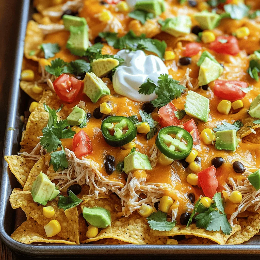 - 2 cups cooked chicken, shredded - 1 bag (12 oz) tortilla chips - 1 cup black beans, rinsed and drained - 1 cup corn (frozen or fresh) - 1 cup sliced jalapeños (fresh or pickled) - 2 cups shredded cheddar cheese - 1 cup diced tomatoes - 1 cup diced avocado - ½ cup sour cream - ¼ cup fresh cilantro, chopped - 1 tablespoon olive oil - 1 teaspoon chili powder - Salt and pepper to taste Choose fresh ingredients for the best taste. When picking chicken, look for organic options. Fresh jalapeños should feel firm and have bright skin. If using canned black beans, check the label for low sodium. For corn, fresh is great, but frozen works well too. Use sharp cheddar cheese for a richer flavor. Avocados should be ripe but not overripe, yielding slightly to pressure. Always select vibrant tomatoes for color and taste. You can swap chicken for turkey or beef if you prefer. For a veggie option, use grilled vegetables instead of meat. If you dislike jalapeños, try sweet bell peppers for crunch. Instead of cheddar, use Monterey Jack or a dairy-free cheese for a different taste. Greek yogurt can replace sour cream for a healthy twist. You can leave out cilantro if it’s not your favorite herb. Making Sheet Pan Chicken Nachos is fun and easy. You only need a few steps. Start with gathering all your ingredients. This keeps things simple and quick. Prep time is just 15 minutes! 1. Preheat your oven to 375°F (190°C). This step is important for baking. 2. In a large bowl, mix the shredded chicken, black beans, corn, olive oil, chili powder, salt, and pepper. Make sure everything blends well. 3. Spread tortilla chips evenly on a large baking sheet. Cover the whole sheet for the best nacho experience. 4. Spoon the chicken and bean mix over the chips. Distribute it evenly so every chip gets some toppings. 5. Add sliced jalapeños on top for extra flavor. Use as many as you like! 6. Sprinkle a good amount of cheddar cheese over everything. Make sure every chip is cheesy. 7. Bake in the oven for 10-12 minutes. Watch closely to avoid burning. 8. Once the cheese is melted and bubbly, take it out. Add diced tomatoes and avocado for a fresh taste. 9. Top with sour cream and fresh cilantro. This adds color and flavor to your dish. - Use fresh ingredients for the best taste. - Keep an eye on the baking time. You want melted cheese, not burnt edges. - Serve directly on the baking sheet for a casual vibe. - Add lime wedges on the side for an extra zing. For the full recipe, check out the [Full Recipe]. Enjoy your nachos! To get super gooey cheese, use fresh cheese. Shredded cheese from a block melts better than pre-shredded cheese. Try mixing different cheeses, like Monterey Jack or mozzarella, with cheddar. This mix adds flavor and creaminess. For an even stretchier finish, add a splash of milk to the cheese before melting. This small tip can elevate your nacho game! To keep your nachos crispy, layer them smartly. Start with a solid base of tortilla chips. Then, spread your toppings evenly. Avoid piling too much wet stuff on top. If you add items like beans or salsa, limit their amounts. Try heating these toppings first to reduce moisture. Bake the nachos until the cheese is bubbling, but don’t overdo it. This will help keep everything crunchy. For a fun meal, serve nachos right from the baking sheet. You can add lime wedges and extra cilantro for bright flavors. Pair your nachos with a cold drink, like soda, beer, or a fruity mocktail. You could also serve them with a side of guacamole and salsa for dipping. Each bite becomes a new taste adventure! For the full recipe, check out the details above! {{image_4}} You can make nachos without meat! Use a mix of veggies. Swap the chicken for mushrooms or bell peppers. Add extra beans for protein. You can use black, pinto, or kidney beans. Top with your favorite cheese, like Monterey Jack or mozzarella. Add fresh veggies, like diced tomatoes and green onions. Want more heat? Use spicy chicken! Add hot sauce to your chicken mix. You can also use spicy jalapeños for a kick. Consider adding diced green chilies or a sprinkle of cayenne pepper. For an extra layer of flavor, mix in some chipotle powder. Your taste buds will thank you! Make your nachos taste like tacos! Use taco seasoning on your chicken. Add toppings like salsa, guacamole, and sour cream. You can also include chopped lettuce for crunch. Crumbled tortilla chips can add extra texture. This twist makes the dish fun and tasty! For the full recipe, check the detailed instructions above. To store leftover nachos, first let them cool. Place them in an airtight container. Use parchment paper to separate layers, if needed. Keep them in the fridge for up to three days. This helps retain some crunch and flavor. For reheating, use an oven for the best taste. Preheat the oven to 350°F (175°C). Spread the nachos on a baking sheet. Bake for about 10 minutes, or until warmed through. The cheese should melt again, making them tasty. If you want to freeze nachos, do it before baking. Layer the chips and toppings on a baking sheet. Cover it well with plastic wrap and foil. Store in the freezer for up to a month. When ready to eat, bake directly from the freezer. Adjust the time to about 15-20 minutes. Enjoy your quick and easy meal! For the full recipe, refer to the earlier section. Yes, you can swap chicken for other proteins. Shredded beef, turkey, or pork work well. You could also use canned tuna or beans for a meatless option. Just ensure the protein is cooked before adding it to your nachos. This keeps everything safe and tasty. Toppings can make or break your nachos! Here are some favorites: - Diced red onion for crunch and flavor. - Sliced olives for a briny touch. - Fresh jalapeños for extra heat. - Pineapple for a sweet twist. - A drizzle of hot sauce for spice. - Fresh lime juice for brightness. Feel free to mix and match based on your taste. Scaling is easy! Just double or triple the ingredients based on the number of guests. Use a larger baking sheet or two sheets if needed. Keep the cooking time the same but check for doneness. More nachos can mean a longer cooking time. Enjoy your party with this fun dish! You can find the full recipe [Full Recipe]. This blog post covered everything you need to know about making great nachos. We explored key ingredients, how to pick the best ones, and what to replace them with. The step-by-step guide gave clear instructions for delicious results. We shared tips for gooey cheese and keeping nachos crisp. Plus, you learned tasty variations and smart storage methods. Now you’re ready to enjoy nachos your way. Dive in and get creative!