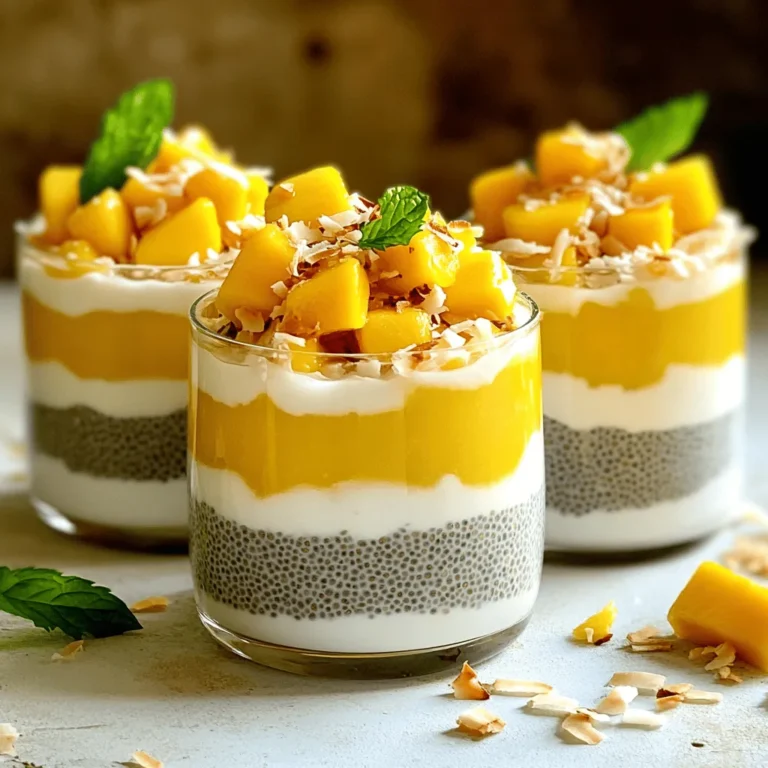 To make the Mango Coconut Chia Pudding, you need the following ingredients: - 1 cup coconut milk - 1/2 cup almond milk - 1/4 cup chia seeds - 2 tablespoons maple syrup (or honey for a natural sweetness) - 1 ripe mango, diced into small pieces - 1 teaspoon pure vanilla extract - A pinch of fine salt - Toasted shredded coconut (for a delightful topping) - Fresh mint leaves (for an elegant garnish) These ingredients come together to create a creamy, sweet, and nutritious treat. Coconut milk adds a rich flavor while almond milk lightens the texture. Chia seeds are packed with fiber and protein, making this pudding a healthy option. The ripe mango gives it a tropical twist, while maple syrup or honey adds just the right sweetness. Don’t forget the toasted coconut on top; it adds a nice crunch! You can find the full recipe in the earlier section. Enjoy crafting this delightful dish! First, I pour 1 cup of coconut milk and 1/2 cup of almond milk into a mixing bowl. Then, I add 2 tablespoons of maple syrup and 1 teaspoon of pure vanilla extract. A pinch of fine salt goes in next. I whisk these ingredients until the mixture is smooth and well-blended. Now, I slowly sprinkle in 1/4 cup of chia seeds. I keep stirring as I add them to prevent clumping. This step is important for a creamy pudding. After that, I cover the bowl with plastic wrap or use a jar with a lid. I place it in the refrigerator for at least 4 hours or overnight. This chilling time allows the chia seeds to absorb the liquid and swell. Once chilled, I remove the pudding from the fridge. I gently stir it to mix in any clumps. This gives it a smooth texture. I then carefully divide the pudding into bowls. I top each serving with diced mango and a sprinkle of toasted shredded coconut. Finally, I finish with fresh mint leaves for a pop of color. For the complete recipe, check out the Full Recipe section. To get the right texture, whisk well and refrigerate your mix. Whisking helps blend the ingredients smoothly. It prevents clumps and ensures even absorption of the chia seeds. After mixing, let the pudding sit in the fridge for at least four hours. This time allows the chia seeds to swell and absorb the liquid. For best results, prepare the pudding the night before. It will be ready to enjoy in the morning. You can adjust the sweetness to your taste. You might use maple syrup or honey as a natural sweetener. If you want a healthier option, try stevia or agave syrup. Remember to balance flavors with the mango's natural sweetness. A ripe mango adds a lovely flavor to the pudding. Taste your mixture before chilling and make adjustments as needed. Serving this pudding can be fun and creative. Use clear cups to show off the layers. This makes it visually appealing and exciting for guests. You can also layer the pudding with diced mango and toasted coconut. For gatherings, consider serving in small jars. Add a sprig of fresh mint on top for a pop of color. This little touch makes each serving special. For the full recipe, check out the detailed instructions above. {{image_4}} Mango is a star in this pudding, but you can mix it up! Other fruits work great too. Try berries, bananas, or pineapple. Each fruit adds its own taste and texture. Seasonal fruits like peaches or cherries can surprise your taste buds. You can create a new favorite each time. Just remember to adjust the sweetness if needed. Coconut and almond milk are rich and creamy. However, if you want a change, use oat or soy milk. Both options are non-dairy and still tasty. They work well for those with allergies too. Just ensure they are unsweetened to keep the flavor balanced. Want to jazz up your pudding? Adding spices can make a big difference. A sprinkle of cinnamon or nutmeg gives warmth. You can also try extracts like coconut or almond. These small changes can turn a simple dish into something special. Just a drop or two can do wonders! For the full recipe, check it out and get creative in your kitchen! Store your mango coconut chia pudding in an airtight container. This keeps it fresh and tasty. You can keep it in the fridge for up to five days. Just remember to give it a good stir before serving. Yes, you can freeze chia pudding! It holds up well in the freezer. Use freezer-safe containers or resealable bags. Make sure to leave some space at the top, as the pudding can expand when frozen. To thaw, place the container in the fridge overnight. You can also leave it at room temperature for a few hours. After thawing, stir the pudding well to restore its creamy texture. Serve it topped with fresh mango and coconut for a delightful treat. Chia pudding is a creamy treat made from chia seeds. When mixed with liquid, these tiny seeds soak it up and swell. They turn into a gel-like consistency, creating a delightful pudding. Chia seeds are packed with fiber, protein, and healthy fats. They also contain omega-3 fatty acids, which are good for your heart. This pudding is a great way to enjoy a nutritious snack or breakfast. Making mango coconut chia pudding takes about 10 minutes. This is the time needed to mix the ingredients. However, you need to chill it for at least 4 hours. For the best results, you can leave it overnight. This chilling time allows the chia seeds to absorb the liquid, creating a smooth texture. Yes, you can use different types of milk. Almond milk, oat milk, or soy milk all work well. Each milk will change the flavor slightly. Coconut milk gives a rich, creamy taste. Almond milk is lighter and adds a nutty flavor. Choose the milk that you like best for your pudding. Chia pudding is very healthy. Chia seeds are low in calories but high in nutrients. They provide fiber, which helps with digestion. They also have protein for muscle health. Coconut milk adds healthy fats, while mango gives vitamins and natural sweetness. This pudding is a great choice for a healthy snack. Absolutely! You can prepare mango coconut chia pudding in advance. It stores well in the fridge for up to 5 days. Just keep it in a sealed container. This makes it perfect for meal prep. You can grab a serving whenever you need a quick snack or breakfast. For the full recipe, check the section above. This blog post guided you through making delicious mango coconut chia pudding. We covered ingredients, preparation steps, tips for best results, and variations to explore. Chia pudding is versatile and healthy, offering many ways to enjoy it. You can adjust sweetness and add flavors or fruits. Now, you are ready to create a tasty treat that impresses. Enjoy this fun cooking adventure and share your pudding creations!