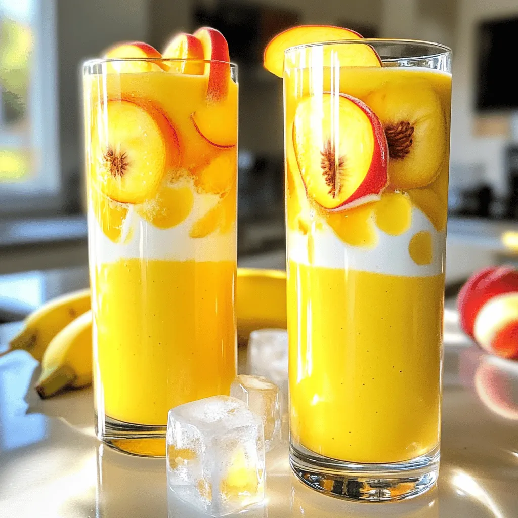- 2 ripe peaches, pitted and sliced - 1 banana, frozen - 1 cup almond milk (or milk alternative) - 1/2 cup Greek yogurt - 1 tablespoon honey or maple syrup (optional) - 1/2 teaspoon vanilla extract - Ice cubes (optional) To make your Easy Peach Smoothie, you need simple, fresh ingredients. Start with two ripe peaches. These will give your smoothie a sweet and juicy flavor. You can use any variety you like. Make sure they are soft but not overripe. Next, grab a frozen banana. Freezing the banana adds creaminess and a nice chill to the drink. If you forgot to freeze a banana, just slice a fresh one and pop it in the freezer for about an hour. You’ll also need almond milk or any milk alternative you prefer. It helps blend everything smoothly. Then, add half a cup of Greek yogurt. This ingredient boosts the creaminess and adds protein. If you want a touch of sweetness, consider adding honey or maple syrup. This step is optional, so taste your smoothie before deciding. A half teaspoon of vanilla extract adds a nice flavor too. Finally, ice cubes are optional but perfect for a thicker texture. They cool the drink and make it extra refreshing. All these ingredients come together to create a delightful blend. For the full recipe, check out the Sunshine Peach Paradise Smoothie. Enjoy the bright flavors that make this smoothie a perfect treat! - Wash and slice peaches. - Freeze banana in advance. Start by washing the peaches well under cool water. This removes any dirt or wax on the skin. Next, slice each peach in half and remove the pit. Cut the peach into small wedges. This will help them blend better. For the banana, peel and slice it. Place the slices in the freezer. Freezing the banana adds creaminess to your smoothie. - Combine ingredients in the blender. - Blend until smooth. In your blender, add the sliced peaches and frozen banana. Pour in the almond milk and Greek yogurt. If you like, add vanilla extract for extra flavor. Blend everything on high speed. Keep blending until the mixture is smooth and creamy. This usually takes about 30 seconds to a minute. - Optionally add ice for thickness. - Taste and adjust sweetness if necessary. If you want a thicker smoothie, add a handful of ice cubes to the blender. Blend again until the ice breaks down and the smoothie thickens. After blending, take a taste. If it is not sweet enough, add honey or maple syrup. Blend once more to mix in the sweetness. Now, your smoothie is ready to enjoy! For the full recipe, check out the Sunshine Peach Paradise Smoothie . To save time, you can prepare your ingredients in advance. Here are a few tips: - Slice your peaches and store them in an airtight container in the fridge. - Freeze your banana the night before. Just peel, slice, and place it in a freezer bag. - Measure out your almond milk and yogurt. This way, you can blend quickly in the morning. For the best results, I recommend using a high-speed blender. Brands like Vitamix or Ninja work great. They blend everything smoothly and make clean-up easy. Presentation is key for any smoothie. Here are some fun ideas to make your peach smoothie shine: - Garnish each glass with a peach slice on the rim. It looks pretty and adds a nice touch. - Sprinkle chia seeds on top for a bit of crunch and color. - For glassware, use tall, clear glasses. They let the vibrant colors show off your creation. Remember, the way you serve your smoothie can make it more enjoyable! {{image_4}} You can easily switch bananas for other fruits. Here are some tasty options: - Mango: This adds a tropical twist. - Berries: Try strawberries, blueberries, or raspberries for a burst of flavor. - Pineapple: This gives a zesty touch. Feel free to explore seasonal fruits, too. In summer, use ripe melons. In fall, apples or pears work well. Each choice brings a unique taste to your smoothie. If you want a dairy-free smoothie, there are great swaps. Coconut yogurt makes a creamy base. It also adds a hint of sweetness. You can also try nut-based milk. Almond, cashew, or oat milk create a smooth texture. Each milk option has its flavor, so pick one you love. This flexibility keeps your smoothie fresh and fun. For the full recipe, check out the Sunshine Peach Paradise Smoothie . You want to drink your Easy Peach Smoothie right away for the best taste. Fresh ingredients like ripe peaches and frozen bananas create a creamy delight. If you have leftovers, store them in a sealed container. Keep the smoothie in the fridge for up to 24 hours. However, it may separate. Just give it a good shake before drinking. Freezing smoothies is a smart idea if you want to save some for later. Pour the smoothie into an ice cube tray or a freezer-safe container. These options make it easy to use later. For best results, freeze in small portions. This way, you can thaw just what you need. Make sure to label your containers with the date. Use airtight containers to prevent freezer burn. To make your smoothie thicker, try these tips: - Add more frozen fruits like bananas or berries. - Use less liquid, such as almond milk. - Blend in a few ice cubes for a frosty texture. - Incorporate ingredients like chia seeds or oats. - Consider using a thicker yogurt, like Greek or coconut yogurt. These options help create a creamy and satisfying texture. Yes, you can use frozen peaches! Here are the pros and cons: Pros: - Frozen peaches save time and are always in season. - They add a nice chill to your smoothie. - They can make your drink thicker. Cons: - Frozen peaches may have a different taste than fresh ones. - They can be less sweet, so you might need more sweetener. Using frozen peaches is a great choice if fresh ones are hard to find. If you want to avoid Greek yogurt, consider these alternatives: - Use regular yogurt for a similar texture. - Try dairy-free yogurt, like coconut or almond yogurt. - Silken tofu can also work well for creaminess. - Applesauce offers a fruity option with fewer calories. These substitutes help keep your smoothie creamy and delicious. You’ve learned how to make a tasty peach banana smoothie. Start with fresh fruit and blend it with yogurt and milk for creaminess. Remember to adjust for sweetness and thickness based on your taste. Feel free to explore different fruits and non-dairy options to suit your needs. You can even prepare ingredients ahead of time for quick blending. Smoothies are best enjoyed fresh, but you can store leftovers or freeze them for later. Enjoy your delicious creations and share them with friends!