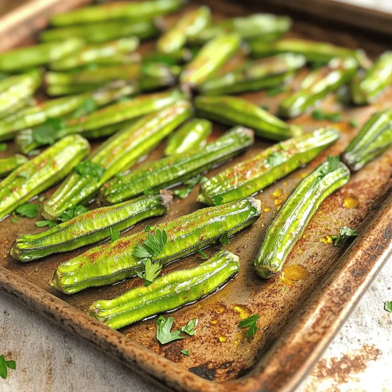 To start, you need fresh okra. Look for firm, green pods that are not too big. Choose about one pound of okra. You will trim the ends and cut them in half. Fresh okra gives the best taste and texture. The right seasonings make this dish sing. Here’s what you need: - 2 tablespoons extra virgin olive oil - 1 teaspoon smoked paprika - 1 teaspoon garlic powder - 1 teaspoon onion powder - 1/2 teaspoon cayenne pepper (optional, for an extra kick) - Salt and freshly cracked black pepper, to taste These seasonings bring out the smoky flavor. Olive oil helps the okra brown nicely. Want to jazz it up? You can add other flavors. Consider these options: - A squeeze of lemon juice for brightness - A dash of cumin for warmth - Parmesan cheese for a savory twist These add-ins can take your roasted okra to the next level. Try them for a fun change! For the full recipe, check the earlier section. Start by preheating your oven to 425°F (220°C). A hot oven is key for crispy okra. It helps the outside get nice and crunchy while keeping the inside tender. This high heat brings out the best flavors. Grab a big mixing bowl. Add 1 pound of trimmed okra halves into it. Pour in 2 tablespoons of extra virgin olive oil. Then, sprinkle in 1 teaspoon of smoked paprika, 1 teaspoon of garlic powder, and 1 teaspoon of onion powder. If you like heat, add 1/2 teaspoon of cayenne pepper too. Finally, season with salt and fresh black pepper to taste. Mix everything well with your hands or a spatula. This step is crucial for that smoky flavor. Each okra piece should be well-coated. Line a baking sheet with parchment paper or grease it lightly. Spread the seasoned okra on the sheet in a single layer. Make sure not to overcrowd them. This helps them roast evenly. Now, place the baking sheet in your preheated oven. Roast for 20-25 minutes. Halfway through, stir the okra to make sure all sides crisp up nicely. You want them tender with a slight crunch on the edges. After roasting, take the baking sheet out and let the okra cool for a bit. Sprinkle with fresh chopped parsley for a bright touch. Enjoy your smoky roasted okra warm for a tasty treat! For the full recipe, check the earlier section. To get that deep smoky taste, use smoked paprika. It adds a warm, rich flavor. Mixing it with garlic powder and onion powder enhances the taste. You can also add cayenne pepper if you love spice. Make sure to coat the okra evenly with the oil and spices. This step is key for that smoky flavor. Even roasting is all about spacing. Spread the okra in a single layer on the baking sheet. If the pieces touch, they will steam instead of roast. Stir the okra halfway through cooking to help it brown evenly. This method gives you crispy edges and tender centers. Presentation matters! Serve the smoky roasted okra on a rustic wooden board. A bright white platter also looks great. Add a wedge of lemon on the side for a pop of color. It adds a fresh touch and a nice zing. Garnish with chopped parsley for a splash of green. This makes the dish look even more appetizing. For the full recipe, check [Full Recipe]. {{image_4}} If you love heat, try adding more cayenne pepper. Use one full teaspoon instead of half. You can also add crushed red pepper for a new twist. This spicy version will tickle your taste buds and warm you up! Mix in fresh herbs for a bright flavor. Try thyme, rosemary, or oregano. Add two teaspoons of your favorite chopped herbs to the oil and spice mix. This will give your okra a fresh and fragrant boost, perfect for summer! This recipe fits many diets. It’s vegan and gluten-free as is. Use a plant-based oil if you want. Olive oil works well, but avocado oil is also great. Feel free to adjust the spices to suit your taste. You can make it as mild or zesty as you like! For the full recipe, check the previous section. To keep your smoky roasted okra tasty, store it in an airtight container. Let it cool first, then place it in the fridge. This method helps maintain flavor and texture. Try to eat the leftovers within three days for the best taste. If you notice any moisture, pat the okra dry before storing. Reheating smoky roasted okra can be tricky. I recommend using an oven or an air fryer. Preheat your oven to 375°F (190°C). Spread the okra on a baking sheet and heat for about 10 minutes. This keeps it crispy. An air fryer works well too, at the same temperature, for about 5-7 minutes. Avoid the microwave, as it makes the okra soggy. If you want to save some for later, freezing is a great option. First, let the roasted okra cool completely. Spread it in a single layer on a baking sheet and freeze for about an hour. Once frozen, transfer the okra to a freezer-safe bag. Remove as much air as possible before sealing. It can last up to three months. When you're ready to use it, just reheat straight from the freezer! When you pick okra, look for bright green pods. They should feel firm and smooth. Avoid okra that has brown spots or looks wilted. Fresh okra bends easily but does not break. This means it is still tender and at its best. Yes, you can use frozen okra. However, fresh okra gives a better texture. Frozen okra can be more watery, which might affect crispness. If you use frozen, thaw it and pat it dry before cooking. This helps reduce moisture for better roasting. To make smoky roasted okra crispy, follow these tips: - Preheat your oven to 425°F (220°C). - Use enough olive oil to coat each piece. - Spread the okra in a single layer on the baking sheet. - Stir them halfway through roasting to allow even cooking. These steps help achieve that crunchy texture. Smoky roasted okra pairs well with many dishes. Try serving it with: - Grilled meats for a hearty meal. - Rice or quinoa for a filling side. - A fresh salad for a lighter option. You can also enjoy it as a snack or appetizer with dips. For the full recipe, check out the Smoky Roasted Okra section. Smoky roasted okra is easy to make and full of flavor. We covered fresh ingredients, essential seasonings, and fun add-ins. You learned step-by-step instructions for oven roasting and tips to get the perfect flavor. We also explored tasty variations for different diets and how to store leftovers properly. In the end, this dish is both versatile and simple. I encourage you to try making it your own!
