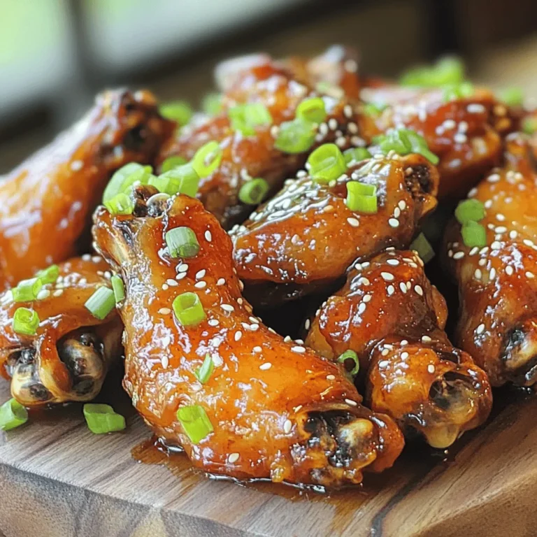 - Chicken wings (2 lbs) - Honey (1/2 cup) - Soy sauce (1/4 cup, low sodium recommended) - Garlic (4 cloves, finely minced) - Fresh ginger (1 tablespoon, grated) - Sriracha (1-2 teaspoons, adjust to taste) - Green onions (2, thinly sliced) - Sesame seeds (optional) The magic of spicy honey garlic wings starts with the main ingredients. First, chicken wings are the star of the show. I love using about 2 pounds; they’re just the right amount for a tasty snack or a meal. Honey adds a sweet kick, balancing the heat. I use half a cup for that perfect glaze. Low-sodium soy sauce, a quarter cup, brings in a savory touch without overpowering the other flavors. Now let’s talk about the extra flavors. Garlic is a must! I use four cloves, finely minced, for a bold taste. Fresh ginger, just one tablespoon grated, adds warmth. For that spicy zing, I use sriracha. Adjust the amount to your spice level; one to two teaspoons works well for most. Finally, we need to make these wings look great. I like garnishing them with sliced green onions. They add color and freshness. A sprinkle of sesame seeds is optional but gives a nice crunch. This combination of ingredients creates a flavor boost that makes these wings irresistible. For the full recipe, check out the link. - Preheat your oven to 400°F (200°C). - Dry the wings thoroughly with paper towels. - In a bowl, whisk together all marinade ingredients. - Make sure the mixture is smooth and well combined. - Marinate the wings for 30 minutes to 2 hours. - Bake the wings on a wire rack for even cooking. - Brush the wings with remaining marinade before finishing. These steps create the perfect spicy honey garlic wings. For the complete recipe, check out the Full Recipe. To get crispy wings, first dry your wings well. Moisture makes them soggy. Pat them dry with paper towels before cooking. This step is key for crispiness. Next, use a wire rack when baking. A wire rack allows air to flow all around the wings. This helps them cook evenly. Place the rack on a baking sheet. This way, any drips will fall away from the wings. Want to adjust the spice level? You can make it milder or hotter. Use less sriracha for a gentler taste. If you love heat, add more! You can also swap sriracha with your favorite hot sauce. This gives the wings a new twist. If you have dietary needs, try these swaps. Use agave instead of honey for a vegan option. You can also use tamari instead of soy sauce. This is a great choice for gluten-free diets. These wings taste great with dipping sauces. Try ranch or blue cheese for a creamy touch. The cooling effect balances the heat. Pair your wings with crunchy celery sticks. The crispness adds a nice contrast to the wings. For a fun twist, serve with carrots or cucumber slices. Enjoy your feast with a great mix of flavors! For the full recipe, check out the complete instructions on how to make these delicious spicy honey garlic wings! {{image_4}} You can easily adjust the spice in your wings. If you love heat, add more sriracha. For a milder taste, use less. You can also try different hot sauces. Each sauce brings its unique flavor. For example, buffalo sauce adds tang, while chipotle gives a smoky kick. Don’t have chicken? No problem! You can use tofu or cauliflower instead. Tofu absorbs flavors well, making it a great choice. Cauliflower wings offer a nice crunch. These options work for vegetarian and vegan diets. Just follow the same recipe steps to prepare them. You have options for cooking methods too. Grilling gives wings a smoky taste and crispy skin. Baking is easy and still gets you that crunch. If you want a no-fuss method, try a slow cooker. It makes the wings tender and flavorful. Just set it up and let it work its magic! After enjoying your spicy honey garlic wings, it’s key to store leftovers properly. Place any uneaten wings in an airtight container. Make sure to cool them to room temperature first. Storing wings this way keeps them fresh and tasty. You can keep them in the fridge for up to three days. After this time, the flavor and texture may decline. If you want to save wings for later, freezing is a great option. First, let the wings cool completely. Then, place them in a freezer-safe bag or container. Remove as much air as possible to prevent freezer burn. You can freeze wings for up to three months. When you’re ready to eat, just thaw them in the fridge overnight. To reheat after freezing, place them on a baking sheet. Bake at 400°F (200°C) for about 20-25 minutes. This method helps retain their crispy texture. Crispiness is key when reheating wings. To maintain that crunch, avoid the microwave. Instead, use your oven or an air fryer. Preheat your oven to 400°F (200°C). Bake wings for 10-15 minutes until they are heated through. If you choose an air fryer, set it to 375°F (190°C) and cook for about 8-10 minutes. This keeps them delicious and crispy. Be cautious with sogginess! If you’re reheating wings, place them on a wire rack. This allows air to circulate and keeps them dry. Enjoy your spicy honey garlic wings again with the same great flavor as before! Marinating chicken wings is key to getting great flavor. I recommend marinating them for at least 30 minutes. This quick soak gives them a burst of flavor. For a deeper taste, let them sit in the marinade for up to 2 hours. The longer they marinate, the better they taste! Yes, you can make these wings in advance! Prepare the marinade and coat the wings a day ahead. Store them in the fridge until you're ready to cook. This method saves time and lets the flavors blend even more. Just remember to let them sit at room temperature for about 15 minutes before baking. Dipping sauces can add extra fun to your wings. Here are some popular choices: - Blue cheese dressing: Its cool creaminess balances the spice. - Ranch dressing: A classic choice that many love. - Honey mustard: Sweet and tangy, it complements the honey in the wings. - Sriracha mayo: For those who crave more heat, this sauce is perfect. Try combining different sauces to find your favorite mix! Check out the Full Recipe for more ideas. This post covered how to make spicy honey garlic wings from start to finish. We looked at key ingredients like chicken wings, honey, and soy sauce. I shared tips for achieving the perfect crispiness and ideas for variations and storage. In conclusion, you can customize these wings to fit your taste. Whether you enjoy them spicy or mild, these flavors will impress. With simple steps and options for every diet, wings can be a fun treat. Enjoy cooking and sharing these tasty meals with friends!