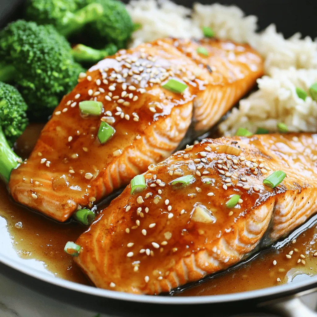 When making honey garlic glazed salmon, you need a few key items. Here’s the complete list of ingredients: - Salmon Fillets: 4 fillets, around 6 ounces each, are perfect for this dish. - Marinade Components: - 1/4 cup honey - 1/4 cup low-sodium soy sauce - 4 cloves garlic, finely minced - 1 teaspoon fresh ginger, finely grated - 1 tablespoon olive oil - Garnishes: - 1 tablespoon sesame seeds - 2 green onions, thinly sliced - Salt and freshly ground pepper to taste These simple ingredients combine to create a dish that is both flavorful and easy to prepare. The sweet honey pairs well with the savory soy sauce, while the garlic and ginger add depth. Using low-sodium soy sauce helps keep the dish balanced and not overly salty. For the best results, choose fresh salmon fillets. The quality of the fish makes a big difference in flavor. Enjoy the process of gathering these ingredients, knowing you’re on your way to a delightful meal. You can find the full recipe linked here for detailed steps on how to prepare this dish. To start, grab a medium mixing bowl. In it, whisk together the honey, low-sodium soy sauce, minced garlic, and grated ginger. You want this mix to be smooth and well combined. This marinade is sweet and savory, which gives the salmon its great flavor. Set it aside while you prep the salmon. Now, take your salmon fillets and pat them dry with paper towels. This step is key for achieving a nice sear. Generously sprinkle salt and freshly ground pepper on both sides of each fillet. Make sure every piece is coated evenly. This simple seasoning enhances the dish and balances the sweetness of the glaze. For cooking, use a large non-stick skillet. Heat the olive oil over medium-high heat until it shimmers. Carefully place the salmon fillets in the skillet, skin-side down. Sear them for about 4-5 minutes, letting the skin get golden and crispy. Then, flip the fillets gently using a spatula. Lower the heat to medium to avoid burning the sauce. Next, pour the prepared honey-garlic mixture over the salmon. Cook for another 4-5 minutes, spooning the glaze over the fillets often. This helps the salmon soak in all that flavor. Once the internal temperature reaches 145°F, remove the salmon from the skillet and let it rest for a minute on a plate. To thicken the sauce, increase the heat slightly and let the remaining sauce simmer for 2-3 minutes, stirring occasionally. Finally, place the salmon on serving plates, drizzle the thickened sauce over each fillet, and garnish with sesame seeds and green onions. This step adds a nice finish and color to your dish. For the full recipe, check out the delicious details! To make great salmon, start with fresh fillets. Look for bright, shiny skin with no brown spots. Always pat the fillets dry. This helps the skin crisp up. Cook your salmon skin-side down first. This gives it a nice golden color. Cook it for about 4-5 minutes on medium-high heat. Flip gently and lower the heat. This avoids burning while it cooks through. Your salmon should reach 145°F inside. A meat thermometer can help you check. The key to a tasty glaze is balance. Use equal parts honey and soy sauce. This gives the glaze sweetness and saltiness. Fresh garlic and ginger add a nice kick. Make sure to whisk the marinade well. This ensures all the flavors mix. When cooking, spoon the glaze over the salmon. This keeps the flavor strong and delicious. Let the sauce simmer to thicken. A thick glaze coats the fish nicely and adds a lovely shine. Honey garlic glazed salmon pairs well with many sides. Try it with steamed broccoli for a fresh crunch. Jasmine rice is another great choice; it soaks up the sauce well. You can also serve it with a salad. A light, citrus salad can brighten the meal. For drinks, a chilled white wine complements the honey flavor. You can also try sparkling water with lemon. These pairings enhance the dish and create a lovely dining experience. For the full recipe, click [Full Recipe]. {{image_4}} You can boost the flavor of your honey garlic glazed salmon by adding lemon zest. Lemon zest adds a bright, fresh taste that balances the sweetness of the honey. To use lemon zest, simply grate the outer peel of a lemon before mixing it into the marinade. A teaspoon is usually enough. This small addition can change the dish and make it stand out. If you want to swap the honey, there are great options. Maple syrup or agave nectar can work well. These sweeteners give a similar sweetness without changing the taste too much. Adjust the amount based on your sweetness level. Start with a 1/4 cup and taste. You might want more or less. This change can suit different diets and preferences. If you like spice, consider adding some heat to your salmon. You can mix in red pepper flakes or sriracha into the marinade. Start with a small amount, like a teaspoon, and taste it. You can always add more if you want extra spice. This variation creates a nice balance between sweet and spicy. It adds depth and excitement to your dish. Feel free to explore these variations to keep your meals fresh and interesting. For the full recipe, check the complete list above. Store leftover honey garlic glazed salmon in an airtight container. Place it in the fridge. It will stay fresh for up to three days. Make sure to let the salmon cool before sealing it. This helps keep moisture and flavor. To reheat, use a microwave or oven. If using a microwave, heat on low power. This avoids drying out the salmon. Cover it with a damp paper towel to retain moisture. If using the oven, place the salmon in a dish. Add a splash of water and cover. Heat at 275°F for about 10-15 minutes. This keeps the fish tender and tasty. You can freeze honey garlic glazed salmon for up to two months. Wrap each fillet tightly in plastic wrap. Then, place it in a freezer-safe bag. Remove as much air as possible. When you're ready to eat, thaw it in the fridge overnight. This keeps the flavor fresh and delightful. The best salmon for this dish is wild-caught salmon. It has rich flavor and firm texture. Sockeye and Coho are great choices. They hold up well to cooking. Farmed salmon can work too, but it may have a milder taste. Choose salmon that is fresh and bright in color. This will ensure a delicious meal. You can check if the salmon is done by looking for its color. It should be opaque and flake easily with a fork. The internal temperature should reach 145°F. You can use a meat thermometer for accuracy. If you do not have one, cook for about 8-10 minutes total on medium heat. The glaze will also help you know when it is ready. Yes, you can prepare the marinade in advance. Just store it in the fridge for up to 2 days. You can also season the salmon and keep it wrapped in the fridge. Just remember to cook it within 24 hours for the best taste. Cooked salmon can be stored too. Keep it in an airtight container for up to 3 days. Reheat gently to keep it moist and tasty. For the full recipe, check out the details above. This blog post shared how to make delicious honey garlic glazed salmon. We covered the key ingredients, from fresh salmon to tasty marinades and garnishes. I outlined step-by-step cooking methods, plus tips for cooking it just right. We explored fun variations to make this dish your own, and I provided storage tips for leftovers. In summary, making this salmon is easy and fun. With simple ingredients and methods, you can impress anyone at the dinner table. Enjoy your cooking adventure!